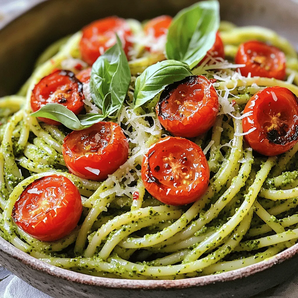 - 400g pasta (spaghetti or your choice) - 300g cherry tomatoes, halved - 1 cup fresh basil leaves - 1/2 cup pine nuts (or walnuts) - 1/2 cup grated Parmesan cheese (or nutritional yeast for a vegan option) - 2 cloves garlic, minced - 1/2 cup extra virgin olive oil - Salt and pepper to taste - Optional: Zest of 1 lemon - Optional: Crushed red pepper flakes - Food processor - Baking sheet - Large pot for boiling pasta - Mixing bowl - Measuring cups and spoons In this recipe for pesto pasta with cherry tomatoes, we need fresh ingredients. Each one boosts the flavor. The pasta serves as a base. I often choose spaghetti, but any pasta works well. Cherry tomatoes add sweetness and color. Roasting them brings out their natural sugars. For the pesto, fresh basil is key. It gives that bright flavor. Nuts add creaminess and texture. I use pine nuts, but walnuts are great, too. Grated Parmesan cheese brings saltiness. If you're vegan, try nutritional yeast instead. Garlic adds a punch, and olive oil ties everything together. Salt and pepper help balance the dish. For extra zing, add lemon zest. Crushed red pepper flakes give a spicy kick, if you like heat. Gather these ingredients and tools for a fun cooking adventure. You will enjoy a fresh and tasty meal. Check out the Full Recipe for detailed steps to create this vibrant dish! Preheat your oven to 200°C (400°F). Take the halved cherry tomatoes and spread them on a baking sheet. Drizzle them with olive oil. Sprinkle salt and pepper on top. This will help bring out their sweetness. Roast these tomatoes for 20 to 25 minutes. They should become soft and slightly caramelized. While the tomatoes roast, fill a large pot with water and add salt. Bring it to a boil. Add your choice of pasta and cook it until al dente. This means it should be firm but not hard. Before draining the pasta, make sure to reserve one cup of the pasta water. This water will help later. Now, it's time to make the pesto. In a food processor, combine fresh basil leaves, pine nuts, grated Parmesan cheese, and minced garlic. Pulse these ingredients until they are finely chopped. While the processor runs, slowly drizzle in extra virgin olive oil. Keep blending until the pesto is smooth. Taste it and adjust with salt, pepper, or even lemon zest if you like. In a large mixing bowl, combine your drained pasta with the fresh pesto. Toss them together until the pasta is well-coated. If your mixture feels too thick, add some reserved pasta water. Do this a little at a time until you reach your desired consistency. Now, gently fold in the roasted cherry tomatoes. Be careful not to break them apart. Once mixed, your dish is ready to serve! You can garnish with extra Parmesan cheese or crushed red pepper flakes for a little heat. Enjoy your vibrant pesto pasta with roasted cherry tomatoes! For the complete recipe, check out the Full Recipe section. To boost the flavor of your pesto pasta, always choose a high-quality olive oil. This oil can make a big difference in taste. A rich, fruity olive oil adds depth to your dish. You can also try different nuts in your pesto. Pine nuts are classic, but walnuts or cashews can give a unique twist. Each nut brings its own flavor, so feel free to experiment and find your favorite mix. For a creamy texture, reserve some pasta water before you drain your pasta. This water is starchy and helps the sauce cling to the pasta. Add a little at a time until you reach the right creaminess. Be careful not to overcook your pasta. Cook it until al dente, so it has a nice bite. This keeps the pasta from becoming mushy when mixed with the pesto. For a fresh flavor boost, add some chopped herbs like parsley or basil on top. They brighten up the dish and add color. You can also serve your pesto pasta with a crisp salad or warm garlic bread. These sides complement the pasta well and make for a complete meal. For the full recipe, check out the instructions above. {{image_2}} For a vegan twist, simply swap out Parmesan cheese for nutritional yeast. This change keeps the flavor rich and gives your pesto a cheesy taste without using dairy. Nutritional yeast is packed with vitamins and has a nutty flavor. If you want to make this dish heartier, add protein like grilled chicken or shrimp. Cook your protein separately, then mix it in when you combine the pasta and pesto. This adds a nice texture and boosts the meal's nutrition. You can also switch up the vegetables based on what’s in season. In summer, try zucchini or bell peppers. In fall, consider adding roasted squash or broccoli. These changes keep the dish fresh and exciting throughout the year. For the complete recipe, check out the Full Recipe. After you enjoy your meal, store any leftovers in an airtight container. This keeps the pasta fresh and tasty. Make sure to refrigerate the container. Consume within 3 days for the best flavor. If you want to save some pesto for later, freeze it separately. Pesto freezes well in ice cube trays. Once frozen, transfer the cubes to a freezer-safe bag. This way, you can enjoy fresh pesto anytime you want. To reheat your pesto pasta, gently warm it on the stove. Add a splash of water to keep it moist. Stir often to ensure even heating. Avoid the microwave; it can make the pasta dry. Yes, you can use store-bought pesto. It saves time and is convenient. However, homemade pesto offers fresh flavors and can be tailored to your taste. Store-bought versions may have preservatives that alter the taste. If you choose store-bought, look for high-quality brands with simple ingredients for the best flavor. I recommend using spaghetti for a classic look. Fettuccine or penne also work well. Each pasta type holds sauce differently, so choose based on your preference. Thin pasta like angel hair may clump, while thicker pasta captures the pesto better. To make this dish gluten-free, use gluten-free pasta. Options like brown rice or chickpea pasta work well. Be sure to check the cooking time, as gluten-free pasta can cook faster or slower than regular pasta. Adjust your timing to avoid mushy pasta. Yes, you can use frozen cherry tomatoes. Thaw them before roasting to get a better texture. They may not caramelize as well as fresh tomatoes but will still add flavor. Adjust the roasting time as needed, as frozen tomatoes release more moisture. This dish combines simple ingredients for a tasty pasta meal. You learned to make roasted cherry tomatoes and a basil pesto. Using quality olive oil and reserved pasta water enhances the flavor and texture. Remember, you can make it vegan or add protein easily. Storing leftovers is simple, and reheating takes just a few minutes. Enjoy exploring this recipe and customizing it to your tastes. Happy cooking!