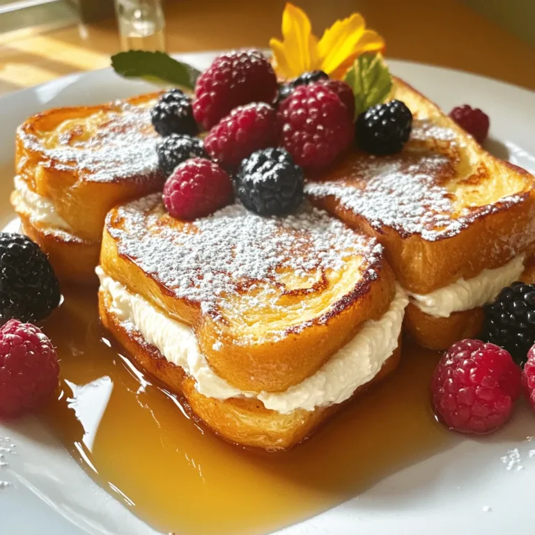 To make Cream Cheese Stuffed French Toast, you will need the following ingredients: - 8 slices of thick bread (like brioche or challah) - 4 ounces cream cheese, softened - 2 tablespoons powdered sugar - 1 teaspoon vanilla extract - 2 large eggs - 1 cup milk - 1 teaspoon cinnamon - 1 tablespoon butter (for frying) - Maple syrup, for serving - Fresh berries (optional, for garnish) The cream cheese filling is the star of this dish. Here’s what you need: - 4 ounces cream cheese, softened - 2 tablespoons powdered sugar - 1 teaspoon vanilla extract Mix these three items together. You want a smooth and creamy texture. This blend adds a sweet and rich flavor to the toast. Choosing the right bread is key. I recommend using thick-cut bread. Here are my top picks: - Brioche: This bread is soft and buttery. It absorbs the egg mixture well. - Challah: This bread has a rich flavor and is slightly sweet, making it a perfect match. - Texas toast: If you want a thicker slice, this bread works great too. These options give the toast a nice taste and hold the filling well. Enjoy crafting your delicious breakfast! To make the filling, start with a medium bowl. Add the softened cream cheese, powdered sugar, and vanilla extract. Mix them well until smooth and creamy. This step is key. A good filling makes a big difference in taste. Set the bowl aside while you prepare the toast. Now, take four slices of your thick bread. Spread a generous amount of the cream cheese mixture on each slice. Make sure to cover it well. Next, top with the remaining bread slices to form sandwiches. Press down lightly to hold them together. This helps the filling stay inside during cooking. Heat a skillet or griddle over medium heat. Add one tablespoon of butter and let it melt. In a shallow bowl, whisk together two large eggs, one cup of milk, and one teaspoon of cinnamon. Dip each sandwich into this egg mixture. Coat both sides, but don’t soak them too long. Once the skillet is hot, place the dipped sandwiches on it. Cook for about 3-4 minutes on each side. Look for a golden brown color and a slight crisp. When done, remove them from the skillet. Serve warm, drizzled with maple syrup and fresh berries if you like. This step brings your dish to life. Enjoy your delightful cream cheese stuffed French toast! For the complete recipe, check out the Full Recipe section. To make the best cream cheese stuffed French toast, you need a good filling. Use a smooth, creamy mixture so it spreads easily. Mix softened cream cheese with powdered sugar and vanilla extract. Make sure there are no lumps. This step is key for great flavor. Spread a generous layer on the bread. Don't be shy; the more, the better! Getting that perfect golden brown color is all about heat. Start with a medium heat on your skillet. If the heat is too low, your toast may soak up too much egg mixture. If it’s too high, the outside burns before the inside cooks. Cook each side for about 3-4 minutes. Look for a nice golden shade, and trust your senses! Serve your cream cheese stuffed French toast with maple syrup. It adds a sweet touch that melts into each bite. Fresh berries make a great garnish too. They add color and a burst of flavor. You can also pair it with whipped cream or a dusting of powdered sugar. For a fun twist, serve it with a side of bacon for a salty contrast. Enjoy! {{image_2}} You can mix it up with flavors! Add chocolate chips to your cream cheese for a sweet twist. You can also stir in fresh fruit, like strawberries or blueberries, for a fruity kick. If you love banana, mash it into the filling too. Each flavor gives a new taste. If you need gluten-free bread, use your favorite brand. Many stores offer tasty gluten-free options. For a dairy-free version, swap cream cheese with a dairy-free cream cheese. Use almond or coconut milk instead of regular milk. These swaps make it easy to enjoy this dish, even with dietary needs. Toppings can take your dish to the next level. Try whipped cream or yogurt for a creamy touch. Fresh fruit adds color and taste. Nuts, like almonds or walnuts, give a nice crunch. You can also sprinkle powdered sugar for sweetness. Serve with crispy bacon or sausages for a hearty meal. Each topping adds fun and flavor to your plate. Check out the Full Recipe for more ways to enjoy this dish! To keep your cream cheese stuffed French toast fresh, place leftovers in an airtight container. Store them in the fridge for up to three days. This helps maintain flavor and texture. If you want to save them for longer, freezing is a great option. When you are ready to eat the leftovers, use the oven for reheating. Preheat your oven to 350°F (175°C). Place the stuffed French toast on a baking sheet. Heat for about 10 to 15 minutes until warm and crispy. You can also use a microwave, but the toast may get soft. If you want to freeze your stuffed French toast, first let it cool down completely. Wrap each piece in plastic wrap, then place them in a freezer bag. They can last up to three months in the freezer. When you’re ready to enjoy, just thaw in the fridge overnight and reheat. For a quick meal, you can cook directly from frozen, adding a few extra minutes to your cooking time. You will love how easy this makes breakfast! To make Cream Cheese Stuffed French Toast, start by mixing cream cheese, powdered sugar, and vanilla in a bowl. Then, spread this mixture on half of the bread slices. Top these with the other slices to form sandwiches. Next, whisk eggs, milk, and cinnamon in a shallow bowl. Heat butter on a skillet and dip each sandwich into the egg mix. Cook on medium heat for about 3-4 minutes per side until golden. Finally, serve warm with maple syrup and fresh berries. This full recipe will guide you through every step. Yes, you can use other cheeses. Mascarpone adds a rich flavor. Ricotta works well too, offering a lighter texture. For a twist, try goat cheese for a tangy bite. Each cheese gives a unique taste, so feel free to experiment. Thick bread works best for French toast. I recommend brioche or challah for their rich flavors and soft texture. Sourdough also makes a great option, giving a nice tang. The key is to choose bread that can soak up the egg mix without falling apart. You can prepare the cream cheese filling a day in advance. Assemble the sandwiches and store them in the fridge. Just before cooking, dip them in the egg mixture. If you want to make it even earlier, you can freeze the assembled sandwiches. Thaw in the fridge overnight before cooking. There are many great toppings to try! Fresh fruits like strawberries or blueberries add sweetness. Whipped cream makes it extra special. You can also sprinkle nuts or chocolate chips for crunch. A dusting of powdered sugar can give it a nice finish. Get creative with your favorite flavors! In this guide, I covered how to make delicious cream cheese stuffed French toast. We explored the ingredients needed, the steps for preparation, and tips for cooking. I shared variations to keep things fun and exciting. Remember to store leftovers properly for later enjoyment. With this knowledge, you can impress anyone with your breakfast skills. Try different flavors and toppings to find your favorite. Now, you are ready to make a tasty meal that's simple and satisfying. Enjoy your cooking adventure!