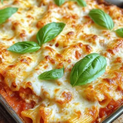 Five-Cheese Ziti al Forno is a creamy and hearty meal. It uses rich cheeses and pasta. Each bite offers comfort and warmth. The blend of flavors makes it a family favorite. You can find the complete recipe below. To make this delicious dish, you will need: - 1 pound (450g) ziti pasta - 2 cups marinara sauce - 1 cup ricotta cheese - 1 cup mozzarella cheese, shredded - 1 cup provolone cheese, shredded - 1/2 cup Parmesan cheese, grated - 1/2 cup goat cheese, crumbled - 2 cloves garlic, minced - 1 teaspoon dried oregano - 1 teaspoon dried basil - Salt and pepper, to taste - 1 tablespoon olive oil - Fresh basil leaves, for garnish Each cheese adds its unique flavor. The ricotta gives creaminess, while mozzarella and provolone melt beautifully. Parmesan adds a lovely crunch on top. Goat cheese brings a tangy twist, making it special. You can customize the dish with fun add-ins: - Cooked ground beef or sausage for protein - Sautéed mushrooms for earthiness - Spinach or kale for a veggie boost - Red pepper flakes for heat These options let you change the flavor while keeping the main recipe intact. Mix and match based on what you love. Enjoy your cooking! To make Five-Cheese Ziti al Forno, start by preheating your oven to 375°F (190°C). Next, boil a large pot of salted water. Cook the ziti pasta according to the package until it is firm but tender, known as al dente. Drain the pasta and set it aside. In a big mixing bowl, combine the marinara sauce, ricotta cheese, half of the mozzarella, and half of the provolone. Add minced garlic, oregano, and basil. Season this mix with salt and pepper. Stir well to combine. Then, fold in the cooked ziti pasta until each piece is coated in the creamy sauce. Now, grab a greased 9x13-inch baking dish. Spread half of the ziti mixture in an even layer on the bottom. Sprinkle half of the crumbled goat cheese and half of the remaining mozzarella and provolone on top. Layer the rest of the ziti mixture over this base. Add the remaining goat cheese and the last of the mozzarella and provolone. Finish by sprinkling grated Parmesan cheese on top. This will create a lovely golden crust when baked. Drizzle olive oil over the top for added flavor. Cover the dish with aluminum foil and bake for 20 minutes. After that, remove the foil and bake for another 15 to 20 minutes. Watch for a bubbly, golden surface. Once it's perfect, let it cool for a few minutes. Garnish with fresh basil leaves before serving. To get that dreamy cheese layer, use a mix of fresh and aged cheeses. Fresh mozzarella melts beautifully, while aged cheeses like Parmesan add depth. Layer the cheeses evenly to ensure every bite is cheesy. For extra flavor, consider adding a sprinkle of garlic powder or red pepper flakes. This will give your dish a nice kick. Be careful not to overload the top layer. Too much cheese can make it greasy instead of creamy. For the best results, use high-quality cheese. Fresh ingredients elevate your dish to a whole new level. You can find some great options at local cheese shops or farmer's markets. Enjoy the process and have fun with your Five-Cheese Ziti al Forno! When making Five-Cheese Ziti al Forno, avoid overcooking the pasta. Cook it just until it is al dente. This helps keep the pasta firm. If you use too much marinara sauce, the dish may become soggy. Balance is key! Also, don’t skip the layering step. It ensures every bite is cheesy and tasty. You can prepare this dish a day in advance. Just follow the recipe up to the baking step. Cover it with foil and place it in the fridge. When you're ready to bake, let it sit at room temperature for about 30 minutes. This helps it bake evenly. To reheat, cover it with foil and bake at 350°F (175°C) for 25-30 minutes. Remove the foil for the last 10 minutes to get a nice crust. Five-Cheese Ziti al Forno pairs well with a fresh salad. A simple green salad with vinaigrette works great. You can also serve it with garlic bread for a hearty meal. For a drink, a light red wine like Chianti complements the dish well. Don't forget to sprinkle fresh basil on top for added flavor and color. Enjoy this meal with family and friends! {{image_2}} You can make Five-Cheese Ziti al Forno vegetarian-friendly. Just skip any meat. Focus on fresh veggies like spinach, zucchini, or mushrooms. They add great taste and texture. You can also add some red bell pepper for color. More cheese can replace meat too. Try adding an extra layer of mozzarella or provolone for a cheesy boost. Want to make your ziti more filling? Add protein! Cooked chicken, sausage, or ground beef work well. You can use cooked turkey for a lighter option. Just mix the protein into the cheese sauce. This makes each bite more satisfying. You can even use shrimp for a fun twist. Just make sure your protein is fully cooked before mixing. Feel free to play with the cheeses in this dish. If you love blue cheese, add a bit for a bold flavor. Swap out goat cheese for feta for a tangy touch. You can also try using smoked cheese for a unique taste. Each cheese brings its own flair. Mixing different cheeses can create a fun flavor profile. Just remember, keep the cheese ratios balanced to maintain creaminess. For the full recipe, check out the Five-Cheese Ziti al Forno section above and enjoy your cooking! You can store your Five-Cheese Ziti al Forno in the fridge. Place it in an airtight container. It stays fresh for about 3 to 5 days. Make sure it cools down before sealing. This helps keep it tasty and safe. If you want to save it for later, freezing works great. Use a freezer-safe container or wrap it tightly in plastic wrap. It lasts about 2 to 3 months in the freezer. To reheat, let it thaw in the fridge overnight. When storing leftovers, divide them into smaller portions. This makes reheating easy. Always label your containers with the date. You can enjoy your creamy and hearty meal whenever you want. For the full recipe, check out the link! You can use penne or rigatoni as a substitute for ziti pasta. Both hold sauce well. If you want a gluten-free option, use gluten-free pasta. Just check the package for cooking times. You want your pasta to be al dente before baking. Yes, using store-bought marinara sauce is a great time-saver. Look for a brand with natural ingredients. A good sauce can make your dish taste rich and fresh. However, if you have time, try making your own. It adds a personal touch. To make this meal gluten-free, use gluten-free ziti pasta. Many brands offer this option. Also, check the marinara sauce for gluten. Most store-bought sauces are safe, but it’s good to verify. Follow the rest of the recipe as normal. Enjoy a creamy and hearty meal! In this post, we covered how to make a delicious Five-Cheese Ziti al Forno. We explored the key ingredients, step-by-step cooking instructions, and helpful tips to ensure your dish shines. I also shared great variations to suit your taste and storage tips for leftovers. Remember, cooking is about exploration and fun. Don’t fear mistakes. Use this recipe as a base, and let your creativity flow with flavors. Enjoy your ziti and happy cooking!