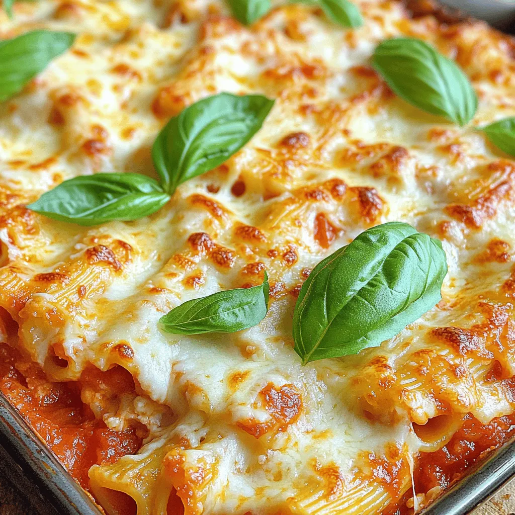 Five-Cheese Ziti al Forno is a creamy and hearty meal. It uses rich cheeses and pasta. Each bite offers comfort and warmth. The blend of flavors makes it a family favorite. You can find the complete recipe below. To make this delicious dish, you will need: - 1 pound (450g) ziti pasta - 2 cups marinara sauce - 1 cup ricotta cheese - 1 cup mozzarella cheese, shredded - 1 cup provolone cheese, shredded - 1/2 cup Parmesan cheese, grated - 1/2 cup goat cheese, crumbled - 2 cloves garlic, minced - 1 teaspoon dried oregano - 1 teaspoon dried basil - Salt and pepper, to taste - 1 tablespoon olive oil - Fresh basil leaves, for garnish Each cheese adds its unique flavor. The ricotta gives creaminess, while mozzarella and provolone melt beautifully. Parmesan adds a lovely crunch on top. Goat cheese brings a tangy twist, making it special. You can customize the dish with fun add-ins: - Cooked ground beef or sausage for protein - Sautéed mushrooms for earthiness - Spinach or kale for a veggie boost - Red pepper flakes for heat These options let you change the flavor while keeping the main recipe intact. Mix and match based on what you love. Enjoy your cooking! To make Five-Cheese Ziti al Forno, start by preheating your oven to 375°F (190°C). Next, boil a large pot of salted water. Cook the ziti pasta according to the package until it is firm but tender, known as al dente. Drain the pasta and set it aside. In a big mixing bowl, combine the marinara sauce, ricotta cheese, half of the mozzarella, and half of the provolone. Add minced garlic, oregano, and basil. Season this mix with salt and pepper. Stir well to combine. Then, fold in the cooked ziti pasta until each piece is coated in the creamy sauce. Now, grab a greased 9x13-inch baking dish. Spread half of the ziti mixture in an even layer on the bottom. Sprinkle half of the crumbled goat cheese and half of the remaining mozzarella and provolone on top. Layer the rest of the ziti mixture over this base. Add the remaining goat cheese and the last of the mozzarella and provolone. Finish by sprinkling grated Parmesan cheese on top. This will create a lovely golden crust when baked. Drizzle olive oil over the top for added flavor. Cover the dish with aluminum foil and bake for 20 minutes. After that, remove the foil and bake for another 15 to 20 minutes. Watch for a bubbly, golden surface. Once it's perfect, let it cool for a few minutes. Garnish with fresh basil leaves before serving. To get that dreamy cheese layer, use a mix of fresh and aged cheeses. Fresh mozzarella melts beautifully, while aged cheeses like Parmesan add depth. Layer the cheeses evenly to ensure every bite is cheesy. For extra flavor, consider adding a sprinkle of garlic powder or red pepper flakes. This will give your dish a nice kick. Be careful not to overload the top layer. Too much cheese can make it greasy instead of creamy. For the best results, use high-quality cheese. Fresh ingredients elevate your dish to a whole new level. You can find some great options at local cheese shops or farmer's markets. Enjoy the process and have fun with your Five-Cheese Ziti al Forno! When making Five-Cheese Ziti al Forno, avoid overcooking the pasta. Cook it just until it is al dente. This helps keep the pasta firm. If you use too much marinara sauce, the dish may become soggy. Balance is key! Also, don’t skip the layering step. It ensures every bite is cheesy and tasty. You can prepare this dish a day in advance. Just follow the recipe up to the baking step. Cover it with foil and place it in the fridge. When you're ready to bake, let it sit at room temperature for about 30 minutes. This helps it bake evenly. To reheat, cover it with foil and bake at 350°F (175°C) for 25-30 minutes. Remove the foil for the last 10 minutes to get a nice crust. Five-Cheese Ziti al Forno pairs well with a fresh salad. A simple green salad with vinaigrette works great. You can also serve it with garlic bread for a hearty meal. For a drink, a light red wine like Chianti complements the dish well. Don't forget to sprinkle fresh basil on top for added flavor and color. Enjoy this meal with family and friends! {{image_2}} You can make Five-Cheese Ziti al Forno vegetarian-friendly. Just skip any meat. Focus on fresh veggies like spinach, zucchini, or mushrooms. They add great taste and texture. You can also add some red bell pepper for color. More cheese can replace meat too. Try adding an extra layer of mozzarella or provolone for a cheesy boost. Want to make your ziti more filling? Add protein! Cooked chicken, sausage, or ground beef work well. You can use cooked turkey for a lighter option. Just mix the protein into the cheese sauce. This makes each bite more satisfying. You can even use shrimp for a fun twist. Just make sure your protein is fully cooked before mixing. Feel free to play with the cheeses in this dish. If you love blue cheese, add a bit for a bold flavor. Swap out goat cheese for feta for a tangy touch. You can also try using smoked cheese for a unique taste. Each cheese brings its own flair. Mixing different cheeses can create a fun flavor profile. Just remember, keep the cheese ratios balanced to maintain creaminess. For the full recipe, check out the Five-Cheese Ziti al Forno section above and enjoy your cooking! You can store your Five-Cheese Ziti al Forno in the fridge. Place it in an airtight container. It stays fresh for about 3 to 5 days. Make sure it cools down before sealing. This helps keep it tasty and safe. If you want to save it for later, freezing works great. Use a freezer-safe container or wrap it tightly in plastic wrap. It lasts about 2 to 3 months in the freezer. To reheat, let it thaw in the fridge overnight. When storing leftovers, divide them into smaller portions. This makes reheating easy. Always label your containers with the date. You can enjoy your creamy and hearty meal whenever you want. For the full recipe, check out the link! You can use penne or rigatoni as a substitute for ziti pasta. Both hold sauce well. If you want a gluten-free option, use gluten-free pasta. Just check the package for cooking times. You want your pasta to be al dente before baking. Yes, using store-bought marinara sauce is a great time-saver. Look for a brand with natural ingredients. A good sauce can make your dish taste rich and fresh. However, if you have time, try making your own. It adds a personal touch. To make this meal gluten-free, use gluten-free ziti pasta. Many brands offer this option. Also, check the marinara sauce for gluten. Most store-bought sauces are safe, but it’s good to verify. Follow the rest of the recipe as normal. Enjoy a creamy and hearty meal! In this post, we covered how to make a delicious Five-Cheese Ziti al Forno. We explored the key ingredients, step-by-step cooking instructions, and helpful tips to ensure your dish shines. I also shared great variations to suit your taste and storage tips for leftovers. Remember, cooking is about exploration and fun. Don’t fear mistakes. Use this recipe as a base, and let your creativity flow with flavors. Enjoy your ziti and happy cooking!