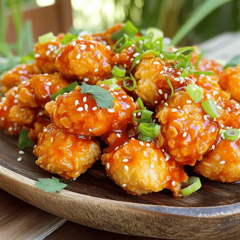 - 500g chicken breast, cut into bite-sized pieces - 1 cup buttermilk - 1 cup all-purpose flour - 1 teaspoon paprika - 1/2 teaspoon garlic powder - 1/2 teaspoon onion powder - Salt and pepper to taste - 1/4 cup mayonnaise - 2 tablespoons sweet chili sauce - 1 tablespoon sriracha (adjust for desired heat) Bang Bang Chicken is a dish with bold flavors. It starts with chicken breast, which I cut into small pieces. Soaking chicken in buttermilk makes it juicy and tender. The buttermilk adds flavor too. You can marinate the chicken for at least one hour, or up to overnight for more taste. For the coating, I use all-purpose flour mixed with seasonings. Paprika gives a nice color and warmth. Garlic and onion powder add depth to the flavor. Don't forget to season with salt and pepper! The sauce is the star. I mix mayonnaise with sweet chili sauce for sweetness. Sriracha brings a kick. You can adjust the amount of sriracha to control the heat. This combination of ingredients makes the dish exciting and delicious. You will love how they work together! For the full recipe, check out the detailed instructions. - Combine buttermilk, salt, and pepper in a large bowl. - Submerge chicken pieces in the mixture and refrigerate for at least 1 hour. Marinating makes the chicken tender and flavorful. The buttermilk helps to break down the proteins. This step is key for juicy chicken. - Mix flour with paprika, garlic powder, onion powder, salt, and pepper. - Heat vegetable oil in a deep frying pan over medium-high heat. Mixing the seasonings into the flour adds flavor to the chicken. Heating the oil correctly ensures a crispy coating. The oil should be hot but not smoking. - Dredge marinated chicken in the flour mixture. - Fry chicken pieces until golden brown, about 4-5 minutes. Coating chicken in flour gives it a crunchy texture. Frying in batches avoids overcrowding and helps cook evenly. Once golden, drain on paper towels to remove excess oil. - Whisk together mayonnaise, sweet chili sauce, and sriracha until smooth. This sauce is what makes Bang Bang Chicken special. It brings a creamy, spicy kick that enhances the dish. Adjust the sriracha for more or less heat. - Coat fried chicken in the bang bang sauce. - Garnish with sliced green onions and sesame seeds. Tossing chicken in the sauce ensures every piece is flavorful. The green onions and sesame seeds add a nice crunch and visual appeal. Serve this dish hot for the best experience. - Temperature of the oil: Heat the oil to 350°F (175°C). This helps the chicken cook evenly. Use a thermometer for best results. If the oil is too cool, the chicken will be soggy. If it's too hot, it can burn. - Avoiding overcrowding: Fry in small batches. If you add too many pieces at once, the oil temperature drops. This leads to uneven cooking. Aim for a few pieces at a time. This ensures each piece gets golden brown and crispy. - Marination duration: Marinate your chicken for at least one hour. For deeper flavor, let it marinate overnight. The buttermilk makes the chicken tender and juicy. - Additional spices to consider: Try adding cayenne for heat or smoked paprika for a richer taste. A dash of black pepper can also enhance the flavor. Experiment to find your perfect mix. - Side dishes: Serve Bang Bang Chicken with jasmine rice or a fresh salad. These sides balance the meal and add freshness. You can also pair it with steamed vegetables for color. - Presentation tips: Use a large white plate to showcase the chicken. Drizzle extra bang bang sauce on top for flair. Add sliced green onions and sesame seeds as a colorful garnish. This makes the dish visually appealing and delicious. For the complete recipe, check out the [Full Recipe]. {{image_2}} If you want a lighter version of Bang Bang Chicken, you can bake it instead of frying. Baking requires less oil and still gives you a nice crisp. Preheat your oven to 400°F (200°C). Place the coated chicken on a baking sheet lined with parchment paper. Bake for about 20 minutes or until golden brown. This method is simple and cuts down on calories. You can also switch up the sauce. Instead of using mayonnaise, try Greek yogurt. It adds creaminess with fewer calories. You can mix it with honey for sweetness or use low-sodium soy sauce for a different kick. These changes keep the flavor while making it healthier. Adding spices can enhance the flavor of Bang Bang Chicken. Try using chili powder for a smoky taste. You can also add cumin for warmth. If you like heat, consider cayenne pepper or even a dash of curry powder. Each spice brings a unique twist to the dish. Incorporating local ingredients can also make this meal your own. For example, add fresh herbs like cilantro or basil for a burst of freshness. You can also use local chili sauces to give it a regional flair. This way, you get to enjoy Bang Bang Chicken with your personal touch. For a gluten-free option, use almond flour or gluten-free all-purpose flour instead of regular flour. This keeps the crunch while making it safe for those with gluten intolerance. Make sure to check that your sauces are gluten-free as well. If you want to make a vegan version, swap the chicken for tofu or cauliflower. Marinate the tofu just like the chicken. Fry or bake until crispy. Use vegan mayo in the sauce for a creamy texture. This way, you can enjoy Bang Bang Chicken in a plant-based style. You can find the Full Recipe for all these variations above. To store leftovers, let the chicken cool first. Place it in an airtight container. This keeps the chicken fresh for up to three days. Always cover the chicken to avoid drying it out. If you want to keep the bang bang sauce, store it separately. This helps keep the sauce creamy and tasty. Best practices for freshness: - Use the chicken within three days. - Reheat only the portion you will eat. - Avoid reheating more than once for best taste. You can freeze fried chicken for longer storage. Follow these steps to freeze it well. First, let the chicken cool completely. Then, place it in a freezer-safe bag. Press out as much air as you can. This helps prevent freezer burn. Thawing and reheating tips: - To thaw, place the chicken in the fridge overnight. - For quick thawing, use the microwave. - Reheat in the oven to keep it crispy. Bake at 375°F (190°C) for about 20 minutes. This ensures it warms up without getting soggy. For a complete guide on making this delicious dish, be sure to check the Full Recipe. Bang Bang Chicken is a fun and tasty dish. It features crispy chicken pieces coated in a creamy, spicy sauce. The sauce mixes sweet and heat in perfect harmony. This dish gets its name from the sound of the frying chicken. The blend of flavors makes it a crowd-pleaser. Yes, you can! If you don't want to use chicken breast, try tofu or shrimp. Both options work well in this recipe. You can also use turkey or seitan for a different twist. To adjust the heat, change the amount of sriracha in the sauce. If you like it milder, use less sriracha. For more heat, add extra. You can also use a hot sauce with a lower heat level. Bang Bang Chicken pairs well with several sides. I recommend serving it with jasmine rice or a fresh salad. You can also add steamed broccoli or a stir-fried veggie mix for color and crunch. You can store leftovers in the fridge for about three days. Keep them in an airtight container. For the best taste, eat them within two days. Reheat in the oven for crispy chicken. For a full recipe, check out the Bang Bang Chicken directions above. This blog taught you how to make Bang Bang Chicken. We covered key ingredients, cooking steps, and storage tips. Marinating the chicken in buttermilk makes it juicy. Mixing the right spices enhances flavor. You can try healthier cooking methods too. Enjoy exploring different variations to suit your taste. Whether you keep it classic or add your twist, this dish is simple and fun. With the right tips, your Bang Bang Chicken will impress everyone. Happy cooking!