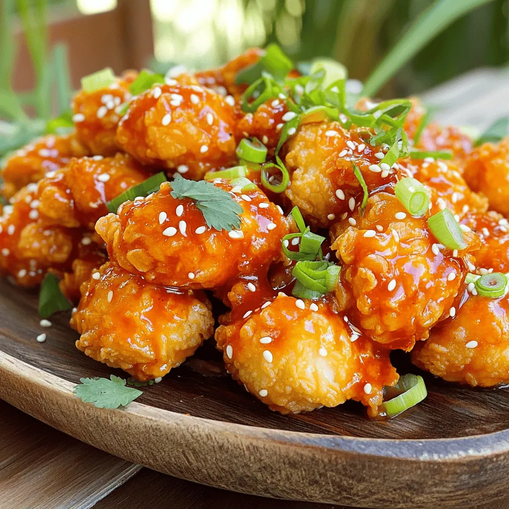 - 500g chicken breast, cut into bite-sized pieces - 1 cup buttermilk - 1 cup all-purpose flour - 1 teaspoon paprika - 1/2 teaspoon garlic powder - 1/2 teaspoon onion powder - Salt and pepper to taste - 1/4 cup mayonnaise - 2 tablespoons sweet chili sauce - 1 tablespoon sriracha (adjust for desired heat) Bang Bang Chicken is a dish with bold flavors. It starts with chicken breast, which I cut into small pieces. Soaking chicken in buttermilk makes it juicy and tender. The buttermilk adds flavor too. You can marinate the chicken for at least one hour, or up to overnight for more taste. For the coating, I use all-purpose flour mixed with seasonings. Paprika gives a nice color and warmth. Garlic and onion powder add depth to the flavor. Don't forget to season with salt and pepper! The sauce is the star. I mix mayonnaise with sweet chili sauce for sweetness. Sriracha brings a kick. You can adjust the amount of sriracha to control the heat. This combination of ingredients makes the dish exciting and delicious. You will love how they work together! For the full recipe, check out the detailed instructions. - Combine buttermilk, salt, and pepper in a large bowl. - Submerge chicken pieces in the mixture and refrigerate for at least 1 hour. Marinating makes the chicken tender and flavorful. The buttermilk helps to break down the proteins. This step is key for juicy chicken. - Mix flour with paprika, garlic powder, onion powder, salt, and pepper. - Heat vegetable oil in a deep frying pan over medium-high heat. Mixing the seasonings into the flour adds flavor to the chicken. Heating the oil correctly ensures a crispy coating. The oil should be hot but not smoking. - Dredge marinated chicken in the flour mixture. - Fry chicken pieces until golden brown, about 4-5 minutes. Coating chicken in flour gives it a crunchy texture. Frying in batches avoids overcrowding and helps cook evenly. Once golden, drain on paper towels to remove excess oil. - Whisk together mayonnaise, sweet chili sauce, and sriracha until smooth. This sauce is what makes Bang Bang Chicken special. It brings a creamy, spicy kick that enhances the dish. Adjust the sriracha for more or less heat. - Coat fried chicken in the bang bang sauce. - Garnish with sliced green onions and sesame seeds. Tossing chicken in the sauce ensures every piece is flavorful. The green onions and sesame seeds add a nice crunch and visual appeal. Serve this dish hot for the best experience. - Temperature of the oil: Heat the oil to 350°F (175°C). This helps the chicken cook evenly. Use a thermometer for best results. If the oil is too cool, the chicken will be soggy. If it's too hot, it can burn. - Avoiding overcrowding: Fry in small batches. If you add too many pieces at once, the oil temperature drops. This leads to uneven cooking. Aim for a few pieces at a time. This ensures each piece gets golden brown and crispy. - Marination duration: Marinate your chicken for at least one hour. For deeper flavor, let it marinate overnight. The buttermilk makes the chicken tender and juicy. - Additional spices to consider: Try adding cayenne for heat or smoked paprika for a richer taste. A dash of black pepper can also enhance the flavor. Experiment to find your perfect mix. - Side dishes: Serve Bang Bang Chicken with jasmine rice or a fresh salad. These sides balance the meal and add freshness. You can also pair it with steamed vegetables for color. - Presentation tips: Use a large white plate to showcase the chicken. Drizzle extra bang bang sauce on top for flair. Add sliced green onions and sesame seeds as a colorful garnish. This makes the dish visually appealing and delicious. For the complete recipe, check out the [Full Recipe]. {{image_2}} If you want a lighter version of Bang Bang Chicken, you can bake it instead of frying. Baking requires less oil and still gives you a nice crisp. Preheat your oven to 400°F (200°C). Place the coated chicken on a baking sheet lined with parchment paper. Bake for about 20 minutes or until golden brown. This method is simple and cuts down on calories. You can also switch up the sauce. Instead of using mayonnaise, try Greek yogurt. It adds creaminess with fewer calories. You can mix it with honey for sweetness or use low-sodium soy sauce for a different kick. These changes keep the flavor while making it healthier. Adding spices can enhance the flavor of Bang Bang Chicken. Try using chili powder for a smoky taste. You can also add cumin for warmth. If you like heat, consider cayenne pepper or even a dash of curry powder. Each spice brings a unique twist to the dish. Incorporating local ingredients can also make this meal your own. For example, add fresh herbs like cilantro or basil for a burst of freshness. You can also use local chili sauces to give it a regional flair. This way, you get to enjoy Bang Bang Chicken with your personal touch. For a gluten-free option, use almond flour or gluten-free all-purpose flour instead of regular flour. This keeps the crunch while making it safe for those with gluten intolerance. Make sure to check that your sauces are gluten-free as well. If you want to make a vegan version, swap the chicken for tofu or cauliflower. Marinate the tofu just like the chicken. Fry or bake until crispy. Use vegan mayo in the sauce for a creamy texture. This way, you can enjoy Bang Bang Chicken in a plant-based style. You can find the Full Recipe for all these variations above. To store leftovers, let the chicken cool first. Place it in an airtight container. This keeps the chicken fresh for up to three days. Always cover the chicken to avoid drying it out. If you want to keep the bang bang sauce, store it separately. This helps keep the sauce creamy and tasty. Best practices for freshness: - Use the chicken within three days. - Reheat only the portion you will eat. - Avoid reheating more than once for best taste. You can freeze fried chicken for longer storage. Follow these steps to freeze it well. First, let the chicken cool completely. Then, place it in a freezer-safe bag. Press out as much air as you can. This helps prevent freezer burn. Thawing and reheating tips: - To thaw, place the chicken in the fridge overnight. - For quick thawing, use the microwave. - Reheat in the oven to keep it crispy. Bake at 375°F (190°C) for about 20 minutes. This ensures it warms up without getting soggy. For a complete guide on making this delicious dish, be sure to check the Full Recipe. Bang Bang Chicken is a fun and tasty dish. It features crispy chicken pieces coated in a creamy, spicy sauce. The sauce mixes sweet and heat in perfect harmony. This dish gets its name from the sound of the frying chicken. The blend of flavors makes it a crowd-pleaser. Yes, you can! If you don't want to use chicken breast, try tofu or shrimp. Both options work well in this recipe. You can also use turkey or seitan for a different twist. To adjust the heat, change the amount of sriracha in the sauce. If you like it milder, use less sriracha. For more heat, add extra. You can also use a hot sauce with a lower heat level. Bang Bang Chicken pairs well with several sides. I recommend serving it with jasmine rice or a fresh salad. You can also add steamed broccoli or a stir-fried veggie mix for color and crunch. You can store leftovers in the fridge for about three days. Keep them in an airtight container. For the best taste, eat them within two days. Reheat in the oven for crispy chicken. For a full recipe, check out the Bang Bang Chicken directions above. This blog taught you how to make Bang Bang Chicken. We covered key ingredients, cooking steps, and storage tips. Marinating the chicken in buttermilk makes it juicy. Mixing the right spices enhances flavor. You can try healthier cooking methods too. Enjoy exploring different variations to suit your taste. Whether you keep it classic or add your twist, this dish is simple and fun. With the right tips, your Bang Bang Chicken will impress everyone. Happy cooking!