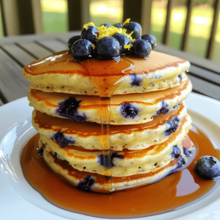 To make these tasty blueberry lemon pancakes, gather these simple ingredients: - 1 cup all-purpose flour - 1 tablespoon sugar - 1 teaspoon baking powder - ½ teaspoon baking soda - ¼ teaspoon salt - 1 cup buttermilk - 1 large egg - 2 tablespoons butter, melted - Zest of 1 lemon - 1 tablespoon lemon juice - 1 cup fresh blueberries - Maple syrup for serving You will need a few tools to make the pancakes: - Large mixing bowl - Whisk - Spatula - Non-stick skillet or griddle - Measuring cups and spoons These items help you mix, cook, and serve the pancakes easily. When you buy blueberries, look for these signs of freshness: - Firm, plump berries with a deep color - A blue or purple hue, not red or green - No signs of mold or mushy spots Fresh blueberries add the best taste and sweetness to your pancakes. To make blueberry lemon pancakes, start with dry ingredients. In a large bowl, mix together: - 1 cup all-purpose flour - 1 tablespoon sugar - 1 teaspoon baking powder - ½ teaspoon baking soda - ¼ teaspoon salt Whisk these until well blended. In another bowl, combine: - 1 cup buttermilk - 1 large egg - 2 tablespoons melted butter - Zest of 1 lemon - 1 tablespoon lemon juice Whisk until smooth. Now, pour the wet mix into the dry mix. Gently fold with a spatula until just combined. The batter should be slightly lumpy. Next, add: - 1 cup fresh blueberries Carefully fold these in, but don’t overmix. Heat a non-stick skillet over medium heat. Lightly grease it with a bit of butter or spray. Pour about ¼ cup of batter for each pancake. Cook until bubbles form, about 2-3 minutes. Flip them and cook another 1-2 minutes until golden brown. Repeat until all batter is used. Serve warm with maple syrup and extra blueberries. To get the best pancake batter, remember these tips: - Use fresh ingredients for the best taste. - Don’t overmix the batter; lumps are okay. - Let the batter rest for a few minutes before cooking. This helps make them fluffier. - Adjust the heat if pancakes cook too fast or slow. Here are some mistakes to watch out for while making pancakes: - Mixing too much can lead to tough pancakes. - Using old ingredients can affect flavor and texture. - Not letting the skillet heat enough can cause uneven cooking. - Skipping the lemon zest means missing out on bright flavor. Following these steps will help you create blueberry lemon pancakes that delight everyone at your breakfast table. For the complete recipe, see the Full Recipe section. To make your pancakes fluffier, focus on the batter. Don't overmix it! When you mix, stop when the ingredients are just combined. A few lumps are okay. This keeps the pancakes light and airy. Also, let the batter rest for a few minutes. Resting helps the flour soak up the buttermilk and blend. For the best flavor, use fresh lemon zest and juice. The zest adds a bright taste. You can also try adding a pinch of cinnamon for warmth. If you want more blueberry flavor, add extra berries. You can even fold in some lemon curd for a sweet twist. Serve these pancakes warm with maple syrup. You can also add whipped cream for extra indulgence. Fresh blueberries on top look pretty and taste great. For a fun touch, sprinkle some extra lemon zest. These small details make your dish pop and impress your guests. For the complete pancake experience, check out the Full Recipe. {{image_2}} You can swap blueberries for many other fruits. Strawberries add a sweet touch. Raspberries give a nice tart flavor. Try bananas for a creamier pancake. Apples work great too. Just chop them into small pieces. Each fruit brings a new twist to your pancakes. You will enjoy the change. To make these pancakes gluten-free, use a gluten-free flour blend. Look for one that contains xanthan gum. This helps mimic the structure of regular flour. You can also use almond flour for a nutty taste. Just keep in mind, this may change the texture a bit. Adjust the liquid in the recipe if needed. Your gluten-free pancakes will still be fluffy! You can easily make this recipe vegan. Replace the egg with a flaxseed meal mix. Use 1 tablespoon of flaxseed mixed with 2.5 tablespoons of water. Let it sit for a few minutes to thicken. Swap buttermilk for plant milk, like almond or oat milk. Add a splash of lemon juice to mimic buttermilk. These changes keep the pancakes soft and delicious. Enjoy making your vegan version! To store leftover pancakes, let them cool completely. Place them in a single layer on a plate. Cover the plate with plastic wrap or foil. If you have more pancakes, stack them with parchment paper between each one. This keeps them from sticking together. Store the covered pancakes in the fridge. They will stay fresh for up to three days. Reheating pancakes is simple. You can use a microwave or a skillet. For the microwave, place pancakes on a plate. Heat for 20-30 seconds until warm. If you prefer a crispy edge, use a skillet. Heat the skillet over medium heat. Add a small amount of butter or oil. Place the pancakes in the skillet for about one minute per side. This gives them a nice texture. Freezing pancakes is a great way to save time. Once they cool, stack them with parchment paper in between. Wrap the stack tightly in plastic wrap. Place the wrapped pancakes in a freezer bag. Be sure to remove as much air as possible. They can stay in the freezer for up to two months. When you're ready to eat, just reheat them as mentioned above. Enjoy your pancakes anytime! To give your pancakes a stronger lemon flavor, add more lemon zest. Try using the zest of two lemons instead of one. You can also increase the lemon juice by a tablespoon. This will brighten the taste and make the pancakes even more refreshing. Yes, you can use frozen blueberries in this recipe. Just add them straight from the freezer into the batter. This saves time and still gives great flavor. However, do not thaw them first. Thawing can make the blueberries mushy and color the batter. If you don't have buttermilk, mix regular milk with a bit of acid. You can use one cup of milk plus one tablespoon of vinegar or lemon juice. Let it sit for five minutes. This creates a similar tangy taste to buttermilk. Yes, this recipe works well for making pancakes ahead of time. You can store them in the fridge for up to three days. Just reheat them in a toaster or microwave. For longer storage, freeze them for up to two months. You can find the full recipe for Blueberry Lemon Pancakes right here. It includes all the steps and measurements you need to make these tasty pancakes at home. Enjoy cooking! We covered how to make delicious blueberry lemon pancakes. Start with fresh ingredients and equipment for the best results. Follow the step-by-step cooking instructions and avoid common mistakes. Use tips to make them fluffier and explore fun variations. Don’t forget to learn how to store and reheat leftovers for later. With these easy tips, you can enjoy tasty pancakes anytime. I hope you feel ready to make your breakfast special!