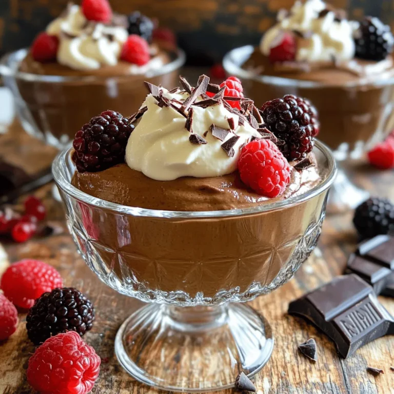 To make this rich and creamy mousse, you need a few key ingredients. Here’s what you’ll need: - 2 ripe avocados, peeled and pitted - 1/2 cup unsweetened cocoa powder - 1/4 cup pure maple syrup (or honey) - 1/4 cup almond milk (or any milk of choice) - 1 teaspoon vanilla extract - A pinch of sea salt These ingredients blend together to create a smooth and decadent dessert. The avocados provide a creamy base, and the cocoa powder adds that rich chocolate flavor. The maple syrup adds sweetness while the vanilla extract gives a nice aroma. Don’t forget the sea salt! It enhances all the flavors. After you make the mousse, you can make it even better with some fun toppings. Here are a few ideas: - Whipped coconut cream - Fresh berries (like strawberries or raspberries) - Shaved dark chocolate These toppings add extra flavor and a nice look. The whipped coconut cream gives a light texture, while fresh berries add a fruity twist. Shaved dark chocolate brings a touch of elegance. This dessert is not only tasty but also healthy! Here’s a quick look at the nutrition: - Calories: About 200 per serving - Fat: Healthy fats from avocados - Carbohydrates: Low, thanks to natural sweeteners - Fiber: High, due to the avocados This mousse is a great treat. It is vegan and packed with nutrients. You get a dessert that feels rich without the guilt. If you want the full recipe, check out the details above. To start, gather your ingredients. You need: - 2 ripe avocados, peeled and pitted - 1/2 cup unsweetened cocoa powder - 1/4 cup pure maple syrup (or honey) - 1/4 cup almond milk (or any milk of choice) - 1 teaspoon vanilla extract - A pinch of sea salt Next, place the ripe avocados, cocoa powder, maple syrup, almond milk, vanilla extract, and sea salt into a food processor. This step brings all the flavors together. Blend everything on high speed until the mixture becomes smooth and creamy. Scraping down the sides helps get the perfect blend. After blending, taste the mousse. You might want it sweeter, so add more maple syrup if needed. Blend again to mix in any extra sweetener. The goal is a rich, creamy texture. A good mousse should be thick yet light. If the mousse feels too thick, add a tiny bit more almond milk. This will help achieve that silky consistency you want. Once you have the perfect texture, it’s time to serve. Transfer the mousse into individual serving bowls or glasses. Cover them up to keep the flavors fresh. Now, place the bowls in the fridge for at least 30 minutes. Chilling helps the mousse set properly. As it cools, the flavors deepen, making each bite more delightful. Enjoy your delicious Chocolate Avocado Mousse! For more details, check the Full Recipe. When choosing avocados, look for ones that feel slightly soft when you press them gently. A ripe avocado should have a dark green skin. If the skin is too hard, it is not ready to use. If it feels mushy, it may be overripe. To speed up ripening, place your avocados in a paper bag with a banana. The ethylene gas from the banana helps them ripen faster. Always check for brown spots on the skin, as these can mean the fruit is bad inside. To make your chocolate avocado mousse taste even better, add a splash of espresso. The coffee enhances the chocolate flavor without overpowering it. You can also add a pinch of cinnamon or cayenne pepper for a unique twist. For a smoother texture, blend the mixture longer until it is silky. Adding a bit more almond milk can also help create a creamier mousse. Don’t forget to taste your mousse before serving to ensure it is just right! A common mistake is using unripe avocados. They can make the mousse taste bitter and chunky. Always ensure your avocados are ripe. Another mistake is not blending enough. If you don’t blend long enough, the mousse may be gritty. Also, avoid using sweeteners that are too strong, like agave syrup, as they can alter the taste. Finally, don't skip the chilling step. Refrigerating the mousse makes the flavors richer and gives it a better texture. For more culinary tips, check out the Full Recipe for this delightful treat! {{image_2}} You can easily make vegan chocolate avocado mousse. Just stick to the main ingredients. The recipe already uses avocados and cocoa powder, which are both plant-based. You need to use maple syrup for sweetness instead of honey. This swap keeps it vegan-friendly. The texture will still be creamy and rich. You won’t miss the dairy at all. If you want a sugar-free version, try using a natural sweetener. Stevia or erythritol works great. Just remember to adjust the amount to your taste. You can also skip the sweetener altogether if you like a more intense chocolate flavor. The mousse will still taste amazing, even without added sugar. You can mix in different flavors to make your mousse unique. For a minty twist, add a few drops of peppermint extract. If you prefer something fruity, orange zest gives a bright taste. You can even try spices like cinnamon or chili powder for heat. Experimenting with flavors can make your mousse even more exciting. Check out the Full Recipe for ideas on how to make these variations. You can store leftover chocolate avocado mousse in the fridge. First, place it in an airtight container. This helps keep it fresh and full of flavor. Make sure to cover it well to prevent it from picking up other smells in the fridge. The mousse can last up to three days when stored properly. If you want to freeze the mousse, divide it into small portions. Use freezer-safe containers or bags to keep each portion fresh. Remove as much air as possible to prevent freezer burn. The mousse can last for about one month in the freezer. When you’re ready to enjoy it, thaw it in the fridge overnight. Chocolate avocado mousse tastes best when fresh but can still be enjoyed later. If stored in the fridge, eat it within three days. For the best flavor, serve it cold. Before serving, feel free to add toppings like whipped coconut cream, fresh berries, or shaved dark chocolate. This can make each bite even more delightful. For the full recipe, check out the section above. Yes, you can use other sweeteners. Honey, agave nectar, or coconut sugar work well. Each sweetener adds a unique flavor. You might need to adjust the amount based on sweetness level. Taste as you mix to find what you like best. If you don't have almond milk, try coconut milk or oat milk. Both will keep the mousse creamy. Soy milk or regular dairy milk will also work. Pick the milk that fits your taste and diet best. Yes, chocolate avocado mousse is healthy! It uses ripe avocados, which are full of good fats. The cocoa powder offers antioxidants. Plus, you get natural sweetness from maple syrup or honey. This dessert is guilt-free and nutritious. The mousse needs at least 30 minutes to set. This chill time helps it become smooth and creamy. For best flavor, let it sit longer if you can. It tastes even better after a few hours in the fridge. Absolutely! This mousse is great for making ahead of time. You can prepare it a day in advance. Just store it in the fridge. Cover it well to keep it fresh. When you're ready, add your toppings and enjoy! In this post, we explored how to make chocolate avocado mousse. We covered essential ingredients, step-by-step instructions, and helpful tips. You learned about variations like vegan and sugar-free options. We also discussed how to store leftovers to keep them fresh. Remember, this mousse is not just tasty; it’s also a healthy treat. Enjoy making this delicious dessert and impress everyone with your skills. Happy cooking!