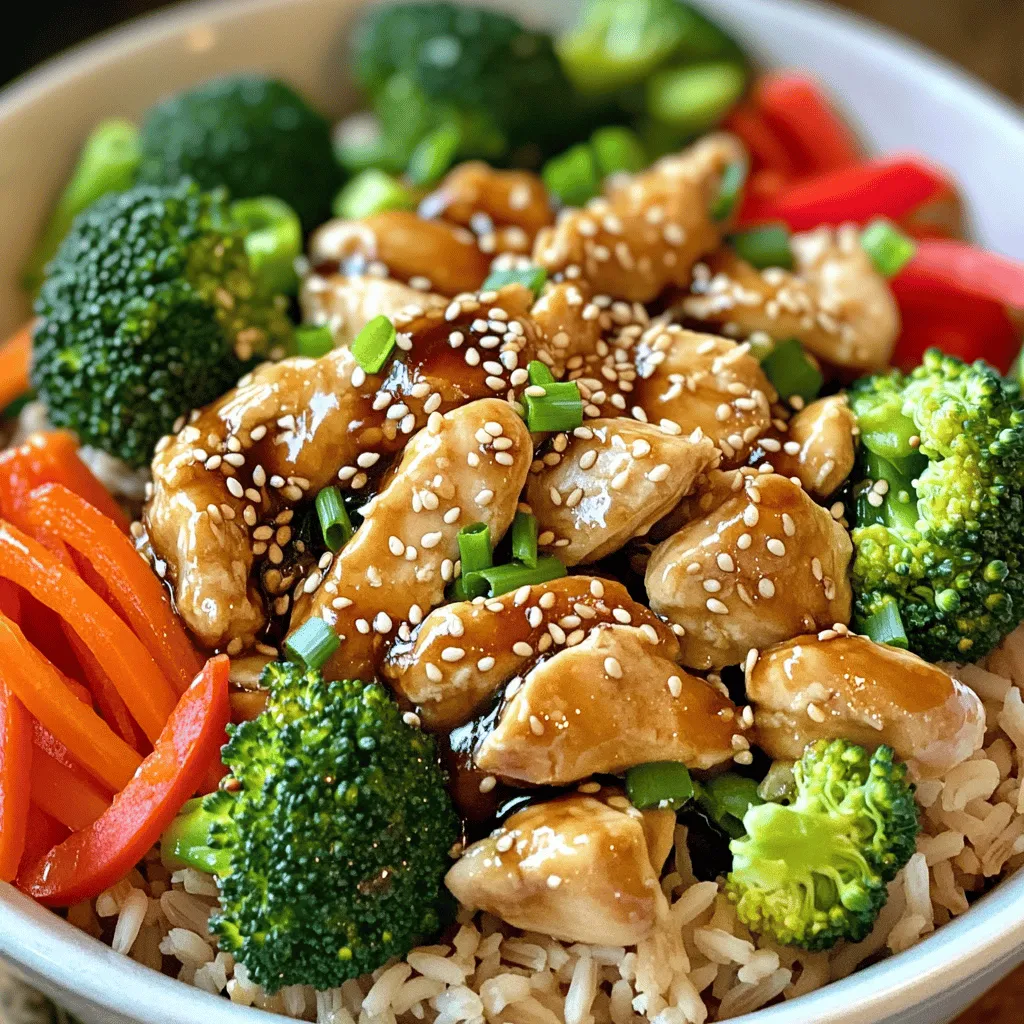 - 2 boneless, skinless chicken breasts, diced - 1 cup brown rice - 1 cup broccoli florets - 1 red bell pepper, thinly sliced - 1 carrot, julienned - 1 tablespoon ginger, minced - 2 cloves garlic, minced To create a tasty Teriyaki Chicken Bowl, you need fresh and vibrant ingredients. Chicken serves as the main protein. I often choose boneless, skinless breasts for their tenderness. Brown rice acts as a hearty base. It adds fiber and a nutty flavor. Fresh vegetables like broccoli, red bell pepper, and carrots bring color and crunch. Plus, ginger and garlic add a fragrant kick. - 1/3 cup soy sauce (reduced sodium) - 2 tablespoons honey - 1 tablespoon sesame oil - 1 teaspoon cornstarch mixed with 1 tablespoon cold water (for thickening) The Teriyaki sauce is key to this dish. Soy sauce gives it that salty depth. I choose reduced sodium soy sauce to keep it balanced. Honey brings sweetness and a hint of caramel. Sesame oil adds a nutty flavor. Mixing cornstarch with water helps thicken the sauce, making it stick to the chicken and veggies. - Sesame seeds for garnish - Green onions, chopped, for garnish To finish your Teriyaki Chicken Bowl, don't skip the garnishes. Sesame seeds add a delightful crunch and nutty taste. Chopped green onions provide a fresh, oniony bite. They make your bowl look beautiful and add flavor. You can find the full recipe in the earlier section. Cooking the rice To start, rinse 1 cup of brown rice under cold water. This step removes excess starch and helps your rice cook evenly. Add the rinsed rice to a medium saucepan with 2 cups of water. Bring it to a boil. Once boiling, reduce the heat to low, cover, and simmer for about 45 minutes. Check that the water absorbs completely. Fluff it with a fork before serving. Preparing the chicken Next, you’ll prepare the chicken. Heat 1 tablespoon of sesame oil in a large skillet over medium heat. Add 2 diced boneless, skinless chicken breasts to the skillet. Cook for about 5-7 minutes, stirring often. You want the chicken to turn golden brown and be cooked through. Combining soy sauce and honey In a small bowl, mix 1/3 cup of reduced-sodium soy sauce with 2 tablespoons of honey. Stir well to combine. Pour this mixture over the cooked chicken in the skillet. Stir to coat the chicken evenly. Let it simmer for a few minutes to let the flavors meld. Thickening the sauce with cornstarch To thicken the sauce, mix 1 teaspoon of cornstarch with 1 tablespoon of cold water in a small bowl. This creates a slurry. Stir the slurry into the chicken mixture. Cook for another 2-3 minutes until the sauce thickens to your liking. Adding vegetables Now, add your vegetables. Toss in 1 cup of broccoli florets, 1 thinly sliced red bell pepper, and 1 julienned carrot into the skillet. Stir everything together. Cook for an additional 4-5 minutes until the vegetables are tender-crisp. Serving suggestions and presentation For serving, grab a bowl. Place a scoop of brown rice at the bottom. Top it with the teriyaki chicken and a generous amount of cooked vegetables. Finally, sprinkle some sesame seeds and chopped green onions on top for a pop of flavor and color. This makes for a bright and tasty dish! Enjoy your Teriyaki Chicken Bowl! For the complete recipe, check out the [Full Recipe]. To cook rice well, start by rinsing it. Rinsing removes extra starch. This helps the rice stay fluffy. Use a fine mesh strainer for best results. After rinsing, use the right water-to-rice ratio. For brown rice, use 2 cups of water for every 1 cup of rice. This ratio ensures the rice cooks evenly and absorbs all the water. Cooking chicken can be tricky. To keep it juicy, do not overcook it. I cook diced chicken for about 5 to 7 minutes until it’s golden brown. Use medium heat for even cooking. Remember to stir it often. This helps avoid burning and ensures it cooks uniformly. The teriyaki sauce is key to flavor. You can enhance it by adding garlic or ginger. If you want more flavor, add a splash of rice vinegar. Adjust the sweetness by adding more honey or sugar. For saltiness, add a bit more soy sauce. Taste as you go to find your perfect balance. {{image_2}} You can swap chicken for tofu or tempeh. Tofu absorbs flavors well. This makes it a great option for a plant-based dish. Tempeh has a nutty taste and adds protein. You can also use beef or shrimp for a twist. Thinly slice beef and cook it quickly for a tender bite. Shrimp cooks fast and adds a sweet flavor. Feel free to use seasonal or frozen vegetables. Broccoli, bell peppers, and carrots are great, but you can mix it up. Snow peas, zucchini, or snap peas work well, too. Adding fresh herbs like cilantro or basil can boost the flavor. Just chop them and toss them in at the end. If you're looking for gluten-free options, use tamari instead of soy sauce. It has a similar taste and works well in this recipe. For a low-carb version, switch brown rice for cauliflower rice. It’s light and absorbs the sauce nicely. Adjusting your recipe to fit your diet makes cooking fun and creative! For the complete recipe, check out the Full Recipe section. To keep your Teriyaki Chicken Bowls fresh, store leftovers in an airtight container. Refrigerate them within two hours of cooking. Proper storage helps maintain flavor and texture. You can keep them in the fridge for up to four days. If you need to store them longer, consider freezing. For freezing, place the chicken and veggies in a freezer-safe bag or container. Remove as much air as possible to prevent freezer burn. These can last for up to three months in the freezer. When it's time to enjoy your leftovers, the best method to reheat is in the microwave. Place the chicken bowl on a microwave-safe plate, cover it with a damp paper towel, and heat for about two minutes. Stir halfway through for even heating. You can also reheat on the stovetop. Just add a splash of water to a skillet and heat over medium until warmed through. Always ensure your food reaches a safe temperature of 165°F (74°C) to enjoy it safely. Batch cooking Teriyaki Chicken Bowls is a smart way to save time. You can double or triple the recipe and store in separate containers for easy meals. For meal prep, cook the rice and chicken in advance. Keep the sauce separate until you are ready to eat. This will keep everything fresh. Serve with seasonal veggies for variety. Mix in some toppings like sliced avocado or chopped nuts for added flavor and crunch. To make Teriyaki sauce from scratch, you need simple ingredients. Here’s a quick recipe: - 1/3 cup soy sauce - 2 tablespoons honey - 1 tablespoon sesame oil - 1 tablespoon rice vinegar - 1 tablespoon minced ginger - 1 clove minced garlic - 1 teaspoon cornstarch mixed with 1 tablespoon cold water 1. In a small pot, mix the soy sauce, honey, sesame oil, rice vinegar, ginger, and garlic. 2. Heat over medium heat until warm. 3. Add the cornstarch mixture and stir. 4. Cook until the sauce thickens. This sauce is perfect for your Teriyaki Chicken Bowls. It adds a sweet and savory flavor that you will love. Yes, you can use other grains for your Teriyaki Chicken Bowls. Some great alternatives include: - Quinoa: It cooks fast and adds protein. - Cauliflower rice: This is low in carbs and great for a lighter meal. - White rice: A classic choice that is soft and fluffy. - Farro: This grain has a nice nutty flavor and chewy texture. Feel free to experiment with different grains. Each one will bring a unique taste to your bowl. Many restaurants serve tasty Teriyaki Chicken Bowls. Here are a few recommendations: - Local Asian bistro: Look for spots that focus on fresh ingredients. - Japanese restaurants: They often have authentic dishes and sauces. - Food trucks: Many food trucks offer quick and delicious Teriyaki options. - Chain restaurants: Some well-known chains have good Teriyaki bowls. Check online reviews to find the best spots in your area. You might discover a new favorite place! Teriyaki chicken bowls are simple and satisfying. You need the right ingredients, including chicken, brown rice, and a tasty sauce. Follow the steps to prepare the rice, cook the chicken, and make a homemade teriyaki sauce. Don’t forget the garnishes like sesame seeds and green onions for extra flair. With a few tips on cooking and variations to suit your taste, you can enjoy this dish again and again. Whether you follow the recipe or make adjustments, these bowls can be a hit at any meal. Enjoy your cooking!