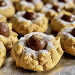 - 1 cup creamy peanut butter - 1 cup granulated sugar - 1 cup packed brown sugar - 1 large egg - 1 teaspoon vanilla extract - 1 teaspoon baking soda - ½ teaspoon salt - 1 ½ cups all-purpose flour These ingredients bring the magic to Peanut Butter Blossoms. Creamy peanut butter adds rich taste. The sugars ensure sweetness and a chewy texture. The egg binds it all together, while the vanilla gives a warm flavor. Baking soda helps the cookies rise, and salt balances the sweetness. All-purpose flour makes the dough smooth and easy to work with. - Different types of chocolate kisses - Nuts, sprinkles, or sea salt You can mix it up with optional ingredients. Try dark chocolate or even caramel kisses for a twist. Adding nuts gives a nice crunch. Sprinkles make them festive, while a sprinkle of sea salt enhances the flavor. - Mixing bowls - Baking sheet and parchment paper To get started, gather your equipment. You need mixing bowls to combine the ingredients. A baking sheet lined with parchment paper makes for easy cleanup. This setup helps your cookies bake evenly and prevents sticking. For the full recipe, check the section above. First, preheat your oven to 350°F (175°C). This is key for baking. While the oven heats, line a baking sheet with parchment paper. This helps prevent sticking and makes cleanup easy. Next, you’ll need a large mixing bowl. In it, combine 1 cup of creamy peanut butter, 1 cup of granulated sugar, and 1 cup of packed brown sugar. Mix until it’s all blended and creamy. It should look smooth and thick. Now, add 1 large egg, 1 teaspoon of vanilla extract, 1 teaspoon of baking soda, and ½ teaspoon of salt to the peanut butter mix. Stir well until everything is combined. Gradually add 1 ½ cups of all-purpose flour. Mix until a smooth dough forms. This part is fun; you’ll feel the dough come together nicely. Now, it’s time to form the dough balls. Take about 1 tablespoon of dough and roll it into a ball, about 1 inch wide. Roll each ball in granulated sugar to coat it. This gives the cookies a sweet sparkle. Once rolled, place the sugar-coated dough balls on the prepared baking sheet. Make sure to leave about 2 inches between each ball. They will spread as they bake. Bake your cookies in the preheated oven for 10-12 minutes. Watch for the edges to turn lightly golden. This means they are ready. When you take the baking sheet out of the oven, press a chocolate kiss into the center of each cookie right away. The cookie will crack around the edges, which is perfect! Let the cookies cool on the baking sheet for about 5 minutes. Then, transfer them to a wire rack to cool completely. This cooling step ensures they keep their shape and flavor. Enjoy your Peanut Butter Blossoms! For the full recipe, check out the detailed steps above. Measuring ingredients correctly is key. Use dry measuring cups for flour and sugar. For peanut butter, a liquid measuring cup works best. This ensures your dough has the right texture. To get the perfect cookie texture, mix the dough just until combined. Overmixing makes cookies tough. You want them soft and chewy. Chill the dough for 30 minutes before baking. This helps the cookies hold their shape. One big mistake is overmixing the dough. This makes cookies dense. Underbaking is another issue. Cookies should be slightly golden around the edges. They will continue to bake after you take them out. Don't forget to space your cookies on the baking sheet. Leave about 2 inches between each ball. This stops them from merging into one giant cookie. These cookies pair well with milk or hot cocoa. For a fun twist, serve them with ice cream. They are also great to share at parties. Display your cookies on a festive plate. Add a few chocolate kisses on the side. This makes them look extra special for holidays or gatherings. If you want to impress, try the Full Recipe for more details. {{image_2}} You can switch up the chocolate kiss on top of your cookies. Dark chocolate kisses work well for a richer taste. You can also try flavored kisses, like caramel or mint. These small changes add fun to your cookies. You might even try using other candies, like Reese's Pieces or M&Ms, for a colorful touch. If you need gluten-free options, you can use gluten-free flour instead of all-purpose flour. Make sure to check the flour's label to ensure it is safe for your diet. For vegan substitutions, replace the egg with a flaxseed or chia seed mixture. Mix one tablespoon of flaxseed meal with three tablespoons of water and let it sit for a few minutes. This mixture helps bind the ingredients just like an egg. Want to add more flavor? You can mix in spices like cinnamon or nutmeg into the dough. Just a pinch can elevate the taste. Adding chocolate chips or dried fruits can also add texture and sweetness. Both options make your cookies even more delightful. Experimenting with these variations makes your Peanut Butter Blossoms unique and tasty. For the full recipe, check out the details above. To keep your Peanut Butter Blossoms fresh, store them at room temperature. Use an airtight container. This helps keep the cookies soft and tasty. Place a layer of wax paper between layers of cookies to avoid sticking. Do not stack them too high. They can last up to one week this way. If you want to save some for later, freezing is a great option. Place the cookies in a freezer-safe bag or container. Make sure to remove as much air as possible. They can stay frozen for about three months. When you're ready to eat them, take out the cookies and let them thaw at room temperature. If you want them warm, pop them in the microwave for a few seconds. Peanut Butter Blossoms can last about a week at room temperature. If you freeze them, they can last up to three months. Check for signs of spoilage like an off smell or hard texture. If they feel dry or crumbly, it's time to toss them. Enjoy these delightful treats while they are fresh! For the full recipe, check out the provided link. To keep your Peanut Butter Blossoms fresh, store them in an airtight container. Place a piece of wax paper between layers of cookies to prevent sticking. They stay good for about a week at room temperature. For longer storage, freeze them. Wrap each cookie in plastic wrap and place them in a freezer-safe bag. They can last for up to three months. When you're ready to eat them, thaw the cookies at room temperature. Yes, you can make Peanut Butter Blossoms without eggs. Use a mashed banana or applesauce instead. For each egg, use 1/4 cup of applesauce or 1/2 a mashed banana. This change keeps the cookies moist but may make them softer. The taste will still be delicious, but the texture might be a bit different. Peanut Butter Blossoms stand out due to their signature chocolate kiss on top. Regular peanut butter cookies do not have this chocolate addition. The kiss adds a sweet and creamy contrast to the salty peanut butter. The dough is also rolled in sugar before baking, giving it a nice crunch. This extra step makes them special and fun to eat. You can swap regular sugar for coconut sugar or a sugar substitute. Use whole wheat flour instead of all-purpose flour for added fiber. You can also try natural peanut butter, which has less sugar. For a nut-free option, use sunflower seed butter. Adding oats can also boost nutrition. These changes help make the cookies healthier while still being tasty. For more detailed steps, check the Full Recipe. This blog post covered all you need to know about making Peanut Butter Blossoms. We discussed main ingredients, optional add-ins, and necessary tools. You learned step-by-step instructions for baking, tips for best results, and variations to try. We also shared storage options and answered common questions. You can easily impress others with these cookies. They are simple yet delicious and adaptable. Use this guide to create your own unique Peanut Butter Blossoms. Baking brings joy, so enjoy the process!