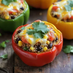 - 4 large bell peppers (any color) - 1 cup quinoa, rinsed - 2 cups vegetable broth - 1 can black beans, rinsed and drained - 1 cup corn (fresh or frozen) - 1 small red onion, diced - 2 cloves garlic, minced - 1 teaspoon cumin - 1 teaspoon smoked paprika - 1 teaspoon chili powder - 1 cup diced tomatoes (canned or fresh) - Salt and pepper to taste - 1 cup shredded cheese (cheddar or Mexican blend) - Fresh cilantro for garnish When making stuffed bell peppers, I focus on fresh and vibrant ingredients. The bell peppers serve as a colorful vessel for all the tasty fillings. I love using quinoa for its nutty flavor and protein boost. The black beans and corn add texture and sweetness. I always choose a small red onion for its mild taste. Garlic brings depth, while cumin, smoked paprika, and chili powder add warmth. I like to use diced tomatoes for moisture and flavor. For topping, I never skip the cheese. It melts beautifully and adds richness. Finally, fresh cilantro gives a nice herbal note. This mix creates a delicious, hearty meal that everyone will love. Check out the Full Recipe for detailed steps! - Preheat the oven to 375°F (190°C). - Cut the tops off the bell peppers and remove seeds and membranes. - Bring vegetable broth to a boil. - Add quinoa, reduce heat, cover, and simmer for 15 minutes. - Sauté diced onion and garlic in olive oil. - Add cooked quinoa, black beans, corn, diced tomatoes, spices, salt, and pepper. - Fill each bell pepper with the quinoa mixture and top with cheese. - Cover with foil and bake for 25 minutes. Bake without foil for another 10-15 minutes. By following these steps, you will create a colorful and tasty dish. For the complete recipe, you can refer to the full recipe section above. Enjoy your cooking adventure! - Look for firm, colorful bell peppers. They should feel heavy for their size. - Choose right-sized peppers for even cooking. Smaller peppers cook faster than larger ones. - Rinse quinoa thoroughly to remove bitterness. This step makes a big difference in taste. - Toast quinoa before boiling for enhanced flavor. Just a few minutes in a dry pan will do. - Use different cheeses for a flavor twist. Cheddar, mozzarella, or even goat cheese work well. - Consider dairy-free options for allergens. Nutritional yeast gives a cheesy flavor without dairy. For the full recipe, you can check [Full Recipe]. {{image_2}} For a vegetarian twist, skip the meat. You can load up on extra veggies like zucchini, mushrooms, or spinach. Beans make a great substitute too. Black beans work nicely in this recipe. You can also use plant-based cheese alternatives if you want a cheesy topping without dairy. If you're watching carbs, you can replace quinoa with cauliflower rice. This keeps the dish low in carbs but still filling. Be sure to adjust your seasonings to boost the flavor. You might want to add more spices like garlic powder or oregano for that extra taste. Do you like heat? Add jalapeños or your favorite hot sauce to the filling. This will give your stuffed peppers a nice kick. For more spice, top with a spicy cheese blend. Pepper jack or a spicy cheddar can really amp up the heat. Store leftover stuffed peppers in an airtight container. This keeps them fresh and tasty. Consume within 3-5 days for best quality. If you wait too long, they may spoil or lose flavor. Before freezing, allow the stuffed peppers to cool completely. This step is key for texture. Wrap each pepper individually in plastic wrap or foil. You can freeze them for up to 2-3 months. Label the containers with dates for easy tracking. For a quick meal, microwave the stuffed peppers. Just heat them in short bursts to avoid overheating. For the best texture, bake them in the oven. Preheat to 350°F (175°C) and heat for about 20 minutes. This method helps the cheese melt nicely and keeps the peppers firm. Enjoy your delicious meal again! For the full recipe, check the full recipe section. You can customize your filling easily. For gluten-free diets, use gluten-free grains like rice or quinoa. You can also add legumes like lentils or chickpeas. Plant-based proteins, like tofu or tempeh, work well too. Each option gives you a tasty and healthy meal. Yes, you can. Simply assemble your stuffed peppers and store them uncooked in the fridge. They can stay fresh for one day before you cook them. This makes preparing dinner easier on busy nights. For a balanced meal, pair your stuffed peppers with a fresh salad. Whole-grain side dishes, like brown rice or quinoa, also work well. These sides add great texture and flavor to your meal. To check if your peppers are done, look for tenderness. The cheese should be melted and bubbly. This means the peppers are ready to eat. A fork should easily pierce the peppers when they're cooked just right. To keep your peppers from getting soggy, avoid overcooking them. Make sure not to overstuff with filling either. This way, the peppers stay crisp and tasty. Stuffed bell peppers are simple, tasty, and versatile. You learned about the key ingredients, preparation steps, and tips to make them perfect. Whether you prefer vegetarian, keto, or spicy options, customization is easy. Storing leftovers also ensures you can enjoy them later. Experiment with flavors, and don’t shy away from trying new ingredients. With these techniques, you’ll create delicious meals that impress everyone at your table. Enjoy your cooking journey and make these stuffed peppers a regular favorite!