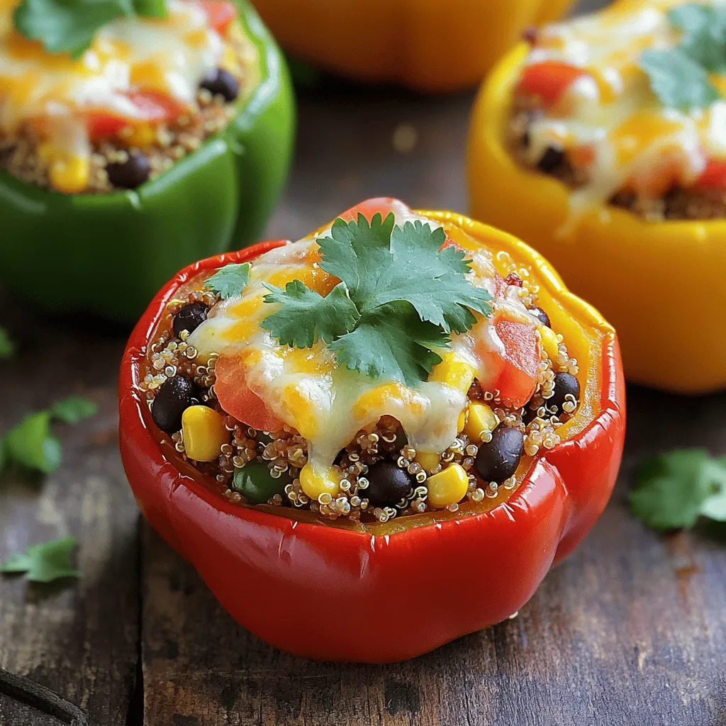 - 4 large bell peppers (any color) - 1 cup quinoa, rinsed - 2 cups vegetable broth - 1 can black beans, rinsed and drained - 1 cup corn (fresh or frozen) - 1 small red onion, diced - 2 cloves garlic, minced - 1 teaspoon cumin - 1 teaspoon smoked paprika - 1 teaspoon chili powder - 1 cup diced tomatoes (canned or fresh) - Salt and pepper to taste - 1 cup shredded cheese (cheddar or Mexican blend) - Fresh cilantro for garnish When making stuffed bell peppers, I focus on fresh and vibrant ingredients. The bell peppers serve as a colorful vessel for all the tasty fillings. I love using quinoa for its nutty flavor and protein boost. The black beans and corn add texture and sweetness. I always choose a small red onion for its mild taste. Garlic brings depth, while cumin, smoked paprika, and chili powder add warmth. I like to use diced tomatoes for moisture and flavor. For topping, I never skip the cheese. It melts beautifully and adds richness. Finally, fresh cilantro gives a nice herbal note. This mix creates a delicious, hearty meal that everyone will love. Check out the Full Recipe for detailed steps! - Preheat the oven to 375°F (190°C). - Cut the tops off the bell peppers and remove seeds and membranes. - Bring vegetable broth to a boil. - Add quinoa, reduce heat, cover, and simmer for 15 minutes. - Sauté diced onion and garlic in olive oil. - Add cooked quinoa, black beans, corn, diced tomatoes, spices, salt, and pepper. - Fill each bell pepper with the quinoa mixture and top with cheese. - Cover with foil and bake for 25 minutes. Bake without foil for another 10-15 minutes. By following these steps, you will create a colorful and tasty dish. For the complete recipe, you can refer to the full recipe section above. Enjoy your cooking adventure! - Look for firm, colorful bell peppers. They should feel heavy for their size. - Choose right-sized peppers for even cooking. Smaller peppers cook faster than larger ones. - Rinse quinoa thoroughly to remove bitterness. This step makes a big difference in taste. - Toast quinoa before boiling for enhanced flavor. Just a few minutes in a dry pan will do. - Use different cheeses for a flavor twist. Cheddar, mozzarella, or even goat cheese work well. - Consider dairy-free options for allergens. Nutritional yeast gives a cheesy flavor without dairy. For the full recipe, you can check [Full Recipe]. {{image_2}} For a vegetarian twist, skip the meat. You can load up on extra veggies like zucchini, mushrooms, or spinach. Beans make a great substitute too. Black beans work nicely in this recipe. You can also use plant-based cheese alternatives if you want a cheesy topping without dairy. If you're watching carbs, you can replace quinoa with cauliflower rice. This keeps the dish low in carbs but still filling. Be sure to adjust your seasonings to boost the flavor. You might want to add more spices like garlic powder or oregano for that extra taste. Do you like heat? Add jalapeños or your favorite hot sauce to the filling. This will give your stuffed peppers a nice kick. For more spice, top with a spicy cheese blend. Pepper jack or a spicy cheddar can really amp up the heat. Store leftover stuffed peppers in an airtight container. This keeps them fresh and tasty. Consume within 3-5 days for best quality. If you wait too long, they may spoil or lose flavor. Before freezing, allow the stuffed peppers to cool completely. This step is key for texture. Wrap each pepper individually in plastic wrap or foil. You can freeze them for up to 2-3 months. Label the containers with dates for easy tracking. For a quick meal, microwave the stuffed peppers. Just heat them in short bursts to avoid overheating. For the best texture, bake them in the oven. Preheat to 350°F (175°C) and heat for about 20 minutes. This method helps the cheese melt nicely and keeps the peppers firm. Enjoy your delicious meal again! For the full recipe, check the full recipe section. You can customize your filling easily. For gluten-free diets, use gluten-free grains like rice or quinoa. You can also add legumes like lentils or chickpeas. Plant-based proteins, like tofu or tempeh, work well too. Each option gives you a tasty and healthy meal. Yes, you can. Simply assemble your stuffed peppers and store them uncooked in the fridge. They can stay fresh for one day before you cook them. This makes preparing dinner easier on busy nights. For a balanced meal, pair your stuffed peppers with a fresh salad. Whole-grain side dishes, like brown rice or quinoa, also work well. These sides add great texture and flavor to your meal. To check if your peppers are done, look for tenderness. The cheese should be melted and bubbly. This means the peppers are ready to eat. A fork should easily pierce the peppers when they're cooked just right. To keep your peppers from getting soggy, avoid overcooking them. Make sure not to overstuff with filling either. This way, the peppers stay crisp and tasty. Stuffed bell peppers are simple, tasty, and versatile. You learned about the key ingredients, preparation steps, and tips to make them perfect. Whether you prefer vegetarian, keto, or spicy options, customization is easy. Storing leftovers also ensures you can enjoy them later. Experiment with flavors, and don’t shy away from trying new ingredients. With these techniques, you’ll create delicious meals that impress everyone at your table. Enjoy your cooking journey and make these stuffed peppers a regular favorite!