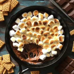 - 1 cup semi-sweet chocolate chips - 1 cup mini marshmallows - 1 tablespoon unsalted butter - 1 teaspoon vanilla extract - 1/2 cup graham cracker crumbs The main stars of this s'mores dip are the semi-sweet chocolate chips and mini marshmallows. The chocolate melts to a creamy base, creating a rich taste. The mini marshmallows add that classic s'mores texture and sweetness. You also need unsalted butter. It helps the chocolate melt smoothly and adds a nice richness. The vanilla extract brings out the flavors, making each bite taste better. Finally, the graham cracker crumbs serve as a crunchy topping that gives your dip that classic s'mores vibe. - Additional graham crackers - Chocolate squares - Extra mini marshmallows These optional ingredients can elevate your s'mores dip. Adding more graham crackers gives you something to dip with. Chocolate squares can add extra richness. Extra mini marshmallows on top make for a great presentation and more gooeyness. - Dark chocolate vs. semi-sweet - Vegan alternatives for butter - Gluten-free options for graham crackers If you prefer dark chocolate, feel free to swap it in. It will change the flavor, making it richer. For those who want a vegan dip, you can use a plant-based butter. Also, if you need gluten-free options, look for gluten-free graham crackers at your store. These swaps keep the joy of s'mores alive for everyone! For the full recipe, check the details above. - Gather all necessary ingredients: - 1 cup semi-sweet chocolate chips - 1 cup mini marshmallows - 1 tablespoon unsalted butter - 1 teaspoon vanilla extract - 1/2 cup graham cracker crumbs - Additional graham crackers, chocolate squares, and marshmallows for serving - Prepare your baking dish. Use an oven-safe skillet or a pie dish. This will hold your dip nicely. - First, melt the butter. Do this over medium heat on the stovetop. - Once melted, remove the skillet from heat. Sprinkle the chocolate chips evenly over the butter. - Next, add the mini marshmallows on top of the chocolate. - Drizzle the vanilla extract over everything for a sweet kick. - Now, place the dish in the preheated oven at 450°F (230°C). Bake for 5-7 minutes. Watch for the marshmallows to turn golden and toasted. - Serve the dip warm. It pairs well with graham crackers, chocolate squares, and marshmallows. - To keep the dip warm and gooey, serve it right from the oven. If it cools, it may thicken. For a complete guide, check out the Full Recipe. To get those perfect toasted marshmallows, timing is key. Bake your dip for about 5-7 minutes. Watch closely to avoid burning. For extra toastiness, use the broiling method. Just switch your oven to broil for 1-2 minutes after baking. Keep an eye on it to prevent charring. You can prepare ingredients ahead of time. Measure out your chocolate chips and graham cracker crumbs. Mix them with the butter and store them in your baking dish. You can also store the unbaked dip in the fridge. Just cover it tightly and bake when you are ready. Get creative with your dippers! Try using fruit like strawberries or bananas. You can also use pretzels for a salty crunch. For a flavor boost, sprinkle in some espresso powder or sea salt on top before serving. This adds depth and takes your dip to the next level. {{image_2}} You can make S'mores Dip even more fun by adding extra flavors. One tasty option is a nutty S'mores Dip. Just mix in some peanut butter. The creamy texture adds a nice twist. You could also try seasonal flavors like pumpkin spice. This adds warmth and sweetness, perfect for fall. If you need a fast snack, try the microwave method. Just melt the butter and chocolate in a bowl. Add marshmallows and microwave for about 30 seconds. Stir and enjoy! You can also make a slow cooker version. This is great for parties. Just layer all the ingredients and set it on low. It keeps warm and gooey for everyone to enjoy. For those watching sugar, there are sugar-free options. Use sugar-free chocolate chips and sweeteners. This way, you can still enjoy the dip. If you're vegan, swap the butter for coconut oil. You can also use dairy-free chocolate and marshmallows. These changes keep the delicious taste without dairy. For the full recipe, check the section above. After you enjoy your S’mores dip, store leftovers in an airtight container. Keep it in the fridge for up to three days. This helps keep the flavors fresh and tasty. If you want to freeze the dip, use a freezer-safe container. Make sure to leave some space at the top. This allows for expansion when it freezes. You can freeze it for up to a month. To reheat, use the oven or microwave. If using the oven, preheat it to 350°F (175°C). Warm the dip in an oven-safe dish for about 10 minutes. This will bring back its creamy texture. If you use a microwave, heat it in short bursts of 15-20 seconds. Stir in between to avoid hot spots. Aim for a warm dip, around 100°F (38°C), for the best taste. In the refrigerator, S’mores dip lasts about three days. If frozen, it can stay good for about a month. After that, the taste and texture may change. For the best experience, try to eat it within these time frames. Following these storage tips helps you enjoy this delightful treat longer. Yes, you can! Use the stovetop or a microwave. For the stovetop, melt the butter in a pan, add chocolate chips, and stir until smooth. Top with mini marshmallows. Cover the pan with a lid for a few minutes until the marshmallows puff up. For the microwave, melt the butter and chocolate in a safe bowl. Heat in short bursts, stirring until smooth. Then, add marshmallows and microwave until they puff up. Both methods give you a fun, gooey treat! You have many options! For a gluten-free choice, try crushed rice cakes or almond flour cookies. You can also use oat crackers for a healthier option. If you want a fun twist, use chocolate wafers or vanilla cookies. Each will give a different taste but still pair well with the dip! Keep an eye on your dip while it bakes. Set a timer for 5 minutes. Check for golden color, not dark brown. If you see they are browning too fast, lower the oven temperature slightly. You can also use the broil setting for the last minute to get a perfect toast without burning. Just watch closely! S’mores dip is easy and fun to make. You learned about the key ingredients, simple steps, and clever tips to perfect your dip. Whether you want to try new flavors or prepare it ahead, there are many options. Don’t forget about how to store leftovers and reheat them. Enjoy this tasty treat with friends or family. It’s a delectable way to share a classic favorite!