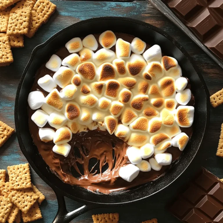 - 1 cup semi-sweet chocolate chips - 1 cup mini marshmallows - 1 tablespoon unsalted butter - 1 teaspoon vanilla extract - 1/2 cup graham cracker crumbs The main stars of this s'mores dip are the semi-sweet chocolate chips and mini marshmallows. The chocolate melts to a creamy base, creating a rich taste. The mini marshmallows add that classic s'mores texture and sweetness. You also need unsalted butter. It helps the chocolate melt smoothly and adds a nice richness. The vanilla extract brings out the flavors, making each bite taste better. Finally, the graham cracker crumbs serve as a crunchy topping that gives your dip that classic s'mores vibe. - Additional graham crackers - Chocolate squares - Extra mini marshmallows These optional ingredients can elevate your s'mores dip. Adding more graham crackers gives you something to dip with. Chocolate squares can add extra richness. Extra mini marshmallows on top make for a great presentation and more gooeyness. - Dark chocolate vs. semi-sweet - Vegan alternatives for butter - Gluten-free options for graham crackers If you prefer dark chocolate, feel free to swap it in. It will change the flavor, making it richer. For those who want a vegan dip, you can use a plant-based butter. Also, if you need gluten-free options, look for gluten-free graham crackers at your store. These swaps keep the joy of s'mores alive for everyone! For the full recipe, check the details above. - Gather all necessary ingredients: - 1 cup semi-sweet chocolate chips - 1 cup mini marshmallows - 1 tablespoon unsalted butter - 1 teaspoon vanilla extract - 1/2 cup graham cracker crumbs - Additional graham crackers, chocolate squares, and marshmallows for serving - Prepare your baking dish. Use an oven-safe skillet or a pie dish. This will hold your dip nicely. - First, melt the butter. Do this over medium heat on the stovetop. - Once melted, remove the skillet from heat. Sprinkle the chocolate chips evenly over the butter. - Next, add the mini marshmallows on top of the chocolate. - Drizzle the vanilla extract over everything for a sweet kick. - Now, place the dish in the preheated oven at 450°F (230°C). Bake for 5-7 minutes. Watch for the marshmallows to turn golden and toasted. - Serve the dip warm. It pairs well with graham crackers, chocolate squares, and marshmallows. - To keep the dip warm and gooey, serve it right from the oven. If it cools, it may thicken. For a complete guide, check out the Full Recipe. To get those perfect toasted marshmallows, timing is key. Bake your dip for about 5-7 minutes. Watch closely to avoid burning. For extra toastiness, use the broiling method. Just switch your oven to broil for 1-2 minutes after baking. Keep an eye on it to prevent charring. You can prepare ingredients ahead of time. Measure out your chocolate chips and graham cracker crumbs. Mix them with the butter and store them in your baking dish. You can also store the unbaked dip in the fridge. Just cover it tightly and bake when you are ready. Get creative with your dippers! Try using fruit like strawberries or bananas. You can also use pretzels for a salty crunch. For a flavor boost, sprinkle in some espresso powder or sea salt on top before serving. This adds depth and takes your dip to the next level. {{image_2}} You can make S'mores Dip even more fun by adding extra flavors. One tasty option is a nutty S'mores Dip. Just mix in some peanut butter. The creamy texture adds a nice twist. You could also try seasonal flavors like pumpkin spice. This adds warmth and sweetness, perfect for fall. If you need a fast snack, try the microwave method. Just melt the butter and chocolate in a bowl. Add marshmallows and microwave for about 30 seconds. Stir and enjoy! You can also make a slow cooker version. This is great for parties. Just layer all the ingredients and set it on low. It keeps warm and gooey for everyone to enjoy. For those watching sugar, there are sugar-free options. Use sugar-free chocolate chips and sweeteners. This way, you can still enjoy the dip. If you're vegan, swap the butter for coconut oil. You can also use dairy-free chocolate and marshmallows. These changes keep the delicious taste without dairy. For the full recipe, check the section above. After you enjoy your S’mores dip, store leftovers in an airtight container. Keep it in the fridge for up to three days. This helps keep the flavors fresh and tasty. If you want to freeze the dip, use a freezer-safe container. Make sure to leave some space at the top. This allows for expansion when it freezes. You can freeze it for up to a month. To reheat, use the oven or microwave. If using the oven, preheat it to 350°F (175°C). Warm the dip in an oven-safe dish for about 10 minutes. This will bring back its creamy texture. If you use a microwave, heat it in short bursts of 15-20 seconds. Stir in between to avoid hot spots. Aim for a warm dip, around 100°F (38°C), for the best taste. In the refrigerator, S’mores dip lasts about three days. If frozen, it can stay good for about a month. After that, the taste and texture may change. For the best experience, try to eat it within these time frames. Following these storage tips helps you enjoy this delightful treat longer. Yes, you can! Use the stovetop or a microwave. For the stovetop, melt the butter in a pan, add chocolate chips, and stir until smooth. Top with mini marshmallows. Cover the pan with a lid for a few minutes until the marshmallows puff up. For the microwave, melt the butter and chocolate in a safe bowl. Heat in short bursts, stirring until smooth. Then, add marshmallows and microwave until they puff up. Both methods give you a fun, gooey treat! You have many options! For a gluten-free choice, try crushed rice cakes or almond flour cookies. You can also use oat crackers for a healthier option. If you want a fun twist, use chocolate wafers or vanilla cookies. Each will give a different taste but still pair well with the dip! Keep an eye on your dip while it bakes. Set a timer for 5 minutes. Check for golden color, not dark brown. If you see they are browning too fast, lower the oven temperature slightly. You can also use the broil setting for the last minute to get a perfect toast without burning. Just watch closely! S’mores dip is easy and fun to make. You learned about the key ingredients, simple steps, and clever tips to perfect your dip. Whether you want to try new flavors or prepare it ahead, there are many options. Don’t forget about how to store leftovers and reheat them. Enjoy this tasty treat with friends or family. It’s a delectable way to share a classic favorite!