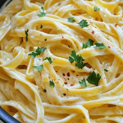 To make One-Pot Creamy Garlic Pasta, you will need these ingredients: - 12 oz fettuccine pasta - 4 cups vegetable broth - 1 tablespoon olive oil - 6 cloves garlic, minced - 1 cup heavy cream - 1 cup grated Parmesan cheese - 1 teaspoon garlic powder - 1 teaspoon onion powder - Salt and pepper to taste - Fresh parsley, chopped (for garnish) - Red pepper flakes (optional, for added spice) You can swap ingredients based on what you have. If you need a gluten-free option, use gluten-free pasta. Instead of heavy cream, you can use cashew cream or coconut milk for a lighter sauce. If you don't have Parmesan, try nutritional yeast for a cheesy flavor without dairy. Fresh garlic is best, but garlic powder can work in a pinch. Vegetable broth adds flavor, but chicken broth is also fine. To cook this dish, gather these kitchen tools: - A large pot for cooking - A wooden spoon for stirring - A cutting board and knife for chopping garlic and parsley - A measuring cup for liquids - A grater for the Parmesan cheese - A serving spoon for plating These tools will help you create a delicious meal with ease. Enjoy cooking! To make One-Pot Creamy Garlic Pasta, follow these simple steps: 1. Heat olive oil. 2. Sauté minced garlic. 3. Add vegetable broth and bring to simmer. 4. Stir in fettuccine pasta. 5. Cook until al dente. 6. Mix in heavy cream and cheese. 7. Season and serve. First, gather your ingredients. You will need 12 oz of fettuccine pasta, 4 cups of vegetable broth, and 1 tablespoon of olive oil. Then, take 6 cloves of minced garlic, 1 cup of heavy cream, and 1 cup of grated Parmesan cheese. You also need 1 teaspoon of garlic powder, 1 teaspoon of onion powder, salt, and pepper. Optional red pepper flakes will add some heat. 1. Heat the Olive Oil: In a large pot, pour the olive oil over medium heat. 2. Sauté the Garlic: Add the minced garlic. Cook for about 1-2 minutes. Watch it closely to avoid burning. 3. Add the Broth: Pour in the vegetable broth. Bring this mixture to a gentle simmer. 4. Cook the Pasta: Add the fettuccine pasta. Stir occasionally. Cook it according to the package instructions, usually 10-12 minutes. 5. Make it Creamy: Once the pasta is al dente, lower the heat. Add heavy cream, Parmesan cheese, garlic powder, onion powder, salt, and pepper. Stir until the cheese melts and the sauce becomes creamy. 6. Adjust the Sauce: If the sauce is thick, add a splash of broth. This helps reach your desired consistency. 7. Season to Taste: Taste your dish. Add more salt or pepper if needed. If you like heat, sprinkle in some red pepper flakes. 8. Let it Rest: Remove the pot from the heat. Allow it to sit for a minute. This helps the sauce thicken. 9. Garnish and Serve: Serve hot. Top each serving with fresh parsley. For perfect pasta, keep these tips in mind: - Use Enough Liquid: Always use enough broth. It helps the pasta cook and absorb flavors. - Stir Frequently: Stirring prevents the pasta from sticking together. - Check for Doneness: Taste the pasta a minute before the time is up. It should be firm yet tender. - Adjust the Sauce: If the sauce is too thick, add more broth or cream until it’s just right. Follow these steps, and you will enjoy a delicious One-Pot Creamy Garlic Pasta. Don't forget to check out the Full Recipe for more details! To make your One-Pot Creamy Garlic Pasta shine, focus on fresh garlic. Fresh garlic gives a brighter taste than garlic powder. You can also add herbs like thyme or basil for depth. A splash of lemon juice adds zest. If you want a kick, use red pepper flakes. They bring warmth without overpowering the dish. Taste as you cook, and adjust flavors to your liking. One common mistake is overcooking the pasta. It should be al dente, or firm to the bite. If you cook it too long, it will become mushy. Another mistake is not stirring enough. Stirring prevents the pasta from sticking together. Lastly, don’t skip the resting time after cooking. Letting it sit for a minute helps the sauce thicken. To lighten this dish, swap heavy cream for half-and-half or Greek yogurt. You can also use whole grain fettuccine for extra fiber. Adding spinach or kale boosts nutrition without changing flavor. For a lower sodium option, use low-sodium vegetable broth. These small changes keep the dish tasty while making it healthier. For the full recipe, check out the One-Pot Creamy Garlic Pasta section. {{image_2}} You can easily add protein to your One-Pot Creamy Garlic Pasta. Chicken is a great choice. Just dice it and cook it in the pot before adding the garlic. Cook until golden. Shrimp also works well. Toss them in after the garlic and sauté until pink. For a plant-based option, use tofu. Cube it and sauté it just like the chicken. These protein additions make the dish heartier. If you want a vegetarian option, simply skip the meat and add more veggies. Mushrooms, spinach, or bell peppers are tasty choices. For a vegan version, swap the heavy cream for coconut milk or cashew cream. Replace the Parmesan with a vegan cheese or nutritional yeast. These swaps keep the dish creamy while fitting your diet. Get creative with add-ins! You can toss in vegetables like broccoli, zucchini, or peas. These add color and nutrition. Fresh herbs like basil or thyme can brighten the flavors. You can also mix in different cheeses. Try feta or goat cheese for a tangy twist. These additions make each meal unique and fun to explore. For the full recipe, check out the One-Pot Creamy Garlic Pasta. To keep your One-Pot Creamy Garlic Pasta fresh, store it in an airtight container. Let the pasta cool to room temperature before sealing it. This helps prevent moisture build-up, which can make the pasta mushy. Leftovers can last in the fridge for up to three days. Make sure to label the container with the date so you know when to use it. When you are ready to enjoy your leftovers, reheat them gently on the stove. Add a splash of vegetable broth or water to help loosen the sauce as it warms. Stir it frequently over low heat to avoid burning. You can also use the microwave for a quick option. Heat it in short bursts, stirring in between, until it’s hot throughout. If you want to freeze your pasta, it’s best to do so before adding the cream and cheese. Cook the pasta and let it cool, then freeze it in portions. When you’re ready to eat, thaw it overnight in the fridge. You can then add cream and cheese while reheating. This method helps keep the flavors fresh and the sauce creamy. Making One-Pot Creamy Garlic Pasta takes about 25 minutes. You spend 10 minutes prepping and 15 minutes cooking. It’s a quick meal for busy nights. Yes, you can use gluten-free pasta. Just make sure to check the cooking time on the package. Some gluten-free pasta cooks faster than regular pasta. You can use half-and-half or coconut cream as a substitute. If you want a lighter option, try using milk with a bit of flour for thickness. Absolutely! You can double or halve the recipe. Just adjust the amounts of each ingredient to fit your needs. This makes it easy to serve more or less. For the full recipe, check out the details above. One-Pot Creamy Garlic Pasta is a simple, tasty dish. We explored key ingredients, tools, and cooking steps. You learned how to enhance flavors and avoid common mistakes. I shared variations for protein and healthy options. Lastly, you discovered storage and reheating tips. This dish is great for quick meals and custom flavors. Enjoy making it your own!