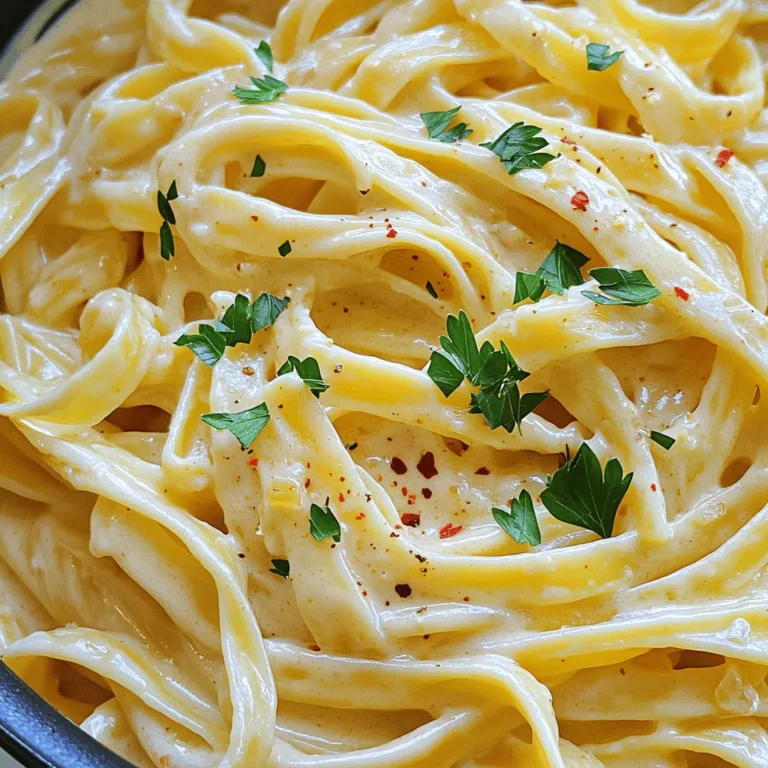 To make One-Pot Creamy Garlic Pasta, you will need these ingredients: - 12 oz fettuccine pasta - 4 cups vegetable broth - 1 tablespoon olive oil - 6 cloves garlic, minced - 1 cup heavy cream - 1 cup grated Parmesan cheese - 1 teaspoon garlic powder - 1 teaspoon onion powder - Salt and pepper to taste - Fresh parsley, chopped (for garnish) - Red pepper flakes (optional, for added spice) You can swap ingredients based on what you have. If you need a gluten-free option, use gluten-free pasta. Instead of heavy cream, you can use cashew cream or coconut milk for a lighter sauce. If you don't have Parmesan, try nutritional yeast for a cheesy flavor without dairy. Fresh garlic is best, but garlic powder can work in a pinch. Vegetable broth adds flavor, but chicken broth is also fine. To cook this dish, gather these kitchen tools: - A large pot for cooking - A wooden spoon for stirring - A cutting board and knife for chopping garlic and parsley - A measuring cup for liquids - A grater for the Parmesan cheese - A serving spoon for plating These tools will help you create a delicious meal with ease. Enjoy cooking! To make One-Pot Creamy Garlic Pasta, follow these simple steps: 1. Heat olive oil. 2. Sauté minced garlic. 3. Add vegetable broth and bring to simmer. 4. Stir in fettuccine pasta. 5. Cook until al dente. 6. Mix in heavy cream and cheese. 7. Season and serve. First, gather your ingredients. You will need 12 oz of fettuccine pasta, 4 cups of vegetable broth, and 1 tablespoon of olive oil. Then, take 6 cloves of minced garlic, 1 cup of heavy cream, and 1 cup of grated Parmesan cheese. You also need 1 teaspoon of garlic powder, 1 teaspoon of onion powder, salt, and pepper. Optional red pepper flakes will add some heat. 1. Heat the Olive Oil: In a large pot, pour the olive oil over medium heat. 2. Sauté the Garlic: Add the minced garlic. Cook for about 1-2 minutes. Watch it closely to avoid burning. 3. Add the Broth: Pour in the vegetable broth. Bring this mixture to a gentle simmer. 4. Cook the Pasta: Add the fettuccine pasta. Stir occasionally. Cook it according to the package instructions, usually 10-12 minutes. 5. Make it Creamy: Once the pasta is al dente, lower the heat. Add heavy cream, Parmesan cheese, garlic powder, onion powder, salt, and pepper. Stir until the cheese melts and the sauce becomes creamy. 6. Adjust the Sauce: If the sauce is thick, add a splash of broth. This helps reach your desired consistency. 7. Season to Taste: Taste your dish. Add more salt or pepper if needed. If you like heat, sprinkle in some red pepper flakes. 8. Let it Rest: Remove the pot from the heat. Allow it to sit for a minute. This helps the sauce thicken. 9. Garnish and Serve: Serve hot. Top each serving with fresh parsley. For perfect pasta, keep these tips in mind: - Use Enough Liquid: Always use enough broth. It helps the pasta cook and absorb flavors. - Stir Frequently: Stirring prevents the pasta from sticking together. - Check for Doneness: Taste the pasta a minute before the time is up. It should be firm yet tender. - Adjust the Sauce: If the sauce is too thick, add more broth or cream until it’s just right. Follow these steps, and you will enjoy a delicious One-Pot Creamy Garlic Pasta. Don't forget to check out the Full Recipe for more details! To make your One-Pot Creamy Garlic Pasta shine, focus on fresh garlic. Fresh garlic gives a brighter taste than garlic powder. You can also add herbs like thyme or basil for depth. A splash of lemon juice adds zest. If you want a kick, use red pepper flakes. They bring warmth without overpowering the dish. Taste as you cook, and adjust flavors to your liking. One common mistake is overcooking the pasta. It should be al dente, or firm to the bite. If you cook it too long, it will become mushy. Another mistake is not stirring enough. Stirring prevents the pasta from sticking together. Lastly, don’t skip the resting time after cooking. Letting it sit for a minute helps the sauce thicken. To lighten this dish, swap heavy cream for half-and-half or Greek yogurt. You can also use whole grain fettuccine for extra fiber. Adding spinach or kale boosts nutrition without changing flavor. For a lower sodium option, use low-sodium vegetable broth. These small changes keep the dish tasty while making it healthier. For the full recipe, check out the One-Pot Creamy Garlic Pasta section. {{image_2}} You can easily add protein to your One-Pot Creamy Garlic Pasta. Chicken is a great choice. Just dice it and cook it in the pot before adding the garlic. Cook until golden. Shrimp also works well. Toss them in after the garlic and sauté until pink. For a plant-based option, use tofu. Cube it and sauté it just like the chicken. These protein additions make the dish heartier. If you want a vegetarian option, simply skip the meat and add more veggies. Mushrooms, spinach, or bell peppers are tasty choices. For a vegan version, swap the heavy cream for coconut milk or cashew cream. Replace the Parmesan with a vegan cheese or nutritional yeast. These swaps keep the dish creamy while fitting your diet. Get creative with add-ins! You can toss in vegetables like broccoli, zucchini, or peas. These add color and nutrition. Fresh herbs like basil or thyme can brighten the flavors. You can also mix in different cheeses. Try feta or goat cheese for a tangy twist. These additions make each meal unique and fun to explore. For the full recipe, check out the One-Pot Creamy Garlic Pasta. To keep your One-Pot Creamy Garlic Pasta fresh, store it in an airtight container. Let the pasta cool to room temperature before sealing it. This helps prevent moisture build-up, which can make the pasta mushy. Leftovers can last in the fridge for up to three days. Make sure to label the container with the date so you know when to use it. When you are ready to enjoy your leftovers, reheat them gently on the stove. Add a splash of vegetable broth or water to help loosen the sauce as it warms. Stir it frequently over low heat to avoid burning. You can also use the microwave for a quick option. Heat it in short bursts, stirring in between, until it’s hot throughout. If you want to freeze your pasta, it’s best to do so before adding the cream and cheese. Cook the pasta and let it cool, then freeze it in portions. When you’re ready to eat, thaw it overnight in the fridge. You can then add cream and cheese while reheating. This method helps keep the flavors fresh and the sauce creamy. Making One-Pot Creamy Garlic Pasta takes about 25 minutes. You spend 10 minutes prepping and 15 minutes cooking. It’s a quick meal for busy nights. Yes, you can use gluten-free pasta. Just make sure to check the cooking time on the package. Some gluten-free pasta cooks faster than regular pasta. You can use half-and-half or coconut cream as a substitute. If you want a lighter option, try using milk with a bit of flour for thickness. Absolutely! You can double or halve the recipe. Just adjust the amounts of each ingredient to fit your needs. This makes it easy to serve more or less. For the full recipe, check out the details above. One-Pot Creamy Garlic Pasta is a simple, tasty dish. We explored key ingredients, tools, and cooking steps. You learned how to enhance flavors and avoid common mistakes. I shared variations for protein and healthy options. Lastly, you discovered storage and reheating tips. This dish is great for quick meals and custom flavors. Enjoy making it your own!