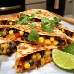 - 1 cup canned black beans, drained and rinsed - 1 cup sweet corn (frozen or canned) - 1 cup shredded cheese (cheddar or a blend) - 1 medium red bell pepper, diced - 1 small red onion, finely chopped - 1 teaspoon ground cumin - 1 teaspoon chili powder - Salt and pepper to taste - 4 large flour tortillas - 2 tablespoons olive oil - Fresh cilantro, chopped (for garnish) - Lime wedges (for serving) To make black bean and corn quesadillas, you start with a few simple ingredients. Canned black beans are your base. They give a nice texture and protein. Sweet corn adds a touch of sweetness. You can use frozen or canned corn, whichever you prefer. Next, choose your cheese. I like a blend of cheddar and Monterey Jack. It melts well and adds flavor. Fresh vegetables like red bell peppers and onions bring color and crunch. The spices, such as cumin and chili powder, give the quesadillas warmth and depth. You’ll need large flour tortillas. They hold everything together nicely. Olive oil is essential for cooking. It helps the tortillas get golden brown and crispy. Finally, garnish with fresh cilantro and serve with lime wedges for a burst of freshness. Check out the Full Recipe for more details on how to create this delicious dish! 1. Mixing the filling In a large bowl, combine the black beans, sweet corn, diced red bell pepper, and chopped red onion. Add ground cumin, chili powder, salt, and pepper. Stir until everything is mixed well. This filling packs great flavor! 2. Cooking process for tortillas Heat 1 tablespoon of olive oil in a large skillet over medium heat. Place one tortilla in the skillet. Sprinkle half of it with cheese, about 1/2 cup. Spoon some of the black bean and corn mixture over the cheese. Add more cheese on top and fold the tortilla in half. 3. Serving instructions Cook the quesadilla for about 3-4 minutes until golden brown. Carefully flip it and cook the other side for 3-4 more minutes. Remove it from the skillet and let it cool for a minute. Cut it into wedges. Repeat this with the rest of the tortillas and filling. Serve warm, topped with fresh cilantro and lime wedges for a zesty touch. - Heat settings Use medium heat for cooking the tortillas. This helps them cook evenly and get nice and crispy. - Timing for each cooking stage Each quesadilla takes around 6-8 minutes total—3-4 minutes on each side. Adjust your heat and timing as needed to avoid burning. Remember, patience is key for that perfect quesadilla! To make the perfect quesadilla, start with the cheese. You want it to melt just right. Use a cheese that melts well, like cheddar or a blend. This creates a gooey, savory center that holds the filling together. Next, let's talk about the tortillas. For a crispy finish, heat your skillet over medium-high heat. Use a bit of olive oil on the pan. This helps the tortilla brown nicely, adding texture and flavor. Don’t rush this step; let it cook until golden. You can also enhance flavors. Try adding spices like smoked paprika or fresh herbs. This adds an extra layer of taste to your quesadillas. A squeeze of lime juice before serving brightens everything up. One common mistake is oversaturating the filling. If you add too much, the quesadilla can fall apart. Aim for a balanced amount of beans, corn, and cheese. This keeps the quesadilla intact and easy to eat. Another mistake is using the wrong heat level. Too high, and your tortilla will burn before the cheese melts. Too low, and it will turn soggy. Keep an eye on the heat to ensure a perfect cook. Adjust it as needed while cooking. {{image_2}} You can switch up the beans in this recipe. Pinto beans or kidney beans work well. If you want protein, try cooked chicken, beef, or tofu. You can also add seasonal veggies. Fresh spinach or zucchini can brighten the dish. Don't hesitate to experiment with flavors and colors! If you follow a vegan diet, skip the cheese or use a plant-based version. You can also try nutritional yeast for a cheesy flavor. For gluten-free options, use corn tortillas. They hold up well and taste great. These changes ensure everyone can enjoy this tasty meal! To keep your black bean and corn quesadillas fresh, store them in the fridge. Place them in an airtight container. You can enjoy them for up to three days. If you want to keep them longer, freezing is a great option. Wrap each quesadilla tightly in plastic wrap. Then, place them in a freezer bag. They can last up to three months in the freezer. When you're ready to eat your leftovers, reheating is key. To keep quesadillas crispy, use a skillet. Heat it over medium heat and add a little oil. Place the quesadilla in the skillet for about three minutes on each side. This method helps maintain that golden crunch. You can also use an oven. Preheat it to 350°F (175°C). Place the quesadilla on a baking sheet and heat for about 10 minutes. These techniques ensure your quesadillas taste great every time you enjoy them. For the full recipe, check out the original source. How do I make them spicier? To add some heat, use jalapeños or hot sauce. You can mix in diced jalapeños with the filling. You might also try adding cayenne pepper to the black bean mixture. Start with a little and add more to suit your taste. Can I use different cheeses? Yes, you can! Feel free to use mozzarella, pepper jack, or a cheese blend. Each cheese brings a different flavor and texture. Just make sure the cheese melts well for a tasty quesadilla. Are these quesadillas freezer-friendly? Absolutely! You can freeze the cooked quesadillas for easy meals. Wrap each quesadilla in foil or plastic wrap. Store them in a freezer bag. They will keep well for up to three months. To reheat, bake them in the oven for a crispy texture. What to serve with quesadillas? Quesadillas pair well with salsa, guacamole, or sour cream. A fresh salad or rice can also complement them nicely. You could try a simple corn salad for a tasty side. How to make homemade tortillas? Making tortillas at home is easy! You need flour, salt, water, and oil. Mix the ingredients, knead the dough, and let it rest. Roll it into thin circles and cook on a hot skillet for about 1 minute per side. Fresh tortillas add a lovely touch to your meal. For the full recipe, check the link above! This blog post covered how to make tasty black bean and corn quesadillas. We explored ingredients, cooking steps, and timing. I shared tips for perfecting your dish and common mistakes to avoid. We also talked about variations, storage, and answered FAQs. Quesadillas are fun to make and can be adapted to fit your taste. So grab your ingredients and start cooking your perfect quesadilla today! Enjoy delicious meals now and in the future.