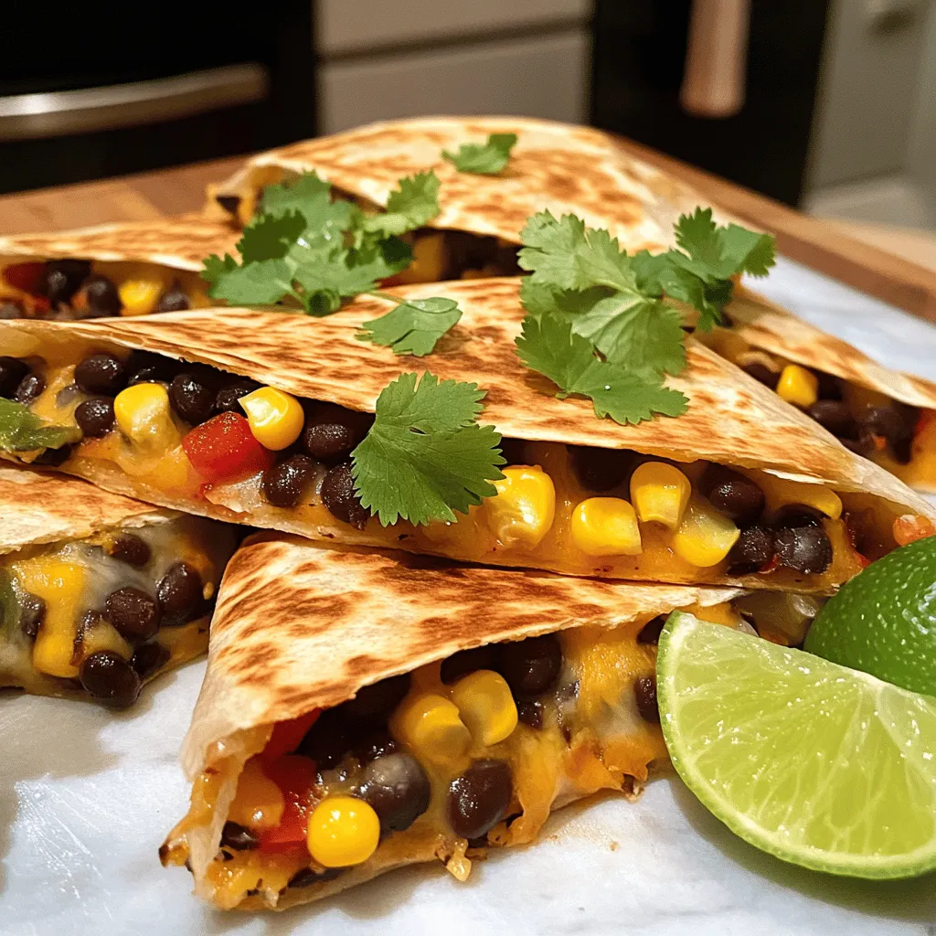 - 1 cup canned black beans, drained and rinsed - 1 cup sweet corn (frozen or canned) - 1 cup shredded cheese (cheddar or a blend) - 1 medium red bell pepper, diced - 1 small red onion, finely chopped - 1 teaspoon ground cumin - 1 teaspoon chili powder - Salt and pepper to taste - 4 large flour tortillas - 2 tablespoons olive oil - Fresh cilantro, chopped (for garnish) - Lime wedges (for serving) To make black bean and corn quesadillas, you start with a few simple ingredients. Canned black beans are your base. They give a nice texture and protein. Sweet corn adds a touch of sweetness. You can use frozen or canned corn, whichever you prefer. Next, choose your cheese. I like a blend of cheddar and Monterey Jack. It melts well and adds flavor. Fresh vegetables like red bell peppers and onions bring color and crunch. The spices, such as cumin and chili powder, give the quesadillas warmth and depth. You’ll need large flour tortillas. They hold everything together nicely. Olive oil is essential for cooking. It helps the tortillas get golden brown and crispy. Finally, garnish with fresh cilantro and serve with lime wedges for a burst of freshness. Check out the Full Recipe for more details on how to create this delicious dish! 1. Mixing the filling In a large bowl, combine the black beans, sweet corn, diced red bell pepper, and chopped red onion. Add ground cumin, chili powder, salt, and pepper. Stir until everything is mixed well. This filling packs great flavor! 2. Cooking process for tortillas Heat 1 tablespoon of olive oil in a large skillet over medium heat. Place one tortilla in the skillet. Sprinkle half of it with cheese, about 1/2 cup. Spoon some of the black bean and corn mixture over the cheese. Add more cheese on top and fold the tortilla in half. 3. Serving instructions Cook the quesadilla for about 3-4 minutes until golden brown. Carefully flip it and cook the other side for 3-4 more minutes. Remove it from the skillet and let it cool for a minute. Cut it into wedges. Repeat this with the rest of the tortillas and filling. Serve warm, topped with fresh cilantro and lime wedges for a zesty touch. - Heat settings Use medium heat for cooking the tortillas. This helps them cook evenly and get nice and crispy. - Timing for each cooking stage Each quesadilla takes around 6-8 minutes total—3-4 minutes on each side. Adjust your heat and timing as needed to avoid burning. Remember, patience is key for that perfect quesadilla! To make the perfect quesadilla, start with the cheese. You want it to melt just right. Use a cheese that melts well, like cheddar or a blend. This creates a gooey, savory center that holds the filling together. Next, let's talk about the tortillas. For a crispy finish, heat your skillet over medium-high heat. Use a bit of olive oil on the pan. This helps the tortilla brown nicely, adding texture and flavor. Don’t rush this step; let it cook until golden. You can also enhance flavors. Try adding spices like smoked paprika or fresh herbs. This adds an extra layer of taste to your quesadillas. A squeeze of lime juice before serving brightens everything up. One common mistake is oversaturating the filling. If you add too much, the quesadilla can fall apart. Aim for a balanced amount of beans, corn, and cheese. This keeps the quesadilla intact and easy to eat. Another mistake is using the wrong heat level. Too high, and your tortilla will burn before the cheese melts. Too low, and it will turn soggy. Keep an eye on the heat to ensure a perfect cook. Adjust it as needed while cooking. {{image_2}} You can switch up the beans in this recipe. Pinto beans or kidney beans work well. If you want protein, try cooked chicken, beef, or tofu. You can also add seasonal veggies. Fresh spinach or zucchini can brighten the dish. Don't hesitate to experiment with flavors and colors! If you follow a vegan diet, skip the cheese or use a plant-based version. You can also try nutritional yeast for a cheesy flavor. For gluten-free options, use corn tortillas. They hold up well and taste great. These changes ensure everyone can enjoy this tasty meal! To keep your black bean and corn quesadillas fresh, store them in the fridge. Place them in an airtight container. You can enjoy them for up to three days. If you want to keep them longer, freezing is a great option. Wrap each quesadilla tightly in plastic wrap. Then, place them in a freezer bag. They can last up to three months in the freezer. When you're ready to eat your leftovers, reheating is key. To keep quesadillas crispy, use a skillet. Heat it over medium heat and add a little oil. Place the quesadilla in the skillet for about three minutes on each side. This method helps maintain that golden crunch. You can also use an oven. Preheat it to 350°F (175°C). Place the quesadilla on a baking sheet and heat for about 10 minutes. These techniques ensure your quesadillas taste great every time you enjoy them. For the full recipe, check out the original source. How do I make them spicier? To add some heat, use jalapeños or hot sauce. You can mix in diced jalapeños with the filling. You might also try adding cayenne pepper to the black bean mixture. Start with a little and add more to suit your taste. Can I use different cheeses? Yes, you can! Feel free to use mozzarella, pepper jack, or a cheese blend. Each cheese brings a different flavor and texture. Just make sure the cheese melts well for a tasty quesadilla. Are these quesadillas freezer-friendly? Absolutely! You can freeze the cooked quesadillas for easy meals. Wrap each quesadilla in foil or plastic wrap. Store them in a freezer bag. They will keep well for up to three months. To reheat, bake them in the oven for a crispy texture. What to serve with quesadillas? Quesadillas pair well with salsa, guacamole, or sour cream. A fresh salad or rice can also complement them nicely. You could try a simple corn salad for a tasty side. How to make homemade tortillas? Making tortillas at home is easy! You need flour, salt, water, and oil. Mix the ingredients, knead the dough, and let it rest. Roll it into thin circles and cook on a hot skillet for about 1 minute per side. Fresh tortillas add a lovely touch to your meal. For the full recipe, check the link above! This blog post covered how to make tasty black bean and corn quesadillas. We explored ingredients, cooking steps, and timing. I shared tips for perfecting your dish and common mistakes to avoid. We also talked about variations, storage, and answered FAQs. Quesadillas are fun to make and can be adapted to fit your taste. So grab your ingredients and start cooking your perfect quesadilla today! Enjoy delicious meals now and in the future.