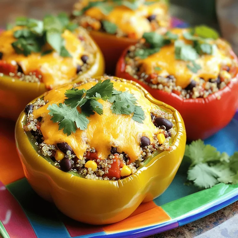 To make cheesy stuffed bell peppers, you need just a few main ingredients. These include: - 4 large bell peppers (any color) - 1 cup cooked quinoa (or rice) - 1 cup black beans, rinsed and drained - 1 cup corn kernels (fresh or canned) - 1 cup diced tomatoes (fresh or canned) - 1 cup shredded cheddar cheese Each ingredient brings flavor and texture. The bell peppers add crunch, while the quinoa gives a nice base. Black beans add protein, and corn brings a sweet touch. Diced tomatoes help keep the mix moist. You can also add optional ingredients to make this dish your own. Try these: - ½ cup diced red onion - ¼ cup fresh cilantro, chopped (for garnish) Diced red onion gives a nice bite. Fresh cilantro adds brightness and color. Seasonings play a big role in flavor. Here are the key ones: - 1 teaspoon cumin - 1 teaspoon smoked paprika - ½ teaspoon garlic powder - Salt and pepper to taste Cumin adds warmth. Smoked paprika gives a hint of smoke, while garlic powder amps up the savory notes. Adjust salt and pepper to suit your taste. These spices make the filling pop and keep it interesting. For the full recipe, check out the [Full Recipe]. Start by preheating your oven to 375°F (190°C). Take the bell peppers and cut off the tops. Remove all seeds and membranes inside. Place the peppers upright in a baking dish. This helps them hold the filling well. In a large bowl, mix the cooked quinoa, black beans, corn, and diced tomatoes. Add cumin, smoked paprika, garlic powder, salt, and pepper. Stir this mixture until it is well combined. Next, mix in half of the shredded cheddar cheese. This adds great flavor to the filling. Fill each bell pepper with the stuffing mixture. Press it down gently to pack it in. Once they are filled, top each pepper with the remaining cheddar cheese. Cover the baking dish with aluminum foil. Bake for 30 minutes, then remove the foil. Bake for another 15 minutes until the cheese is bubbly and golden. Let them cool for a few minutes, then add fresh cilantro for garnish. Enjoy your meal! For the full recipe, check out the earlier section. To make stuffed peppers extra tasty, choose fresh peppers. Look for peppers that are firm and bright. Wash them well before you start. Cut off the tops and scoop out the seeds. This helps the flavors blend better. When mixing your stuffing, don’t rush. Take time to mix well. Make sure every bite has flavor. Pack the stuffing tightly into each pepper. This keeps them from falling apart. Top each pepper with cheese for that gooey, delicious finish. One common mistake is overcooking the peppers. If you cook them too long, they become mushy. Bake them just until the cheese is bubbly. This keeps the peppers crisp and tasty. Another mistake is using too much salt. Taste your stuffing before you add more salt. You can always add more later. Also, don’t forget to cover the dish with foil. This helps the peppers cook evenly. To reheat leftovers, use the oven for best results. Preheat your oven to 350°F (175°C). Place the peppers in a baking dish. Cover them with foil to keep moisture in. Bake for about 15-20 minutes until they are warm. You can also use the microwave, but it may not taste as good. If you microwave, heat for about 2-3 minutes. Check to see if they are warm all the way through. Enjoy your cheesy stuffed peppers again with these easy tips! {{image_2}} You can make cheesy stuffed bell peppers with or without meat. For a vegetarian meal, use black beans and quinoa as the base. They add protein and flavor. If you want meat, try ground turkey or beef. Cook the meat first, then mix it into the stuffing. This will give you a hearty dish that still tastes great. To keep this dish gluten-free, stick to quinoa or rice as your base. Both options are naturally gluten-free. Make sure to check the labels on canned goods like beans and corn. Some brands may add gluten as a filler. You can enjoy cheesy stuffed bell peppers without any worries about gluten. Get creative with your stuffing! You can add extra veggies like spinach or zucchini for more nutrition. For a spicy kick, toss in some jalapeños or crushed red pepper flakes. Top your peppers with avocado slices or a dollop of sour cream for added flavor. These small changes can make your meal feel new every time. For the full recipe, check out the section above. To keep your cheesy stuffed bell peppers fresh, place them in an airtight container. Make sure to let them cool first. Store them in the fridge for up to three days. If you want to keep them longer, consider freezing. To freeze stuffed peppers, wrap each one in plastic wrap. Then, place them in a freezer-safe bag or container. This way, they won't stick together. You can freeze them for up to three months. Thaw in the fridge overnight before reheating. When ready to eat, preheat your oven to 350°F (175°C). Place the peppers in a baking dish. Cover with foil to keep them moist. Heat for about 20-25 minutes. Check that the cheese is melted and the peppers are warm. Enjoy the flavors just like fresh from the oven! Yes, you can use any cheese you like! Mozzarella, Monterey Jack, or even feta work well. Each cheese adds its own flavor and texture. Experimenting with different cheeses can make the dish fun and unique. For a stronger flavor, try blue cheese or goat cheese. Just remember, the cheese should melt nicely to create that gooey, cheesy delight we all love. Stuffed peppers can last about 3 to 5 days in the fridge. Make sure to store them in an airtight container to keep them fresh. If you notice any changes in smell or color, it’s best to throw them out. Enjoy them as leftovers for lunch or dinner. They make a great quick meal! Absolutely! You can prepare the filling and stuff the peppers a day in advance. Just store them in the fridge until you're ready to bake. This saves time on busy nights. If you want, you can even freeze them before baking. Just ensure to thaw them in the fridge overnight before cooking. This makes it easy to enjoy a tasty meal anytime. For the full recipe, check the earlier section. Cheesy stuffed bell peppers are versatile, tasty, and easy to make. We covered key ingredients, step-by-step instructions, and helpful tips. I shared variations for different diets and how to store leftovers. Remember, customizing these peppers makes them perfect for you. Use fresh, flavorful ingredients, and avoid common mistakes for the best results. With these tips, your stuffed peppers will shine. Enjoy your cooking and impress your friends and family with your delicious meals.
