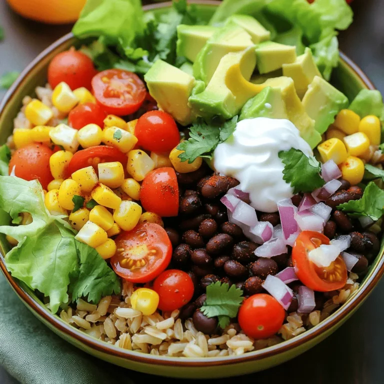 - 1 cup brown rice - 1 can black beans, rinsed and drained - 1 cup corn kernels (fresh or frozen) - 1 red bell pepper, diced - 1 avocado, diced - ½ cup cherry tomatoes, halved - 1 small red onion, finely chopped - 1 cup fresh cilantro, chopped - 1 cup shredded lettuce - Optional toppings: Greek yogurt, hot sauce These ingredients create a perfect blend of flavors and colors. The brown rice provides a hearty base. Black beans add protein, while corn gives a sweet crunch. The fresh vegetables bring a burst of color and nutrients. I love using ripe avocado for creaminess. - 1 teaspoon cumin - 1 teaspoon chili powder - Juice of 1 lime - Salt and pepper to taste Seasoning is key to flavor. Cumin and chili powder add warmth. A splash of lime juice brightens the entire dish. Salt and pepper enhance all the flavors. Don’t skip this step! - Servings: 4 - Calories per serving: Approximately 350 - Key nutrients: Fiber, protein, vitamins A and C This recipe serves four, making it great for family meals. Each serving packs about 350 calories. It is rich in fiber and protein, which keeps you full. Plus, you get plenty of vitamins from the fresh veggies. For the full recipe, check out the detailed instructions above. To cook the brown rice, start by measuring one cup of rice. Add it to a saucepan with two cups of water. Bring the water to a boil on high heat. Once it boils, lower the heat and cover the pot. Let it simmer for about 45 minutes. Check the rice to make sure the water is absorbed. Fluff the rice with a fork to keep it light and airy. This method helps the rice stay fluffy and not sticky. While the rice is cooking, let's prepare the veggies. In a large bowl, mix together the black beans, corn, and diced red bell pepper. I like to add halved cherry tomatoes and chopped red onion for color and taste. Don’t forget to rinse the black beans first. Rinsing removes extra salt and makes them taste fresh. Add chopped cilantro for a burst of flavor. Now, it’s time to build your burrito bowls! Start with a scoop of the fluffy brown rice at the bottom of each bowl. Next, add a generous layer of the colorful vegetable mixture on top of the rice. This layering creates great flavor. For toppings, add diced avocado and shredded lettuce. You can also add a dollop of Greek yogurt or sour cream. If you like heat, drizzle some hot sauce on top! For the full recipe and more tips, refer to the [Full Recipe]. Using fresh ingredients brings out the best taste in your burrito bowl. Fresh herbs like cilantro are key. They add a burst of flavor. You can also add spices to change the taste. Try smoked paprika for a smoky kick. A pinch of cayenne pepper can give you heat. Colorful bowls make your meal more inviting. Use bowls that pop with color. This makes the dish look fun. Arrange toppings in sections for visual appeal. Layering the ingredients shows off their colors. A sprinkle of extra cilantro on top adds a fresh touch. Storing your bowls properly keeps them fresh. Use airtight containers to lock in flavors. When you reheat, add a splash of water. This keeps the rice from drying out. For meal prep, pack ingredients separately. This helps maintain the crunch of veggies. {{image_2}} You can add protein to your burrito bowls in many ways. Tofu is a great choice. It soaks up flavors well and adds a nice texture. Cut it into cubes and sauté until golden. You can also use tempeh. It has a nutty taste and works well with spices. Another option is to swap beans for lentils. Lentils cook quickly and offer a different flavor. Try using green or brown lentils for a hearty bite. Feel free to mix in different veggies. Zucchini and spinach can add great taste. You can also try roasted sweet potatoes for sweetness. Seasonal vegetables can change the flavor. In summer, add fresh corn or bell peppers. In fall, consider adding butternut squash or kale. This keeps your bowls fresh and exciting. Dressings can take your burrito bowls to the next level. A simple lime vinaigrette can brighten up the dish. You can also use a creamy dressing for richness. Try homemade salsa or guacamole for a fresh twist. Both add flavor and a nice texture. Experiment with different sauces to find your favorite. For the full recipe, check out the detailed instructions above. To keep your vegetarian burrito bowls fresh, store leftovers in the fridge. Use airtight containers to prevent air and moisture from affecting the food. Properly stored, these bowls last up to four days. If you have prepared ingredients separately, they last even longer. For example, cooked brown rice can stay fresh for about five to six days. If you want to prep for later, freezing is a great option. For meal prep, divide the bowls into portions and place them in freezer-safe containers. The bowls can last in the freezer for about three months. When you're ready to eat, thaw them overnight in the fridge. For reheating, you can use the microwave or the oven until the food is hot. Use glass or plastic containers with tight lids for storage. They keep food fresh and help avoid spills. Always label your containers with the date. This way, you know when to use them. Keeping track of what you have makes meal planning easier. To make your burrito bowls vegan, skip the Greek yogurt or sour cream. Use avocado or a vegan yogurt instead. You can also top your bowls with fresh salsa, guacamole, or a drizzle of lime juice. These add creaminess and flavor without dairy. Always check labels for hidden dairy in store-bought toppings. Yes, you can use quinoa instead of brown rice. Quinoa cooks faster and has more protein. It also adds a nice nutty flavor to your bowl. Quinoa is gluten-free and packed with fiber, which is great for your health. You can try many toppings for your burrito bowls. Here are some ideas: - Chopped green onions - Sliced jalapeños - Black olives - Roasted sweet potatoes - Grated cheese or vegan cheese - Fresh lime wedges - Pineapple salsa Mix and match to find your favorite combinations. Don't be afraid to get creative! For the full recipe, check out the recipe section. Make tasty vegetarian burrito bowls with simple steps and fresh ingredients. Start with cooking brown rice, then mix in black beans, corn, and your favorite veggies. Flavor them with cumin, chili powder, and lime juice for a punch. You can easily customize these bowls with toppings or protein. Store leftovers well for another meal. Enjoy this flexible dish that’s full of nutrients, flavor, and color! Create, serve, and savor your delicious bowls today.