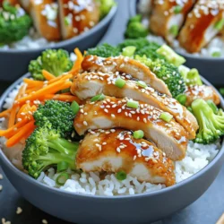 - Proportions for Chicken - 4 boneless, skinless chicken thighs (or breasts) - Condiments and Seasonings - ½ cup soy sauce - ¼ cup honey - 2 tablespoons rice vinegar - 2 tablespoons sesame oil - 2 cloves garlic, minced - 1 tablespoon fresh ginger, grated - 1 tablespoon cornstarch mixed with 2 tablespoons water (to thicken sauce) - Vegetables and Toppings - 1 cup broccoli florets - 1 carrot, julienned - 2 green onions, sliced - Sesame seeds for garnish - Salt and pepper to taste When I make Teriyaki Chicken Rice Bowls, I love getting fresh ingredients. They really boost the flavor. For the chicken, I use thighs or breasts. Both work well, but thighs are juicier. Next, I prepare the sauce using soy sauce, honey, rice vinegar, and sesame oil. This mix gives a sweet and salty taste. Garlic and ginger add a nice kick. Don't forget the cornstarch; it helps thicken the sauce for a great finish. For veggies, I always include broccoli and carrots. They add color and crunch. Green onions and sesame seeds are my go-to toppings. They make the dish look pretty and taste fresh. If you follow this Full Recipe, you’ll have a plate full of deliciousness! Cooking Jasmine Rice To start, measure 2 cups of jasmine rice. Rinse it under cold water until the water runs clear. This step removes excess starch and helps the rice become fluffy. In a medium saucepan, add the rinsed rice and 4 cups of water. Bring the water to a boil over high heat. Once boiling, reduce the heat to low. Cover the pot and let it simmer for about 15 minutes. The rice will absorb the water during this time. Fluffing and Setting Aside After 15 minutes, remove the pot from heat. Let it sit covered for another 5 minutes. This helps the rice steam and become soft. Use a fork to fluff the rice gently. Set it aside while you prepare the chicken and veggies. Preparing the Marinade In a mixing bowl, whisk together ½ cup soy sauce, ¼ cup honey, 2 tablespoons rice vinegar, and 2 tablespoons sesame oil. Add 2 cloves minced garlic and 1 tablespoon grated ginger. This mixture creates a sweet and salty sauce. It will soak into the chicken and give it great flavor. Time Considerations for Marinating Add the chicken to the marinade, making sure it coats each piece well. Let it marinate for at least 30 minutes. For the best taste, marinate it overnight in the fridge. This allows the flavors to develop. Searing Chicken to Perfection Heat a large skillet over medium heat. Add the marinated chicken, saving the marinade for later. Cook the chicken for about 5-7 minutes on each side. You want it to be golden brown and cooked fully. Check that it reaches an internal temperature of 165°F. Remove the chicken from the skillet and let it rest. Slice it into strips once it cools down. Stir-Frying Veggies In the same skillet, add 1 cup broccoli florets and 1 julienned carrot. Stir-fry them for about 3-4 minutes. Cook just until they are tender-crisp. This keeps them colorful and healthy. They will add nice texture to your bowls. You can find the Full Recipe to ensure every step is clear and easy to follow. To make the marinade shine, add more garlic or ginger. You can also try adding red pepper flakes for a kick. Fresh ingredients matter! They bring life to your dish. Use fresh garlic, ginger, and crisp veggies. They make a big difference in taste. For chicken, grilling or pan-searing works well. These methods give a nice brown crust. It adds flavor and texture. Always check the chicken's internal temperature. It should reach 165°F for safety and juiciness. For veggies, stir-fry them quickly. Keep them tender but crisp. This way, you preserve their color and nutrients. Just a few minutes on high heat will do wonders. Presentation matters! Layer rice, chicken, and veggies in a bowl. Drizzle with teriyaki sauce for a glossy look. Finish with green onions and sesame seeds on top. It makes the dish pop! As for sides, try a simple salad or edamame. These pair well and add freshness. You can also serve with miso soup for a complete meal. Explore these options to elevate your dining experience! For the full recipe, check the details above. {{image_2}} You can easily swap chicken for tofu or beef. Tofu brings a soft texture and absorbs sauce well. Use firm or extra-firm tofu for the best results. To prepare, press the tofu to remove moisture, then cut it into cubes. Marinate it just like chicken. For beef, thinly slice flank steak or sirloin. Cook it quickly in the skillet to keep it tender. This gives your rice bowl a new twist without losing the teriyaki flavor. If you want a gluten-free teriyaki chicken rice bowl, use tamari or coconut aminos. Tamari is a gluten-free soy sauce that tastes similar. Coconut aminos is a great option if you want a sweeter sauce. Both alternatives work well in the marinade. Just substitute them in equal amounts. This way, you can enjoy the dish without worries about gluten. Adding more veggies boosts nutrition and flavor. Think about bell peppers, snap peas, or bok choy. Slice them thinly and add them to your stir-fry. They cook quickly and stay crisp. You can also add spinach or kale near the end of cooking for extra greens. Feel free to mix and match your favorite veggies to make the dish colorful and healthy. To keep your Teriyaki Chicken Rice Bowls fresh, store them properly. First, let the bowls cool to room temperature. Then, transfer them to airtight containers. This will prevent moisture loss and keep the flavors intact. Store the bowls in the fridge. They can last up to four days when stored this way. When you want to enjoy your leftovers, reheating is key. You can use a microwave or a skillet. If using a microwave, cover the bowl with a damp paper towel. Heat in short bursts, stirring in between. This method keeps the chicken tender and moist. If you prefer the skillet, add a splash of water. Heat on medium-low, stirring until warmed through. This ensures the rice doesn’t dry out. If you want to save some for later, freezing is a great option. Pack the chicken and veggies in separate containers. This helps maintain texture. Use freezer-safe bags or containers. Label them with the date. Teriyaki Chicken Rice Bowls can last up to three months in the freezer. When ready to eat, thaw overnight in the fridge before reheating. You’ll still enjoy that delicious flavor! For the full recipe, check the main article. To boost the flavor of your Teriyaki Chicken Rice Bowls, focus on the marinade. Use fresh garlic and ginger for a strong taste. Try adding a splash of citrus juice, like lime or orange, to brighten the dish. You can also mix in sriracha for some spice. Top with fresh herbs like cilantro or basil for extra flavor. Don’t forget to let your chicken marinate longer. The longer it sits, the more it soaks up the flavors. Yes, you can prepare Teriyaki Chicken Rice Bowls in advance. Cook the rice and chicken ahead of time. Store them in separate containers in the fridge. You can also chop the vegetables and keep them ready. Just remember to make the teriyaki sauce fresh for the best taste. When you are ready to eat, you can heat everything up quickly. This makes meal prep easy and saves time during busy days. You can serve a simple salad with your Teriyaki Chicken Rice Bowls. A cucumber salad with rice vinegar works well. You might also enjoy edamame or pickled vegetables. These sides add freshness and crunch. For a fun twist, try pairing with sushi rolls or gyoza. If you want a restaurant experience, look for local spots that specialize in Asian cuisine. Check your area for a great Japanese or Asian fusion restaurant. They may offer tasty sides that complement your meal perfectly. In this blog post, I covered the essential ingredients and steps for making Teriyaki Chicken Rice Bowls. We looked at preparing jasmine rice, marinating chicken, and cooking colorful veggies. I shared tips to enhance flavor and cooking techniques to perfect your dish. Variations allow for alternative proteins and gluten-free options. Finally, we discussed proper storage and reheating methods. Now you have all you need to create delicious Teriyaki Chicken Rice Bowls. Enjoy making this meal as much as I do!