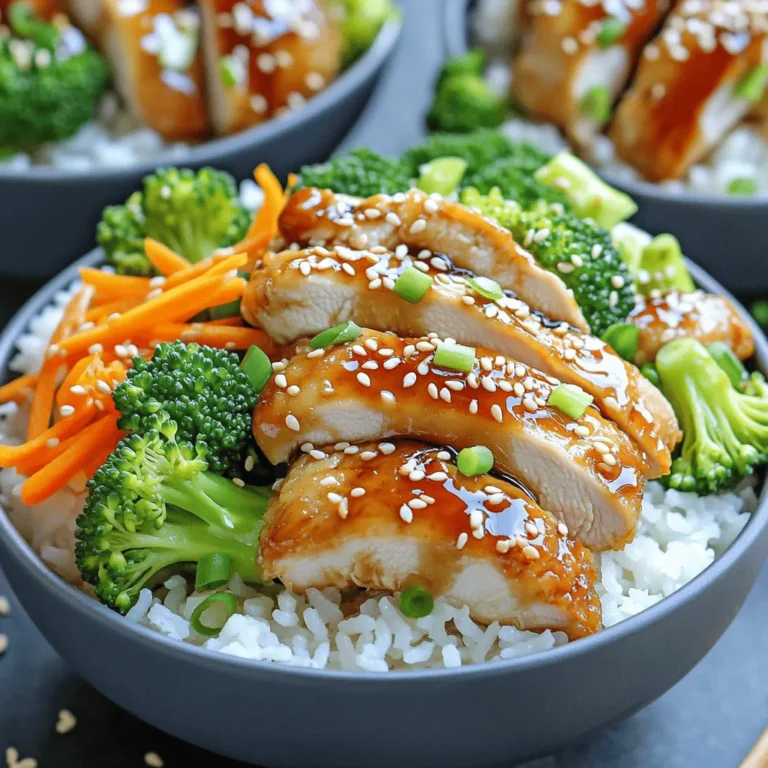 - Proportions for Chicken - 4 boneless, skinless chicken thighs (or breasts) - Condiments and Seasonings - ½ cup soy sauce - ¼ cup honey - 2 tablespoons rice vinegar - 2 tablespoons sesame oil - 2 cloves garlic, minced - 1 tablespoon fresh ginger, grated - 1 tablespoon cornstarch mixed with 2 tablespoons water (to thicken sauce) - Vegetables and Toppings - 1 cup broccoli florets - 1 carrot, julienned - 2 green onions, sliced - Sesame seeds for garnish - Salt and pepper to taste When I make Teriyaki Chicken Rice Bowls, I love getting fresh ingredients. They really boost the flavor. For the chicken, I use thighs or breasts. Both work well, but thighs are juicier. Next, I prepare the sauce using soy sauce, honey, rice vinegar, and sesame oil. This mix gives a sweet and salty taste. Garlic and ginger add a nice kick. Don't forget the cornstarch; it helps thicken the sauce for a great finish. For veggies, I always include broccoli and carrots. They add color and crunch. Green onions and sesame seeds are my go-to toppings. They make the dish look pretty and taste fresh. If you follow this Full Recipe, you’ll have a plate full of deliciousness! Cooking Jasmine Rice To start, measure 2 cups of jasmine rice. Rinse it under cold water until the water runs clear. This step removes excess starch and helps the rice become fluffy. In a medium saucepan, add the rinsed rice and 4 cups of water. Bring the water to a boil over high heat. Once boiling, reduce the heat to low. Cover the pot and let it simmer for about 15 minutes. The rice will absorb the water during this time. Fluffing and Setting Aside After 15 minutes, remove the pot from heat. Let it sit covered for another 5 minutes. This helps the rice steam and become soft. Use a fork to fluff the rice gently. Set it aside while you prepare the chicken and veggies. Preparing the Marinade In a mixing bowl, whisk together ½ cup soy sauce, ¼ cup honey, 2 tablespoons rice vinegar, and 2 tablespoons sesame oil. Add 2 cloves minced garlic and 1 tablespoon grated ginger. This mixture creates a sweet and salty sauce. It will soak into the chicken and give it great flavor. Time Considerations for Marinating Add the chicken to the marinade, making sure it coats each piece well. Let it marinate for at least 30 minutes. For the best taste, marinate it overnight in the fridge. This allows the flavors to develop. Searing Chicken to Perfection Heat a large skillet over medium heat. Add the marinated chicken, saving the marinade for later. Cook the chicken for about 5-7 minutes on each side. You want it to be golden brown and cooked fully. Check that it reaches an internal temperature of 165°F. Remove the chicken from the skillet and let it rest. Slice it into strips once it cools down. Stir-Frying Veggies In the same skillet, add 1 cup broccoli florets and 1 julienned carrot. Stir-fry them for about 3-4 minutes. Cook just until they are tender-crisp. This keeps them colorful and healthy. They will add nice texture to your bowls. You can find the Full Recipe to ensure every step is clear and easy to follow. To make the marinade shine, add more garlic or ginger. You can also try adding red pepper flakes for a kick. Fresh ingredients matter! They bring life to your dish. Use fresh garlic, ginger, and crisp veggies. They make a big difference in taste. For chicken, grilling or pan-searing works well. These methods give a nice brown crust. It adds flavor and texture. Always check the chicken's internal temperature. It should reach 165°F for safety and juiciness. For veggies, stir-fry them quickly. Keep them tender but crisp. This way, you preserve their color and nutrients. Just a few minutes on high heat will do wonders. Presentation matters! Layer rice, chicken, and veggies in a bowl. Drizzle with teriyaki sauce for a glossy look. Finish with green onions and sesame seeds on top. It makes the dish pop! As for sides, try a simple salad or edamame. These pair well and add freshness. You can also serve with miso soup for a complete meal. Explore these options to elevate your dining experience! For the full recipe, check the details above. {{image_2}} You can easily swap chicken for tofu or beef. Tofu brings a soft texture and absorbs sauce well. Use firm or extra-firm tofu for the best results. To prepare, press the tofu to remove moisture, then cut it into cubes. Marinate it just like chicken. For beef, thinly slice flank steak or sirloin. Cook it quickly in the skillet to keep it tender. This gives your rice bowl a new twist without losing the teriyaki flavor. If you want a gluten-free teriyaki chicken rice bowl, use tamari or coconut aminos. Tamari is a gluten-free soy sauce that tastes similar. Coconut aminos is a great option if you want a sweeter sauce. Both alternatives work well in the marinade. Just substitute them in equal amounts. This way, you can enjoy the dish without worries about gluten. Adding more veggies boosts nutrition and flavor. Think about bell peppers, snap peas, or bok choy. Slice them thinly and add them to your stir-fry. They cook quickly and stay crisp. You can also add spinach or kale near the end of cooking for extra greens. Feel free to mix and match your favorite veggies to make the dish colorful and healthy. To keep your Teriyaki Chicken Rice Bowls fresh, store them properly. First, let the bowls cool to room temperature. Then, transfer them to airtight containers. This will prevent moisture loss and keep the flavors intact. Store the bowls in the fridge. They can last up to four days when stored this way. When you want to enjoy your leftovers, reheating is key. You can use a microwave or a skillet. If using a microwave, cover the bowl with a damp paper towel. Heat in short bursts, stirring in between. This method keeps the chicken tender and moist. If you prefer the skillet, add a splash of water. Heat on medium-low, stirring until warmed through. This ensures the rice doesn’t dry out. If you want to save some for later, freezing is a great option. Pack the chicken and veggies in separate containers. This helps maintain texture. Use freezer-safe bags or containers. Label them with the date. Teriyaki Chicken Rice Bowls can last up to three months in the freezer. When ready to eat, thaw overnight in the fridge before reheating. You’ll still enjoy that delicious flavor! For the full recipe, check the main article. To boost the flavor of your Teriyaki Chicken Rice Bowls, focus on the marinade. Use fresh garlic and ginger for a strong taste. Try adding a splash of citrus juice, like lime or orange, to brighten the dish. You can also mix in sriracha for some spice. Top with fresh herbs like cilantro or basil for extra flavor. Don’t forget to let your chicken marinate longer. The longer it sits, the more it soaks up the flavors. Yes, you can prepare Teriyaki Chicken Rice Bowls in advance. Cook the rice and chicken ahead of time. Store them in separate containers in the fridge. You can also chop the vegetables and keep them ready. Just remember to make the teriyaki sauce fresh for the best taste. When you are ready to eat, you can heat everything up quickly. This makes meal prep easy and saves time during busy days. You can serve a simple salad with your Teriyaki Chicken Rice Bowls. A cucumber salad with rice vinegar works well. You might also enjoy edamame or pickled vegetables. These sides add freshness and crunch. For a fun twist, try pairing with sushi rolls or gyoza. If you want a restaurant experience, look for local spots that specialize in Asian cuisine. Check your area for a great Japanese or Asian fusion restaurant. They may offer tasty sides that complement your meal perfectly. In this blog post, I covered the essential ingredients and steps for making Teriyaki Chicken Rice Bowls. We looked at preparing jasmine rice, marinating chicken, and cooking colorful veggies. I shared tips to enhance flavor and cooking techniques to perfect your dish. Variations allow for alternative proteins and gluten-free options. Finally, we discussed proper storage and reheating methods. Now you have all you need to create delicious Teriyaki Chicken Rice Bowls. Enjoy making this meal as much as I do!