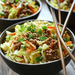 - 1 lb ground turkey or chicken - 4 cups coleslaw mix (shredded cabbage and carrots) - 3 cloves garlic, minced - 1 tablespoon fresh ginger, minced - 2 tablespoons sesame oil - 1/4 cup low-sodium soy sauce - 2 green onions, chopped - 1 tablespoon rice vinegar - Sesame seeds for garnish - Salt and pepper to taste The base of this dish starts with ground turkey or chicken. I prefer turkey for its lean protein. The coleslaw mix adds crunch and color. Garlic and ginger bring amazing flavor. Sesame oil gives a nutty taste that ties everything together. Low-sodium soy sauce adds salt without too much sodium. Green onions provide a fresh bite. Rice vinegar adds a little tang, while sesame seeds give a nice crunch. - Sriracha for spice - Additional vegetables (bell peppers, carrots) Sriracha is a great way to add heat. If you want more veggies, consider bell peppers or extra carrots. You can change the dish to fit your taste. - Large skillet or wok - Cooking utensils (spatula, measuring spoons) A large skillet or wok works best for even cooking. A spatula helps stir everything well. Measuring spoons are key for precise amounts. With these tools, you’ll make cooking easier and more fun. For the [Full Recipe], follow the steps to create this tasty meal. To start, gather all your ingredients. This makes cooking smooth and easy. You will need ground turkey or chicken, coleslaw mix, garlic, ginger, soy sauce, and sesame oil. Measure everything out before you begin. Next, heat a large skillet over medium-high heat. Add the sesame oil. Once hot, add the minced garlic and ginger. Cook them for about one minute. They will become fragrant, which means it's time to add the meat. Add the ground turkey or chicken to the skillet. Break it up with your spatula while it cooks. Cook until it's browned and fully cooked, about five to seven minutes. Make sure there are no pink spots in the meat. Now, it’s time to add the veggies. Add the coleslaw mix to the skillet. Toss it all together. Cook for an additional three to five minutes until the veggies are tender. This step adds color and crunch to your dish. Next, pour in the soy sauce and rice vinegar. If you want some heat, add sriracha now. Stir everything well and let it cook for two minutes. This allows the flavors to mix well. Season with salt and pepper to taste. For a great presentation, serve the egg roll in a bowl in individual bowls. Top with extra green onions and sesame seeds. This adds a nice crunch and makes your dish look pretty. You can serve this dish warm with chopsticks. It’s fun and easy to eat. Enjoy your tasty, healthy meal! For the full recipe, check out the detailed instructions above. To avoid overcooking vegetables, keep a close eye on them. Always add the coleslaw mix last. Cook it just until tender, about three to five minutes. This way, your veggies stay crisp and bright. Seasoning is key! Always taste your dish as you cook. Adjust the salt and soy sauce to suit your preferences. A little tweak can make a big difference. For a healthier option, consider low-sodium soy sauce. It cuts down on sodium without losing flavor. You can also use coconut aminos as a tasty alternative. When it comes to meat, I often choose ground turkey over chicken. Turkey has less fat and still packs flavor. If you're feeling adventurous, try other lean meats too! The best sides to serve with this dish include steamed rice or cauliflower rice. They balance the flavors and add texture. For garnish, sprinkle sesame seeds on top. They add a nice crunch and look great. You can also add extra green onions for a fresh touch. For a fun twist, serve in cute bowls with chopsticks. It makes the meal feel special! For the full recipe, check out the Healthy Egg Roll in a Bowl section. {{image_2}} You can switch up the protein in this dish easily. If you want a vegetarian option, try using tofu or tempeh. Both of these ingredients soak up flavor well. They provide great texture and protein without meat. If you prefer meat, lean pork or beef works too. Just make sure to cook it fully for safety. To make your Healthy Egg Roll in a Bowl more exciting, play with the flavors. Asian-inspired seasonings like five-spice or chili paste add depth. They can really take your dish to the next level. If you enjoy heat, try adding hot sauce. Sriracha is an easy option. Just a little can spice things up without overwhelming the dish. Feel free to get creative with your veggies. Adding mushrooms or snap peas can give your bowl a fresh twist. You can also incorporate quinoa or rice for a heartier meal. This adds more fiber and makes it more filling. Explore these variations to find your perfect mix! Check out the Full Recipe for more ideas. To keep your Healthy Egg Roll in a Bowl fresh, follow these steps. First, let the dish cool to room temperature. This helps prevent condensation in the container. Use airtight containers for storage. Glass or BPA-free plastic containers work best. Store the leftovers in the fridge. They will last for about three to four days. When reheating, you can use two methods: the microwave or stovetop. For the microwave, place the portion in a bowl. Cover it with a damp paper towel. Heat for 1-2 minutes. Stir halfway for even warming. For stovetop reheating, use a skillet. Warm over medium heat, stirring often. Add a splash of water if it gets dry. This will keep the texture nice and moist. You can freeze Healthy Egg Roll in a Bowl for longer storage. Place the cooled dish in freezer-safe containers. Leave some space at the top for expansion. Seal tightly and label. It will last for about three months in the freezer. When ready to eat, thaw it in the fridge overnight. Reheat it using one of the methods above. Enjoy a tasty meal, even from frozen! Can I make Healthy Egg Roll in a Bowl ahead of time? Yes, you can make this dish ahead. Just cook it as usual, then cool it down. Store it in an airtight container in the fridge. It will taste great for up to three days. Reheat before serving. How long does it last in the fridge? This meal lasts about three days when stored properly in the fridge. Make sure to seal it well to keep it fresh. Check for any signs of spoilage before eating. What can I use instead of ground turkey? You can use ground chicken, pork, or beef instead of ground turkey. If you want a vegetarian option, try crumbled tofu or tempeh. These choices will still give you great flavor and texture. Can I omit the rice vinegar? Yes, you can skip the rice vinegar. If you want some tang, try using lime juice or apple cider vinegar instead. This will keep the dish flavorful without losing much. Is this dish low-carb? Yes, Healthy Egg Roll in a Bowl is low in carbs. The main ingredients are veggies and protein, keeping the carb count low. This makes it a good choice for low-carb diets. How many calories per serving can I expect? You can expect about 300 calories per serving. This can vary based on your ingredient choices, like the type of meat you use. For the full recipe, check the details to get exact numbers based on your choices. Healthy Egg Roll in a Bowl combines simple, nutritious ingredients for a quick meal. You learned about vital components like ground turkey, coleslaw mix, and seasoning essentials. Customization options let you add extra veggies or spice. I shared tips for cooking perfection and variations to suit your taste. Plus, you now know how to store and reheat leftovers effectively. This dish is not only easy but also versatile and healthy, making it a great addition to your meal rotation. Enjoy making it your own!