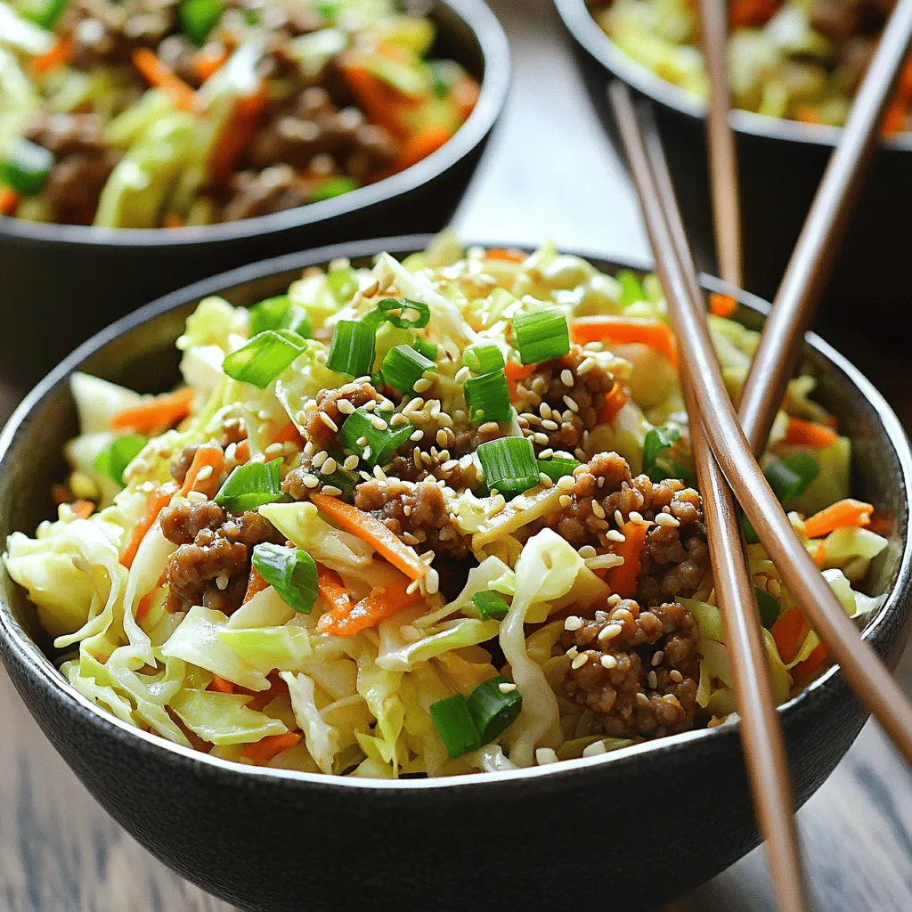 - 1 lb ground turkey or chicken - 4 cups coleslaw mix (shredded cabbage and carrots) - 3 cloves garlic, minced - 1 tablespoon fresh ginger, minced - 2 tablespoons sesame oil - 1/4 cup low-sodium soy sauce - 2 green onions, chopped - 1 tablespoon rice vinegar - Sesame seeds for garnish - Salt and pepper to taste The base of this dish starts with ground turkey or chicken. I prefer turkey for its lean protein. The coleslaw mix adds crunch and color. Garlic and ginger bring amazing flavor. Sesame oil gives a nutty taste that ties everything together. Low-sodium soy sauce adds salt without too much sodium. Green onions provide a fresh bite. Rice vinegar adds a little tang, while sesame seeds give a nice crunch. - Sriracha for spice - Additional vegetables (bell peppers, carrots) Sriracha is a great way to add heat. If you want more veggies, consider bell peppers or extra carrots. You can change the dish to fit your taste. - Large skillet or wok - Cooking utensils (spatula, measuring spoons) A large skillet or wok works best for even cooking. A spatula helps stir everything well. Measuring spoons are key for precise amounts. With these tools, you’ll make cooking easier and more fun. For the [Full Recipe], follow the steps to create this tasty meal. To start, gather all your ingredients. This makes cooking smooth and easy. You will need ground turkey or chicken, coleslaw mix, garlic, ginger, soy sauce, and sesame oil. Measure everything out before you begin. Next, heat a large skillet over medium-high heat. Add the sesame oil. Once hot, add the minced garlic and ginger. Cook them for about one minute. They will become fragrant, which means it's time to add the meat. Add the ground turkey or chicken to the skillet. Break it up with your spatula while it cooks. Cook until it's browned and fully cooked, about five to seven minutes. Make sure there are no pink spots in the meat. Now, it’s time to add the veggies. Add the coleslaw mix to the skillet. Toss it all together. Cook for an additional three to five minutes until the veggies are tender. This step adds color and crunch to your dish. Next, pour in the soy sauce and rice vinegar. If you want some heat, add sriracha now. Stir everything well and let it cook for two minutes. This allows the flavors to mix well. Season with salt and pepper to taste. For a great presentation, serve the egg roll in a bowl in individual bowls. Top with extra green onions and sesame seeds. This adds a nice crunch and makes your dish look pretty. You can serve this dish warm with chopsticks. It’s fun and easy to eat. Enjoy your tasty, healthy meal! For the full recipe, check out the detailed instructions above. To avoid overcooking vegetables, keep a close eye on them. Always add the coleslaw mix last. Cook it just until tender, about three to five minutes. This way, your veggies stay crisp and bright. Seasoning is key! Always taste your dish as you cook. Adjust the salt and soy sauce to suit your preferences. A little tweak can make a big difference. For a healthier option, consider low-sodium soy sauce. It cuts down on sodium without losing flavor. You can also use coconut aminos as a tasty alternative. When it comes to meat, I often choose ground turkey over chicken. Turkey has less fat and still packs flavor. If you're feeling adventurous, try other lean meats too! The best sides to serve with this dish include steamed rice or cauliflower rice. They balance the flavors and add texture. For garnish, sprinkle sesame seeds on top. They add a nice crunch and look great. You can also add extra green onions for a fresh touch. For a fun twist, serve in cute bowls with chopsticks. It makes the meal feel special! For the full recipe, check out the Healthy Egg Roll in a Bowl section. {{image_2}} You can switch up the protein in this dish easily. If you want a vegetarian option, try using tofu or tempeh. Both of these ingredients soak up flavor well. They provide great texture and protein without meat. If you prefer meat, lean pork or beef works too. Just make sure to cook it fully for safety. To make your Healthy Egg Roll in a Bowl more exciting, play with the flavors. Asian-inspired seasonings like five-spice or chili paste add depth. They can really take your dish to the next level. If you enjoy heat, try adding hot sauce. Sriracha is an easy option. Just a little can spice things up without overwhelming the dish. Feel free to get creative with your veggies. Adding mushrooms or snap peas can give your bowl a fresh twist. You can also incorporate quinoa or rice for a heartier meal. This adds more fiber and makes it more filling. Explore these variations to find your perfect mix! Check out the Full Recipe for more ideas. To keep your Healthy Egg Roll in a Bowl fresh, follow these steps. First, let the dish cool to room temperature. This helps prevent condensation in the container. Use airtight containers for storage. Glass or BPA-free plastic containers work best. Store the leftovers in the fridge. They will last for about three to four days. When reheating, you can use two methods: the microwave or stovetop. For the microwave, place the portion in a bowl. Cover it with a damp paper towel. Heat for 1-2 minutes. Stir halfway for even warming. For stovetop reheating, use a skillet. Warm over medium heat, stirring often. Add a splash of water if it gets dry. This will keep the texture nice and moist. You can freeze Healthy Egg Roll in a Bowl for longer storage. Place the cooled dish in freezer-safe containers. Leave some space at the top for expansion. Seal tightly and label. It will last for about three months in the freezer. When ready to eat, thaw it in the fridge overnight. Reheat it using one of the methods above. Enjoy a tasty meal, even from frozen! Can I make Healthy Egg Roll in a Bowl ahead of time? Yes, you can make this dish ahead. Just cook it as usual, then cool it down. Store it in an airtight container in the fridge. It will taste great for up to three days. Reheat before serving. How long does it last in the fridge? This meal lasts about three days when stored properly in the fridge. Make sure to seal it well to keep it fresh. Check for any signs of spoilage before eating. What can I use instead of ground turkey? You can use ground chicken, pork, or beef instead of ground turkey. If you want a vegetarian option, try crumbled tofu or tempeh. These choices will still give you great flavor and texture. Can I omit the rice vinegar? Yes, you can skip the rice vinegar. If you want some tang, try using lime juice or apple cider vinegar instead. This will keep the dish flavorful without losing much. Is this dish low-carb? Yes, Healthy Egg Roll in a Bowl is low in carbs. The main ingredients are veggies and protein, keeping the carb count low. This makes it a good choice for low-carb diets. How many calories per serving can I expect? You can expect about 300 calories per serving. This can vary based on your ingredient choices, like the type of meat you use. For the full recipe, check the details to get exact numbers based on your choices. Healthy Egg Roll in a Bowl combines simple, nutritious ingredients for a quick meal. You learned about vital components like ground turkey, coleslaw mix, and seasoning essentials. Customization options let you add extra veggies or spice. I shared tips for cooking perfection and variations to suit your taste. Plus, you now know how to store and reheat leftovers effectively. This dish is not only easy but also versatile and healthy, making it a great addition to your meal rotation. Enjoy making it your own!