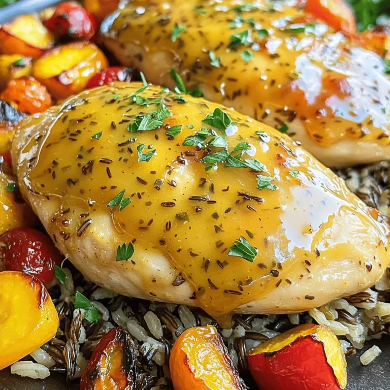 - 4 boneless, skinless chicken breasts - 1/3 cup honey - 1/3 cup Dijon mustard - 2 tablespoons apple cider vinegar - 1 tablespoon olive oil - 2 garlic cloves, minced - 1 teaspoon dried thyme - Salt and pepper, to taste - Fresh parsley, chopped (for garnish) The main ingredients create a sweet and tangy base. Honey brings the sweetness, while Dijon mustard adds a nice kick. Apple cider vinegar helps balance the flavors. I use boneless chicken breasts for tenderness and quick cooking. The additional ingredients enhance the taste. Olive oil keeps the chicken moist. Garlic adds depth, and thyme offers a lovely herbal note. A bit of salt and pepper boosts the overall flavor. Finally, fresh parsley gives a pop of color and freshness when you serve. For the full recipe, visit the Honey Mustard Chicken Delight page. Enjoy cooking! - Preheat the oven to 375°F (190°C). - In a bowl, mix honey, Dijon mustard, apple cider vinegar, olive oil, garlic, thyme, salt, and pepper. Whisk until smooth. - Place the chicken breasts in a bag or dish. Pour the marinade over the chicken. Make sure each piece gets coated. Seal the bag or cover the dish. Let it marinate in the fridge for at least 30 minutes. For more flavor, marinate for up to 2 hours. - Take the chicken out of the marinade, but save the marinade for later. - Put the chicken in a baking dish. Bake it for 25-30 minutes. The chicken is done when its internal temperature reaches 165°F (75°C). - While the chicken bakes, take the reserved marinade. Pour it into a small saucepan. Bring it to a boil over medium heat. Let it simmer for about 5 minutes until it thickens a bit. - Once the chicken is done, brush the thickened glaze over each piece. Put the chicken back in the oven for another 5 minutes to set the glaze. - You can find the full recipe in the earlier section. To get the best flavor from your honey mustard chicken, marination is key. Follow these tips: - Use a resealable bag: This helps the marinade coat the chicken evenly. - Marinate longer: For maximum flavor, let the chicken sit for at least 2 hours. If you have time, overnight is even better. - Keep it cool: Always marinate in the fridge. This keeps the chicken safe and fresh. Cooking chicken well can be tricky. Here are some tips to ensure even cooking: - Check the temperature: Cook the chicken until it reaches 165°F (75°C). Use a meat thermometer for accuracy. - Don’t crowd the pan: Space out the chicken in the baking dish. This helps it cook evenly. - Baste for moisture: Brush the chicken with the glaze halfway through cooking. This helps keep it juicy. Want to add a twist to your honey mustard chicken? Try these ideas: - Add spices: Mix in some paprika or cayenne for a kick. - Herbs are your friends: Fresh rosemary or basil can add great flavor. - Citrus zest: Grate some lemon or orange zest into the marinade. This brightens up the dish. For a complete guide, check the Full Recipe to create this delicious meal with ease. {{image_2}} You can easily switch ingredients in this recipe. Use maple syrup instead of honey for a unique twist. If you don’t have Dijon mustard, try yellow mustard or whole grain mustard. These options change the flavor while keeping it delicious. You can also try agave nectar for a lighter sweetness. You have choices for cooking honey mustard chicken. Baking is popular, but grilling adds a smoky flavor. If you grill, marinate the chicken as usual. Preheat the grill to medium heat. Cook for about 6-8 minutes on each side. Use a meat thermometer to check for an internal temperature of 165°F (75°C). Pair your honey mustard chicken with tasty sides. Wild rice or quinoa works great as a base. Roasted vegetables like carrots and broccoli add color and nutrients. You can also serve it with a fresh salad or garlic bread. For a fun twist, serve with sweet potato fries. Don't forget to drizzle extra glaze on top for added flavor! To store your honey mustard chicken, let it cool first. Place it in an airtight container. You can keep it in the fridge for up to three days. This keeps the taste fresh. If you want to keep the sauce, store it separately. This way, it won’t make the chicken soggy. If you want to freeze the chicken, wrap it tightly in plastic wrap. Then, place it in a freezer-safe bag. It can last up to three months in the freezer. When you want to eat it, just thaw it in the fridge overnight. This helps keep the flavor intact. To reheat honey mustard chicken, use the oven or microwave. In the oven, preheat to 350°F (175°C). Place the chicken in a baking dish and cover it with foil. Bake for about 15-20 minutes. This keeps it moist. In the microwave, use a microwave-safe plate. Heat for 1-2 minutes, checking every 30 seconds. Add a splash of water to keep it juicy. Marinating the chicken takes at least 30 minutes. For the best flavor, aim for 2 hours. This allows the honey and mustard to soak in well. You will taste the difference! Yes, you can make honey mustard chicken ahead of time. Cook the chicken and let it cool. Store it in the fridge for 3 to 4 days. You can also freeze it for up to 3 months. Just make sure to thaw it in the fridge before reheating. Honey mustard chicken goes well with many sides. Here are some popular choices: - Roasted vegetables - Wild rice - Mashed potatoes - Steamed broccoli - Salad with a light dressing These sides add flavor and color to your meal. You can use bone-in chicken for this recipe. However, cooking times will be longer. Bone-in chicken takes about 40 to 50 minutes to cook through. Use a meat thermometer to check. The internal temperature should reach 165°F (75°C). Enjoy experimenting with different cuts! This blog post covered how to make honey mustard chicken. We explored main ingredients, step-by-step instructions, and tips for the best results. You learned about variations and storage info to keep your chicken fresh. In the end, this dish is simple, tasty, and perfect for any meal. Enjoy experimenting with flavors and methods to make it your own. You’ll impress family and friends with your cooking skills!