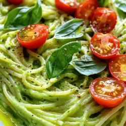 Here’s what you need for creamy avocado pasta. Gather these fresh ingredients to make your dish shine: - 2 ripe avocados, pitted and peeled - 2 cloves garlic, minced - 1 tablespoon fresh lemon juice - 1/4 cup fresh basil leaves - 1/4 cup grated Parmesan cheese (or nutritional yeast for a vegan option) - 1/2 teaspoon red pepper flakes (optional) - Salt and pepper to taste - 8 oz spaghetti or your choice of pasta - 2 tablespoons olive oil - 1/4 cup cherry tomatoes, halved (for garnish) - Extra basil leaves for garnish Using ripe avocados is key. They give the sauce its creamy texture. Fresh basil adds a lovely flavor that pops in every bite. Garlic brings warmth, while lemon juice brightens the dish. You can swap Parmesan with nutritional yeast for a vegan twist. The red pepper flakes? They add a hint of heat, but it’s up to you! This creamy avocado pasta recipe is quick and easy. You can use any pasta you like. I often choose spaghetti, but penne or fusilli works too. Don’t forget the cherry tomatoes for a splash of color and flavor. For the full recipe, check the instructions later on. Happy cooking! To cook pasta al dente, boil a pot of salted water. Add your pasta and stir it gently. Check the package for cooking time. Typically, this takes about 8 to 10 minutes. You want it to be firm but not hard. When your pasta is ready, reserve 1/2 cup of pasta water before draining it. This water helps thin the sauce later. Next, let's prepare the avocado sauce. In a food processor, combine the ripe avocados, minced garlic, fresh lemon juice, basil leaves, and Parmesan cheese. Blend these until smooth. If the sauce is too thick, add some reserved pasta water. You want it creamy but not runny. Adjust the flavor with salt and pepper to your liking for the best taste. Now, it's time to mix the pasta with the sauce. In a large bowl, toss the cooked pasta with the avocado sauce. Make sure the pasta is well coated. For extra flavor, drizzle 2 tablespoons of olive oil over the top. Toss the pasta again to blend everything together. This adds richness and a lovely shine to your dish. To make creamy avocado pasta, you need ripe avocados. Look for avocados that feel soft but not mushy. Gently press the skin; if it gives a little, it’s ready. Dark green skin often means ripeness. If your avocados are hard, leave them at room temperature for a few days. Check them daily until they feel just right. You can make this dish even more tasty with extra herbs and spices. Try adding fresh parsley or cilantro for a new twist. A pinch of cumin can add warmth. Always taste before you serve. Adjust the salt and pepper to suit your liking. This step is key for a great flavor. Creamy avocado pasta pairs well with many foods. I love to serve it with grilled chicken or shrimp for protein. Add a side salad with fresh greens for crunch. For garnish, use halved cherry tomatoes and extra basil leaves. They add color and freshness to your dish. You can find the Full Recipe above to create this delightful meal. {{image_2}} To make this dish vegan, swap the Parmesan cheese for nutritional yeast. Nutritional yeast gives a cheesy flavor without any dairy. This change keeps the creaminess while being plant-based. You still get that rich taste, and it’s perfect for vegans. Just use the same amount of nutritional yeast as the cheese in the recipe. You can easily add protein to your creamy avocado pasta. Chicken, shrimp, or beans work well here. Grilled chicken adds a nice touch and pairs well with the creamy sauce. Shrimp cooks quickly and gives a lovely flavor. If you prefer a plant-based option, black beans or chickpeas will add protein and fiber. Cook your protein separately, then toss it in with the pasta. If you need a gluten-free option, choose gluten-free pasta types like brown rice, quinoa, or chickpea pasta. These options cook similarly to regular pasta and taste great. Check the package instructions for cooking time, as it varies. Using gluten-free pasta keeps this dish inclusive for everyone. Enjoy the creamy avocado sauce with your favorite gluten-free pasta for a delightful meal. To keep your creamy avocado pasta fresh, store it in an airtight container. Make sure to refrigerate it within two hours of cooking. This pasta is best eaten within two days. The avocado can brown, so try to eat it soon. You can freeze the avocado sauce, but it's not ideal for the pasta. The texture might change after thawing. To freeze, place the sauce in a freezer-safe bag. Remove as much air as possible before sealing. It can stay frozen for up to three months. To reheat, use a stovetop pan over low heat. Add a splash of water or olive oil to help it stay creamy. Stir gently to avoid burning. You can also use a microwave. Heat in short bursts, stirring in between. This way, you keep the pasta's texture nice and smooth. Creamy avocado pasta stays fresh for about 2 days in the fridge. Keep it in an airtight container. The sauce may darken slightly due to the avocado, but it will still taste good. To keep it fresh, you can add a bit more lemon juice before storing. This helps slow down browning. Yes, you can prepare creamy avocado pasta in advance. Cook the pasta and let it cool before storing. For the sauce, blend the ingredients and store them separately in the fridge. Mix them together just before serving to keep everything fresh. If you want to add flavor later, toss in fresh herbs or extra spices right before you eat. This recipe is perfect for kids! The creamy sauce makes the pasta smooth and tasty. Kids love the mild flavor of avocado. You can also let them help with the mixing. Adding cherry tomatoes on top can make it fun and colorful, too! If you want to add protein, try grilled chicken or beans to make it even better. This blog post covered how to make creamy avocado pasta, step by step. We started with the key ingredients and then discussed cooking and preparing tips. You learned how to select ripe avocados and enhance flavors for the perfect dish. Overall, this recipe is easy, quick, and kid-friendly. You can customize it to fit your diet and enjoy fresh, healthy meals. I hope you feel inspired to try this creamy delight!