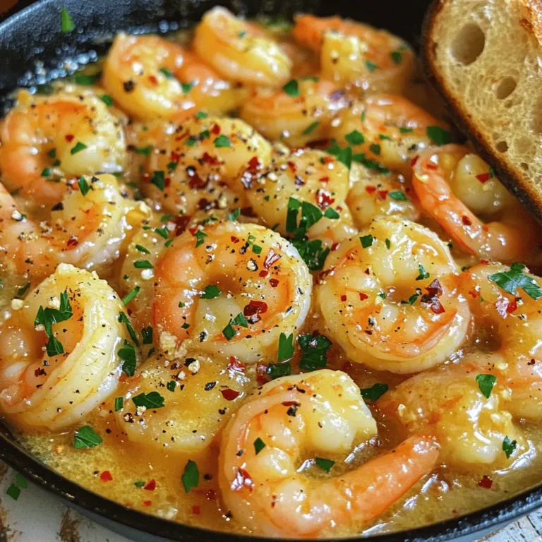 - 1 lb large shrimp, peeled and deveined - 6 tablespoons unsalted butter - 6 cloves garlic, minced - 1 teaspoon red pepper flakes (adjust to taste) - 1 lemon, juiced (about 2 tablespoons) - Fresh parsley for garnish - Salt and pepper to taste - Cooked pasta or crusty bread for serving I love this recipe because it uses simple, fresh ingredients. The shrimp are the star, giving each bite a sweet, ocean flavor. The butter adds richness, and garlic brings a warm, savory note. The red pepper flakes give a nice kick. You can adjust how much you use based on your spice level. A squeeze of lemon brightens the dish and cuts through the richness. Fresh parsley adds color and freshness, making it look beautiful on the plate. You can add salt and pepper to taste. Feel free to serve this dish with pasta or crusty bread. Both options soak up the tasty garlic butter sauce. For the full recipe, check the details above. Enjoy cooking! First, you need to get your shrimp ready. Peel and devein the shrimp. This means removing the shell and the dark line on the back. It takes just a few minutes. Then, mince the garlic and chop the parsley. You want the garlic pieces small to release their flavor well. The parsley adds a fresh touch at the end. Now, let’s cook! Melt the butter in a skillet. Use medium heat for a nice sizzle. Sauté garlic and red pepper flakes. Cook them for about 1-2 minutes. You want the garlic to smell great, but don’t let it brown. Next, cook shrimp until pink and tender. Add shrimp to the skillet in a single layer. It takes about 2-3 minutes on one side. When they turn pink, flip them. Pour in the lemon juice and add more butter. Cook for another 1-2 minutes. This makes the shrimp tasty and juicy. Lastly, add lemon juice and season. This gives a nice zing. Then, garnish with parsley before serving. The green color looks pretty and fresh. Serve your garlic butter shrimp on pasta or with crusty bread to soak up that yummy sauce. If you want the full recipe, check it out for all the details! How to avoid overcooking shrimp To keep shrimp tender, cook them just until they turn pink. This usually takes about 2-3 minutes per side. If you cook them too long, they can become tough and rubbery. Always watch closely as they cook. Remove them from heat as soon as they change color. Tips for achieving the best garlic flavor To get the most flavor from garlic, sauté it gently. Cook it in butter over medium heat for 1-2 minutes. You want the garlic to be fragrant, not brown. Burnt garlic can taste bitter. Use fresh garlic for the best taste. Feel free to add more garlic if you love that flavor! Best sides to accompany garlic butter shrimp Garlic butter shrimp pairs well with many sides. Some great options include: - Cooked pasta - Crusty bread - Rice - Steamed vegetables These sides soak up the delicious garlic butter sauce. They make your meal even more tasty! Ideas for using the leftover sauce Don’t waste that sauce! Drizzle it over cooked vegetables or use it to flavor rice. It is also great as a dip for bread. You can mix it into pasta dishes for extra flavor. Suggestions for additional spices or herbs To add more depth, try spices like paprika or cayenne pepper. Fresh herbs like thyme or basil can elevate the dish too. Sprinkle them in at the end for a fresh touch. Experiment with flavors to find what you love most! Pairing wine with garlic butter shrimp A light white wine works best with garlic butter shrimp. Try a Sauvignon Blanc or a Pinot Grigio. These wines complement the buttery and garlic flavors without overpowering them. A chilled glass brings out the dish's full taste. For more detailed steps and to inspire your cooking, check out the Full Recipe. {{image_2}} You can swap shrimp for chicken or fish in this dish. Chicken thighs work well. Just cut them into small pieces. Cook them until golden brown. For fish, choose firm types like cod or salmon. Cut the fish into chunks and cook until flaky. If you're looking for a vegetarian option, try using mushrooms. Button or portobello mushrooms add a nice texture. Sauté them until they are tender and golden brown. They soak up the garlic butter flavor beautifully. To change up the flavor, add fresh herbs like thyme or basil. These herbs give a fresh taste to the shrimp. You can sprinkle them in during cooking for best results. If you love heat, add chili peppers. Fresh or dried, they can spice things up. Adjust the amount to your taste. A little goes a long way! You can use different cooking methods too. Grilling adds a smoky flavor to shrimp. Just toss them on the grill until they are cooked through. If you prefer baked garlic butter shrimp, mix everything in a baking dish. Bake it in the oven until the shrimp are pink and tender. This method is hands-off and very easy. For the full recipe, be sure to check the main article! To store leftovers of garlic butter shrimp, let it cool first. Place the shrimp in an airtight container. This keeps them fresh and tasty. You can use glass or plastic containers. Make sure they seal well to prevent air from getting in. Label the container with the date. You can keep it in the fridge for up to three days. When reheating shrimp, use low heat. This helps to avoid overcooking. You can reheat them in a skillet or microwave. If using a skillet, add a bit of butter or oil. This helps refresh the flavors. Stir gently until heated through. If using a microwave, cover the dish with a lid. Heat in short bursts, checking often. To freeze garlic butter shrimp, first cool it completely. Then, place it in a freezer-safe bag. Squeeze out as much air as possible before sealing. Label the bag with the date. You can freeze it for up to three months. When ready to cook, thaw in the fridge overnight. You can also cook it from frozen, just add a few extra minutes to the cooking time. Yes, you can use frozen shrimp. Just remember to thaw them well. To thaw frozen shrimp, place them in the fridge overnight. If you're in a hurry, you can use cold water. Just put the shrimp in a bowl and cover them with cold water for about 15-20 minutes. Change the water halfway through for even thawing. Once thawed, pat them dry with a paper towel before cooking. This helps the shrimp sear better. Garlic butter shrimp can last in the fridge for 2-3 days. Store the shrimp in an airtight container. Make sure it’s sealed well to keep out air. This helps keep the shrimp fresh. When you reheat them, make sure they are heated all the way through. If they smell off or look strange, it’s best to toss them out for safety. Garlic butter shrimp pairs well with many sides. Here are some tasty ideas: - Cooked pasta, like spaghetti or linguine - Crusty bread for dipping into the sauce - Steamed vegetables like broccoli or asparagus - A light salad with lemon dressing - Rice, for a simple and filling meal Each of these sides will complement the shrimp and make your meal more filling. You can also mix and match based on what you have at home. For the full recipe, check out the full recipe section above! Garlic butter shrimp is a simple and tasty dish. You learned the key ingredients and steps to make it shine. We covered tips to avoid overcooking and ideas for serving. You can even explore variations with chicken or veggies. In the end, this dish is versatile and perfect for any meal. Enjoy cooking, and let your flavors shine!