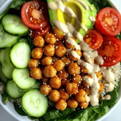 - 1 can (15 oz) chickpeas, drained and rinsed - 2 cups cooked quinoa - 1 cup cherry tomatoes, halved - 1 cucumber, diced - 2 cups fresh spinach or mixed greens Chickpeas are the star of this bowl. They give protein and fiber. I love how they get crispy in the oven. Quinoa adds a nice texture and is full of nutrients. Fresh veggies bring color and crunch to the dish. - 1 tablespoon olive oil - 1 teaspoon smoked paprika - 1/2 teaspoon garlic powder - 1/2 teaspoon cumin - Salt and pepper to taste - 1/4 cup tahini - 2 tablespoons lemon juice - 1 tablespoon water The right seasonings make this meal pop. Olive oil helps the spices stick. Smoked paprika gives a lovely smoky flavor. Tahini dressing adds creaminess and depth. The lemon juice brightens it all up. - 1 avocado, sliced - Sesame seeds for garnish Avocado adds creaminess and healthy fats. Sesame seeds offer a nice crunch. You can also use other toppings like nuts or sprouts. Feel free to customize this bowl to your taste. For the full recipe, check out the detailed steps to create this delicious dish. 1. Preheat your oven to 400°F (200°C). This temperature helps the chickpeas get crispy. 2. In a bowl, toss the drained chickpeas with olive oil, smoked paprika, garlic powder, cumin, salt, and pepper. Make sure every chickpea gets coated well. 1. Spread the seasoned chickpeas out in a single layer on a baking sheet lined with parchment paper. This helps them roast evenly. 2. Roast the chickpeas in the oven for about 25-30 minutes. Shake the pan halfway through to ensure they cook evenly. Look for a nice golden brown color and crisp texture. 1. Start with the cooked quinoa as the base in a large bowl. This gives your bowl a hearty foundation. 2. Add fresh spinach or mixed greens on top of the quinoa. This adds color and nutrients. 3. Next, artfully arrange the halved cherry tomatoes, diced cucumber, and sliced avocado around the bowl. This makes it look beautiful and inviting. 4. Once the chickpeas are done roasting, add them on top of the vegetables. They will be warm and crunchy. 5. For the dressing, whisk together tahini, lemon juice, and water until smooth. If it’s too thick, add a bit more water. 6. Drizzle the tahini dressing over the assembled bowl and sprinkle sesame seeds on top for a nice finish. For the full recipe, check the recipe card above. Enjoy your meal! To get the best crispy chickpeas, start by draining and drying them well. Excess moisture will make them soggy. After rinsing, pat them dry with a clean towel. This simple step makes a big difference. Next, set your oven to 400°F (200°C). This temperature helps the chickpeas roast perfectly. Spread them out on a baking sheet in a single layer. This ensures even cooking. Shake the pan halfway through roasting for crispiness all around. If you want to mix things up, try different grains. Instead of quinoa, use brown rice or farro for a unique twist. Each grain brings its own flavor and texture. You can also swap veggies based on what you have. Use bell peppers or shredded carrots if you want a color boost. Plating is key for a beautiful Buddha bowl. Start with a base of quinoa in the center. Then, arrange the spinach and veggies around it. This creates a colorful display. When adding the chickpeas, place them in a way that shows off their crispiness. For serving, drizzle the tahini dressing over the top just before eating. This keeps everything fresh. Don't forget to sprinkle sesame seeds for a nice finish. For more ideas on plating, check out the Full Recipe. {{image_2}} To make the Crispy Chickpea Buddha Bowl gluten-free, choose gluten-free grains like quinoa or brown rice. Both grains add great texture and nutrition. For dressings, use tamari instead of soy sauce. This swap keeps the flavor while ensuring gluten-free status. This recipe is already vegan, but double-check your ingredients. Make sure the chickpeas and all veggies are plant-based. If you want more protein, add tofu or tempeh. Both options blend well with the chickpeas and keep the bowl filling. Using seasonal vegetables makes your bowl fresh and vibrant. In summer, add sweet corn or bell peppers. In fall, consider roasted squash or sweet potatoes. Adjust spices too. For spring, try adding fresh herbs. In winter, warming spices like cinnamon or nutmeg can enhance your bowl's flavor. Mix and match these ideas to keep your Crispy Chickpea Buddha Bowl exciting. You can always check the Full Recipe for more details. To keep your crispy chickpea Buddha bowl fresh, store leftovers in the fridge. Use an airtight container to keep moisture out. The bowl will stay good for 3 to 4 days. When reheating chickpeas, the oven is best. Preheat it to 375°F (190°C). Spread the chickpeas on a baking sheet for about 10 minutes. This keeps them crispy. For the bowl, you can reheat the quinoa and veggies in the microwave. Just heat them until warm, then reassemble your bowl. To save time, prepare ingredients ahead of time. You can cook the quinoa and roast the chickpeas in advance. Store them separately in the fridge. When you’re ready to eat, just assemble your bowl. Add fresh veggies and drizzle with tahini dressing for quick meals. This method makes enjoying your crispy chickpea Buddha bowl easy! For the full recipe, check out the Crispy Chickpea Buddha Bowl section. Chickpeas are small but mighty! They offer many health benefits. Here’s a quick look at their nutritional profile: - High in protein - Packed with fiber - Rich in vitamins and minerals Chickpeas are great for your health. Fiber helps with digestion. It keeps you full longer too. Protein builds and repairs body tissue. It is essential for muscle growth. Eating chickpeas can help control blood sugar and cholesterol levels. You can store the Crispy Chickpea Buddha Bowl in the fridge for up to 3 days. Keep the chickpeas separate if possible. This keeps them crispy. Use an airtight container to keep it fresh. Absolutely! You can make the Buddha bowl your own. Here are some ideas: - Swap chickpeas for black beans or lentils - Use brown rice instead of quinoa - Add seasonal veggies like bell peppers or zucchini If you follow a specific diet, you can still enjoy this meal. Make it vegan by sticking to plant-based options. Gluten-free grains are also an option. Explore your preferences and enjoy! For the complete recipe, check out the Full Recipe link. This blog post shared how to make a Crispy Chickpea Buddha Bowl. We covered the key ingredients, from chickpeas to fresh veggies and tasty dressings. I shared step-by-step instructions for roasting chickpeas and assembling your bowl. You learned tips for crispy chickpeas and various ingredient swaps. Remember, your bowl can change with the seasons or your preferences. Enjoy creating your own delicious and healthy meals. Make it fun and fill it with what you love!