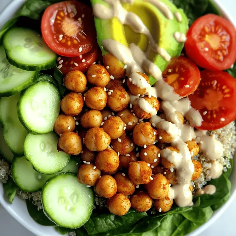 - 1 can (15 oz) chickpeas, drained and rinsed - 2 cups cooked quinoa - 1 cup cherry tomatoes, halved - 1 cucumber, diced - 2 cups fresh spinach or mixed greens Chickpeas are the star of this bowl. They give protein and fiber. I love how they get crispy in the oven. Quinoa adds a nice texture and is full of nutrients. Fresh veggies bring color and crunch to the dish. - 1 tablespoon olive oil - 1 teaspoon smoked paprika - 1/2 teaspoon garlic powder - 1/2 teaspoon cumin - Salt and pepper to taste - 1/4 cup tahini - 2 tablespoons lemon juice - 1 tablespoon water The right seasonings make this meal pop. Olive oil helps the spices stick. Smoked paprika gives a lovely smoky flavor. Tahini dressing adds creaminess and depth. The lemon juice brightens it all up. - 1 avocado, sliced - Sesame seeds for garnish Avocado adds creaminess and healthy fats. Sesame seeds offer a nice crunch. You can also use other toppings like nuts or sprouts. Feel free to customize this bowl to your taste. For the full recipe, check out the detailed steps to create this delicious dish. 1. Preheat your oven to 400°F (200°C). This temperature helps the chickpeas get crispy. 2. In a bowl, toss the drained chickpeas with olive oil, smoked paprika, garlic powder, cumin, salt, and pepper. Make sure every chickpea gets coated well. 1. Spread the seasoned chickpeas out in a single layer on a baking sheet lined with parchment paper. This helps them roast evenly. 2. Roast the chickpeas in the oven for about 25-30 minutes. Shake the pan halfway through to ensure they cook evenly. Look for a nice golden brown color and crisp texture. 1. Start with the cooked quinoa as the base in a large bowl. This gives your bowl a hearty foundation. 2. Add fresh spinach or mixed greens on top of the quinoa. This adds color and nutrients. 3. Next, artfully arrange the halved cherry tomatoes, diced cucumber, and sliced avocado around the bowl. This makes it look beautiful and inviting. 4. Once the chickpeas are done roasting, add them on top of the vegetables. They will be warm and crunchy. 5. For the dressing, whisk together tahini, lemon juice, and water until smooth. If it’s too thick, add a bit more water. 6. Drizzle the tahini dressing over the assembled bowl and sprinkle sesame seeds on top for a nice finish. For the full recipe, check the recipe card above. Enjoy your meal! To get the best crispy chickpeas, start by draining and drying them well. Excess moisture will make them soggy. After rinsing, pat them dry with a clean towel. This simple step makes a big difference. Next, set your oven to 400°F (200°C). This temperature helps the chickpeas roast perfectly. Spread them out on a baking sheet in a single layer. This ensures even cooking. Shake the pan halfway through roasting for crispiness all around. If you want to mix things up, try different grains. Instead of quinoa, use brown rice or farro for a unique twist. Each grain brings its own flavor and texture. You can also swap veggies based on what you have. Use bell peppers or shredded carrots if you want a color boost. Plating is key for a beautiful Buddha bowl. Start with a base of quinoa in the center. Then, arrange the spinach and veggies around it. This creates a colorful display. When adding the chickpeas, place them in a way that shows off their crispiness. For serving, drizzle the tahini dressing over the top just before eating. This keeps everything fresh. Don't forget to sprinkle sesame seeds for a nice finish. For more ideas on plating, check out the Full Recipe. {{image_2}} To make the Crispy Chickpea Buddha Bowl gluten-free, choose gluten-free grains like quinoa or brown rice. Both grains add great texture and nutrition. For dressings, use tamari instead of soy sauce. This swap keeps the flavor while ensuring gluten-free status. This recipe is already vegan, but double-check your ingredients. Make sure the chickpeas and all veggies are plant-based. If you want more protein, add tofu or tempeh. Both options blend well with the chickpeas and keep the bowl filling. Using seasonal vegetables makes your bowl fresh and vibrant. In summer, add sweet corn or bell peppers. In fall, consider roasted squash or sweet potatoes. Adjust spices too. For spring, try adding fresh herbs. In winter, warming spices like cinnamon or nutmeg can enhance your bowl's flavor. Mix and match these ideas to keep your Crispy Chickpea Buddha Bowl exciting. You can always check the Full Recipe for more details. To keep your crispy chickpea Buddha bowl fresh, store leftovers in the fridge. Use an airtight container to keep moisture out. The bowl will stay good for 3 to 4 days. When reheating chickpeas, the oven is best. Preheat it to 375°F (190°C). Spread the chickpeas on a baking sheet for about 10 minutes. This keeps them crispy. For the bowl, you can reheat the quinoa and veggies in the microwave. Just heat them until warm, then reassemble your bowl. To save time, prepare ingredients ahead of time. You can cook the quinoa and roast the chickpeas in advance. Store them separately in the fridge. When you’re ready to eat, just assemble your bowl. Add fresh veggies and drizzle with tahini dressing for quick meals. This method makes enjoying your crispy chickpea Buddha bowl easy! For the full recipe, check out the Crispy Chickpea Buddha Bowl section. Chickpeas are small but mighty! They offer many health benefits. Here’s a quick look at their nutritional profile: - High in protein - Packed with fiber - Rich in vitamins and minerals Chickpeas are great for your health. Fiber helps with digestion. It keeps you full longer too. Protein builds and repairs body tissue. It is essential for muscle growth. Eating chickpeas can help control blood sugar and cholesterol levels. You can store the Crispy Chickpea Buddha Bowl in the fridge for up to 3 days. Keep the chickpeas separate if possible. This keeps them crispy. Use an airtight container to keep it fresh. Absolutely! You can make the Buddha bowl your own. Here are some ideas: - Swap chickpeas for black beans or lentils - Use brown rice instead of quinoa - Add seasonal veggies like bell peppers or zucchini If you follow a specific diet, you can still enjoy this meal. Make it vegan by sticking to plant-based options. Gluten-free grains are also an option. Explore your preferences and enjoy! For the complete recipe, check out the Full Recipe link. This blog post shared how to make a Crispy Chickpea Buddha Bowl. We covered the key ingredients, from chickpeas to fresh veggies and tasty dressings. I shared step-by-step instructions for roasting chickpeas and assembling your bowl. You learned tips for crispy chickpeas and various ingredient swaps. Remember, your bowl can change with the seasons or your preferences. Enjoy creating your own delicious and healthy meals. Make it fun and fill it with what you love!