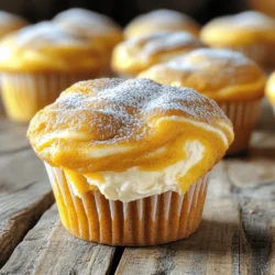 To make these tasty pumpkin cream cheese muffins, you will need the following ingredients: - 1 cup all-purpose flour - 1 cup whole wheat flour - 1 teaspoon baking powder - 1 teaspoon baking soda - 1 teaspoon cinnamon - ½ teaspoon nutmeg - ½ teaspoon ginger - ½ teaspoon salt - 1 cup pumpkin puree - 1 cup granulated sugar - ½ cup brown sugar - ½ cup vegetable oil - 3 large eggs - 1 teaspoon vanilla extract - 4 oz cream cheese, softened - ¼ cup powdered sugar - 1 tablespoon milk These ingredients create a warm and cozy muffin perfect for any season. Each ingredient plays a key role. The flour gives structure. The pumpkin adds moisture and flavor. The spices bring warmth and sweetness. Cream cheese filling makes every bite special with its creamy texture. Eggs bind everything together, making these muffins light and fluffy. If you need to swap an ingredient, here are some ideas: - Use almond flour instead of all-purpose flour for a gluten-free option. - Applesauce can replace vegetable oil if you're looking for a lighter muffin. - For a dairy-free version, use a plant-based cream cheese alternative. - You can switch out pumpkin puree for mashed bananas if you want a different flavor. These substitutions keep the muffins delicious while catering to your needs. To start, preheat your oven to 350°F (175°C). Grab a muffin tin and line it with paper liners or grease it lightly. In a medium bowl, mix these dry ingredients well: - 1 cup all-purpose flour - 1 cup whole wheat flour - 1 teaspoon baking powder - 1 teaspoon baking soda - 1 teaspoon cinnamon - ½ teaspoon nutmeg - ½ teaspoon ginger - ½ teaspoon salt In a large bowl, combine the wet ingredients: - 1 cup pumpkin puree - 1 cup granulated sugar - ½ cup brown sugar - ½ cup vegetable oil - 3 large eggs - 1 teaspoon vanilla extract Mix these until smooth and creamy. Slowly add the dry mix to the wet mix. Stir just until combined. Don’t over-mix; we want fluffy muffins. In a small bowl, make the cream cheese filling. Combine: - 4 oz cream cheese, softened - ¼ cup powdered sugar - 1 tablespoon milk Mix this until it's smooth. This filling adds a rich flavor to your muffins. Now, fill each muffin cup halfway with the pumpkin batter. Add a dollop of the cream cheese mixture on top. Cover it with more pumpkin batter until the cups are about ¾ full. This keeps the cream cheese hidden inside. Bake in your preheated oven for 18-20 minutes. Use a toothpick to test for doneness. If it comes out clean, your muffins are ready! Let them cool in the pan for 5 minutes. Then, transfer them to a wire rack to cool completely. For a lovely finish, dust the cooled muffins with powdered sugar and a sprinkle of cinnamon. Serve them warm for the best taste. Enjoy! To keep your muffins moist, use fresh pumpkin puree. I recommend using canned pumpkin or homemade puree. Both options work well and add rich flavor. Avoid using pumpkin pie filling, as it has added sugars and spices. Mixing the dry and wet ingredients separately helps keep your muffins fluffy. When combining them, stir gently. Over-mixing can lead to dense muffins. Store your muffins in an airtight container at room temperature. This keeps them fresh for about three days. If you want to keep them longer, freeze them. Wrap each muffin in plastic wrap and place them in a freezer bag. They can last up to three months in the freezer. If your muffins turn out dry, try adding a bit more pumpkin puree or oil in the next batch. This adds extra moisture. If they sink in the middle, check your oven temperature. An oven that is too hot can cause this problem. Lastly, if you find the muffins too sweet, reduce the sugar next time. You can even add a pinch of salt to balance the sweetness. For more detailed steps, check the Full Recipe. {{image_2}} You can make these muffins even better by adding nuts or chocolate chips. Walnuts or pecans work great. They add a nice crunch and flavor. If you love chocolate, try adding semi-sweet chocolate chips. Just mix in about ½ cup when you combine the wet and dry ingredients. This way, every bite bursts with flavor, making your muffins even more exciting. If you need a gluten-free option, you can still enjoy these muffins. Use a gluten-free flour blend instead of all-purpose and whole wheat flour. Make sure your blend is designed for baking. You may need to add a bit more moisture, so keep an eye on the batter. If it looks too thick, add a splash of milk or water. This way, your muffins will stay soft and delicious. To boost the flavor, you can add more spices. A pinch of cloves or allspice can deepen the taste. You can also try adding a teaspoon of orange zest for a fresh twist. If you like it sweeter, consider mixing in some maple syrup. This will give your muffins a warm, rich flavor. Just substitute some sugar for syrup, and you will have a unique treat. Each variation opens new doors for tasty combinations! For the full recipe, refer to the [Full Recipe]. To keep your pumpkin cream cheese muffins fresh, store them in an airtight container. They will stay good at room temperature for about three days. If you want to keep them longer, store them in the fridge. This can add a few more days to their life. Just make sure they are sealed well to prevent drying out. You can freeze these muffins for later enjoyment. First, let them cool completely. Then, wrap each muffin tightly in plastic wrap. Place the wrapped muffins in a freezer bag or container. They will last in the freezer for up to three months. When you are ready to eat one, just take it out and let it thaw at room temperature. To enjoy your muffins warm, preheat your oven to 350°F (175°C). Place the muffins on a baking sheet and heat for about 10 minutes. If you are in a hurry, you can use the microwave. Heat each muffin for around 15-20 seconds. This will help bring back their soft and fluffy texture. For the best taste, enjoy them warm! Pumpkin cream cheese muffins stay fresh for about 3 to 5 days. Store them in an airtight container. Keeping them in the fridge can make them last up to a week. You can also freeze them for longer storage. They taste great even after freezing. Yes, you can make these muffins ahead of time. They are perfect for meal prep. Bake them, then let them cool completely. Store them in an airtight container. You can also freeze them if you want to keep them longer. Just thaw them in the fridge or at room temperature before serving. If you don’t have pumpkin puree, you can use applesauce or mashed bananas. These options add moisture and sweetness, but they change the flavor a bit. For a more similar taste, use butternut squash puree. You can also try sweet potato puree for a unique twist. For the complete recipe and method, check out the Full Recipe. This blog post covered the delicious pumpkin cream cheese muffins. We explored the key ingredients, gave a full recipe, and shared steps to make these tasty treats. I offered helpful tips to keep your muffins moist and flavor-packed. We also discussed variations, like using nuts or gluten-free options, plus how to store them. In conclusion, these muffins are easy to make and fun to customize. You can enjoy them fresh or freeze them for later. Happy baking!