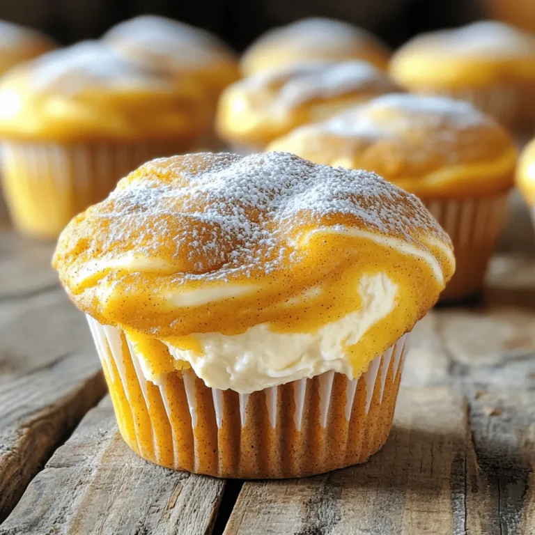 To make these tasty pumpkin cream cheese muffins, you will need the following ingredients: - 1 cup all-purpose flour - 1 cup whole wheat flour - 1 teaspoon baking powder - 1 teaspoon baking soda - 1 teaspoon cinnamon - ½ teaspoon nutmeg - ½ teaspoon ginger - ½ teaspoon salt - 1 cup pumpkin puree - 1 cup granulated sugar - ½ cup brown sugar - ½ cup vegetable oil - 3 large eggs - 1 teaspoon vanilla extract - 4 oz cream cheese, softened - ¼ cup powdered sugar - 1 tablespoon milk These ingredients create a warm and cozy muffin perfect for any season. Each ingredient plays a key role. The flour gives structure. The pumpkin adds moisture and flavor. The spices bring warmth and sweetness. Cream cheese filling makes every bite special with its creamy texture. Eggs bind everything together, making these muffins light and fluffy. If you need to swap an ingredient, here are some ideas: - Use almond flour instead of all-purpose flour for a gluten-free option. - Applesauce can replace vegetable oil if you're looking for a lighter muffin. - For a dairy-free version, use a plant-based cream cheese alternative. - You can switch out pumpkin puree for mashed bananas if you want a different flavor. These substitutions keep the muffins delicious while catering to your needs. To start, preheat your oven to 350°F (175°C). Grab a muffin tin and line it with paper liners or grease it lightly. In a medium bowl, mix these dry ingredients well: - 1 cup all-purpose flour - 1 cup whole wheat flour - 1 teaspoon baking powder - 1 teaspoon baking soda - 1 teaspoon cinnamon - ½ teaspoon nutmeg - ½ teaspoon ginger - ½ teaspoon salt In a large bowl, combine the wet ingredients: - 1 cup pumpkin puree - 1 cup granulated sugar - ½ cup brown sugar - ½ cup vegetable oil - 3 large eggs - 1 teaspoon vanilla extract Mix these until smooth and creamy. Slowly add the dry mix to the wet mix. Stir just until combined. Don’t over-mix; we want fluffy muffins. In a small bowl, make the cream cheese filling. Combine: - 4 oz cream cheese, softened - ¼ cup powdered sugar - 1 tablespoon milk Mix this until it's smooth. This filling adds a rich flavor to your muffins. Now, fill each muffin cup halfway with the pumpkin batter. Add a dollop of the cream cheese mixture on top. Cover it with more pumpkin batter until the cups are about ¾ full. This keeps the cream cheese hidden inside. Bake in your preheated oven for 18-20 minutes. Use a toothpick to test for doneness. If it comes out clean, your muffins are ready! Let them cool in the pan for 5 minutes. Then, transfer them to a wire rack to cool completely. For a lovely finish, dust the cooled muffins with powdered sugar and a sprinkle of cinnamon. Serve them warm for the best taste. Enjoy! To keep your muffins moist, use fresh pumpkin puree. I recommend using canned pumpkin or homemade puree. Both options work well and add rich flavor. Avoid using pumpkin pie filling, as it has added sugars and spices. Mixing the dry and wet ingredients separately helps keep your muffins fluffy. When combining them, stir gently. Over-mixing can lead to dense muffins. Store your muffins in an airtight container at room temperature. This keeps them fresh for about three days. If you want to keep them longer, freeze them. Wrap each muffin in plastic wrap and place them in a freezer bag. They can last up to three months in the freezer. If your muffins turn out dry, try adding a bit more pumpkin puree or oil in the next batch. This adds extra moisture. If they sink in the middle, check your oven temperature. An oven that is too hot can cause this problem. Lastly, if you find the muffins too sweet, reduce the sugar next time. You can even add a pinch of salt to balance the sweetness. For more detailed steps, check the Full Recipe. {{image_2}} You can make these muffins even better by adding nuts or chocolate chips. Walnuts or pecans work great. They add a nice crunch and flavor. If you love chocolate, try adding semi-sweet chocolate chips. Just mix in about ½ cup when you combine the wet and dry ingredients. This way, every bite bursts with flavor, making your muffins even more exciting. If you need a gluten-free option, you can still enjoy these muffins. Use a gluten-free flour blend instead of all-purpose and whole wheat flour. Make sure your blend is designed for baking. You may need to add a bit more moisture, so keep an eye on the batter. If it looks too thick, add a splash of milk or water. This way, your muffins will stay soft and delicious. To boost the flavor, you can add more spices. A pinch of cloves or allspice can deepen the taste. You can also try adding a teaspoon of orange zest for a fresh twist. If you like it sweeter, consider mixing in some maple syrup. This will give your muffins a warm, rich flavor. Just substitute some sugar for syrup, and you will have a unique treat. Each variation opens new doors for tasty combinations! For the full recipe, refer to the [Full Recipe]. To keep your pumpkin cream cheese muffins fresh, store them in an airtight container. They will stay good at room temperature for about three days. If you want to keep them longer, store them in the fridge. This can add a few more days to their life. Just make sure they are sealed well to prevent drying out. You can freeze these muffins for later enjoyment. First, let them cool completely. Then, wrap each muffin tightly in plastic wrap. Place the wrapped muffins in a freezer bag or container. They will last in the freezer for up to three months. When you are ready to eat one, just take it out and let it thaw at room temperature. To enjoy your muffins warm, preheat your oven to 350°F (175°C). Place the muffins on a baking sheet and heat for about 10 minutes. If you are in a hurry, you can use the microwave. Heat each muffin for around 15-20 seconds. This will help bring back their soft and fluffy texture. For the best taste, enjoy them warm! Pumpkin cream cheese muffins stay fresh for about 3 to 5 days. Store them in an airtight container. Keeping them in the fridge can make them last up to a week. You can also freeze them for longer storage. They taste great even after freezing. Yes, you can make these muffins ahead of time. They are perfect for meal prep. Bake them, then let them cool completely. Store them in an airtight container. You can also freeze them if you want to keep them longer. Just thaw them in the fridge or at room temperature before serving. If you don’t have pumpkin puree, you can use applesauce or mashed bananas. These options add moisture and sweetness, but they change the flavor a bit. For a more similar taste, use butternut squash puree. You can also try sweet potato puree for a unique twist. For the complete recipe and method, check out the Full Recipe. This blog post covered the delicious pumpkin cream cheese muffins. We explored the key ingredients, gave a full recipe, and shared steps to make these tasty treats. I offered helpful tips to keep your muffins moist and flavor-packed. We also discussed variations, like using nuts or gluten-free options, plus how to store them. In conclusion, these muffins are easy to make and fun to customize. You can enjoy them fresh or freeze them for later. Happy baking!