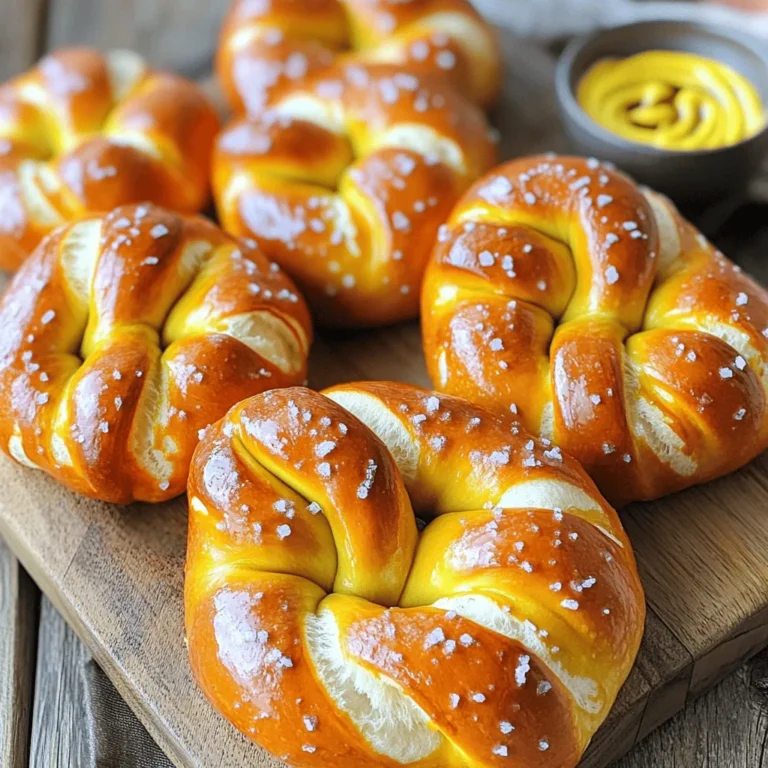 To make homemade soft pretzels, you'll need a few simple ingredients. Here’s what you need: - 4 cups all-purpose flour - 1 packet (2 ¼ teaspoons) active dry yeast - 1 teaspoon sugar - 1 ½ teaspoons salt - 1 ¾ cups warm water (110°F or 43°C) - ⅓ cup baking soda - 1 large egg, beaten (for egg wash) - Coarse sea salt (for topping) - Optional: melted butter (for brushing) These ingredients work together to create soft, chewy pretzels. The flour gives the pretzels structure. The yeast makes them rise. Sugar feeds the yeast, helping it grow. Warm water activates the yeast quickly. Salt adds flavor, making each bite tasty. Baking soda helps create that classic pretzel color and texture when boiling. The egg wash gives a nice shine, and coarse sea salt tops it off perfectly. Once you gather these items, you’ll be ready to make your pretzels. If you want a buttery flavor, keep that melted butter handy for brushing once they're out of the oven. This is a key step for adding richness. For the full recipe, check out the detailed instructions above. First, I mix warm water, sugar, and yeast in a large bowl. This mixture should sit for 5-10 minutes until it becomes frothy. Next, I add salt and slowly mix in the flour. I do this one cup at a time. This helps form a soft dough. Now it’s time to knead the dough. I transfer it to a lightly floured surface. I knead for about 5-7 minutes until the dough is smooth and elastic. After kneading, I form the dough into a ball. I place it in a greased bowl and cover it with a damp cloth. I let it rise in a warm area for about 1 hour. It should double in size during this time. Once the dough has risen, I punch it down to release air. Then, I divide the dough into 8 equal pieces. I roll each piece into a long rope, about 24 inches long. I shape each rope into a U and twist the ends together. I fold the ends back onto the bottom of the U. This creates the pretzel shape. Next, I boil 10 cups of water with ⅓ cup of baking soda. I carefully drop each pretzel into this boiling water for about 30 seconds. I use a slotted spoon to remove them. Then, I place the pretzels on prepared baking sheets. Now I brush each pretzel with a beaten egg. I sprinkle coarse sea salt on top for flavor. I bake them in a preheated oven at 450°F (230°C) for 12-15 minutes. They should turn golden brown. If I want extra richness, I brush them with melted butter right after baking. Enjoy these warm and soft delights! For the full recipe, refer to the section above. To make soft pretzels, kneading is key. Proper kneading helps develop gluten. This gives the pretzels their chewy texture. Knead the dough for about 5-7 minutes. You want it to feel smooth and elastic. Rising the dough correctly is also important. Place the dough in a warm spot. A temperature around 75°F to 80°F works best. Cover it with a damp cloth. This keeps the dough warm and moist. Let it rise until it doubles in size, about one hour. Dough can sometimes be too sticky or too dry. If your dough sticks to your hands, add a bit more flour. A tablespoon at a time works well. For dry dough, add a little warm water. This helps bring it back to life. If your pretzels do not brown well, check your oven temperature. Make sure it is set to 450°F. Also, ensure you brush them with the egg wash. This gives a nice golden color. Serve your pretzels warm for the best taste. Pair them with mustard or cheese dip. These dips add flavor and fun. For a nice display, arrange the pretzels on a wooden board. Adding some fresh herbs can make it look even better. The rustic touch invites everyone to dig in. Enjoy your delightful creations! {{image_2}} You can add fun flavors to your pretzels. Garlic and herb pretzels are a great choice. Just mix minced garlic and fresh herbs into your dough. You’ll get a savory twist that’s hard to resist. For a sweet treat, try cinnamon sugar pretzels. After baking, brush them with butter and coat them in cinnamon sugar. This version is perfect for dessert or a snack. Stuffed pretzels take your snack game to the next level. A cheese-stuffed version is a crowd favorite. You can use any cheese you love, like cheddar or mozzarella. Just place a piece of cheese in the center of the dough before shaping it. Sweet fillings are also an option. Try using chocolate or Nutella for a tasty surprise inside. If you need gluten-free options, don’t worry! You can use gluten-free flour blends. Look for ones that mimic all-purpose flour well. Brands like Bob's Red Mill or King Arthur Flour offer great choices. Adjust the recipe slightly by adding more water. This helps the dough stay moist and easy to handle. Enjoy delicious pretzels without gluten using these simple swaps. To keep your soft pretzels fresh, store them in an airtight container. This helps keep out moisture. If you want to refrigerate them, place a paper towel inside. This towel absorbs extra moisture and keeps the pretzels soft. They will last about 3 days in the fridge. For longer storage, consider freezing your pretzels. Wrap each one in plastic wrap. Then, place them in a freezer bag. This way, they can last up to one month. When you want to enjoy them, just take out what you need. To make pretzels taste fresh again, reheat them in the oven. Preheat your oven to 350°F (175°C). Place the pretzels on a baking sheet. Heat for about 5-10 minutes. This warms them up and makes the crust crispy again. Avoid sogginess by not using the microwave. Microwaving can make pretzels chewy and wet. If you must use a microwave, wrap them in a paper towel and heat for only a few seconds. Enjoy your warm, tasty pretzels! For the full recipe, check out the other sections. Homemade soft pretzels taste best when fresh. However, they can last for up to 2 days at room temperature. Store them in a paper bag to keep them soft. If you want to keep them longer, freeze them. They stay good in the freezer for about 3 months. Just wrap them well to avoid freezer burn. Yes, you can make the dough in advance. Prepare the dough and let it rise. After that, punch it down and cover it tightly. You can place it in the fridge for up to 24 hours. When you’re ready to bake, take it out and let it come to room temperature before shaping. Coarse sea salt is the best choice for topping soft pretzels. It adds a nice crunch and flavor. You can also use pretzel salt, which is similar. Avoid using fine table salt, as it can make the pretzels too salty. Yes, you can make this pretzel recipe vegan. Simply skip the egg wash. Instead, brush the pretzels with a mixture of water and a bit of maple syrup or plant-based milk. This will help the salt stick and give a nice finish. Making homemade pretzels can be fun and easy. You learned about key ingredients and their roles. You followed a clear method from mixing to baking. I shared tips for texture and ways to fix common problems. You even explored fun variations, such as flavored and stuffed pretzels. By storing leftovers properly, you can enjoy them longer. Now you can create tasty pretzels at home. Get creative and enjoy your baking journey. Happy pretzel making!