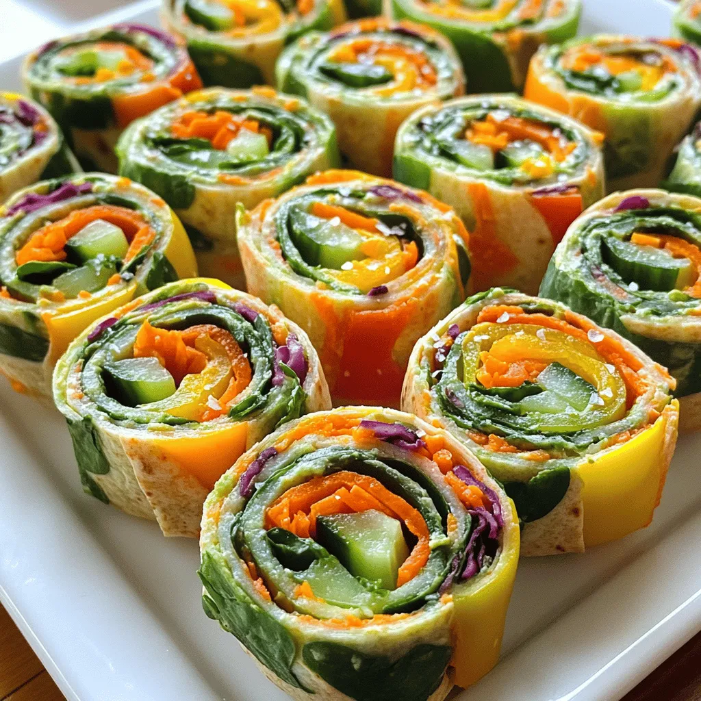 - 4 large whole wheat tortillas - 1/2 cup cream cheese, softened - 1 tablespoon ranch seasoning mix - 1 cup baby spinach leaves - 1/2 bell pepper (any color), thinly sliced - 1 medium carrot, grated - 1/2 cucumber, thinly sliced - 1/2 cup red cabbage, finely shredded - Salt and pepper to taste Rainbow Veggie Pinwheels are bright and fun. They use simple, healthy ingredients. Whole wheat tortillas provide fiber and a nutty taste. Cream cheese adds a rich, creamy layer. Mixing in ranch seasoning gives it a tasty zing. You can load these pinwheels with colorful veggies. Start with baby spinach for a fresh base. Add bell peppers for crunch and sweetness. Grated carrots bring a nice texture and color. Sliced cucumbers add coolness, while red cabbage boosts crunch and vivid color. These ingredients not only taste great, but they also look amazing. The colors will catch anyone's eye. Plus, they are packed with vitamins and minerals, making them a healthy snack choice. - Additional seasoning suggestions: garlic powder, dill, or paprika - Recommended dips or sauces: hummus, tzatziki, or a light vinaigrette If you want to take these pinwheels up a notch, try adding more seasonings. Garlic powder or dill can elevate the flavor. You can also serve them with dips. Hummus or tzatziki pairs well with the veggies. A light vinaigrette can add a zesty touch, too. For the full recipe, click on the link provided. To start, grab a small bowl. Add the softened cream cheese and ranch seasoning mix. Use a fork to mix them well. You want a smooth and creamy mixture with no lumps. This creamy base will add great flavor to your pinwheels. Next, lay out one tortilla on a clean surface. Take a generous amount of the cream cheese mixture and spread it over the tortilla. Make sure to cover it from edge to edge. Now, it’s time to layer the veggies. Start with a handful of baby spinach leaves on one edge. Next, add a row of thinly sliced bell peppers. Then, sprinkle on some grated carrot, cucumber slices, and finally, red cabbage. You can get creative with the order, but keep it colorful! Season the veggie layer with a pinch of salt and pepper. This adds a nice touch to the flavors. Now, let’s roll the tortilla. Start at the edge with the veggies. Carefully roll it tightly. The key is to not let the filling spill out. Keep rolling until you reach the other edge. After rolling, take a sharp knife and slice the pinwheel into 1-inch thick pieces. Make sure to use a gentle sawing motion to avoid squishing them. Repeat this process with the remaining tortillas and filling. Arrange the pinwheels on a platter, with the cut sides facing up. This way, everyone can see all that vibrant color! For the full recipe, check the earlier section. Pick vegetables in bright colors. Use greens like spinach for a fresh base. Add bell peppers for crunch and sweetness. Carrots bring a nice texture and color. Cucumbers add a refreshing crunch. Red cabbage gives a pop of purple. Mix different shapes and sizes for fun. This creates a rainbow effect that is pleasing to the eye and the palate. You can prepare pinwheels in advance. Spread cream cheese on the tortillas and layer the veggies. Then, roll them up tightly. Wrap each roll in plastic wrap. This keeps them fresh. Store them in the fridge for up to two days. When you're ready to serve, slice them into pinwheels. This saves time and effort when hosting. Make your pinwheels stand out on a platter. Arrange them in a circle or a colorful pattern. You can use toothpicks to hold them together. This can make serving easier. For a fun touch, serve with dips like hummus or ranch. You can also add small flags for a party theme. This makes your snack look extra special. For the full recipe, check out the Rainbow Veggie Pinwheels 🥯 section. {{image_2}} You can switch up the tortillas for more fun. Try using spinach tortillas for a green twist. Tomato tortillas add a nice pop of red. These colorful options make your pinwheels even more vibrant and appealing. Feel free to get creative with fillings. You can add sliced avocado for creaminess. Try roasted red peppers for a smoky flavor. Hummus makes a great spread, too. You can even use different veggies, like zucchini or radishes. The sky's the limit when it comes to flavors! You can make Rainbow Veggie Pinwheels healthier or allergen-friendly. Use low-fat cream cheese for fewer calories. For a vegan option, swap cream cheese with nut-based cheese. If you're gluten-free, look for gluten-free tortillas. These changes can fit your diet while keeping the dish delicious. To keep your Rainbow Veggie Pinwheels fresh, wrap them tightly in plastic wrap. This helps to keep moisture in and air out. Place them in a sealed container in the fridge. If you use a container, try to choose one that fits the pinwheels snugly. This will help them stay fresh longer. Freezing pinwheels is a great way to save them for later. Here’s how to do it: 1. Wrap Each Pinwheel: After slicing the pinwheels, wrap each one in plastic wrap. 2. Place in a Freezer Bag: Put the wrapped pinwheels into a freezer-safe bag. Squeeze out the air before sealing. 3. Label and Date: Write the date on the bag. This way, you know how long they’ve been in the freezer. When you want to eat them, thaw the pinwheels in the fridge overnight before serving. Homemade Rainbow Veggie Pinwheels last about 3 to 5 days in the fridge. If you keep them wrapped tightly, they stay fresh. Always check for any signs of spoilage, like odd smells or changes in texture before eating. Enjoy your colorful snack! To make Rainbow Veggie Pinwheels vegan, you can swap out the cream cheese. Look for vegan cream cheese at your store. Brands like Tofutti and Kite Hill work well. You can also make a simple version using blended tofu. Just add some lemon juice and herbs for flavor. This keeps the creamy texture while keeping it plant-based. Yes, you can easily make Rainbow Veggie Pinwheels gluten-free! Just use gluten-free tortillas instead of whole wheat. Many brands offer great options made from brown rice or almond flour. Check the labels to ensure they are safe for your diet. These tortillas will still hold your tasty fillings. Rainbow Veggie Pinwheels make a great snack or light meal. They pair well with soups like tomato bisque or vegetable chowder. For a refreshing drink, try pairing them with lemonade or iced tea. You can also serve them with a side salad for a more filling lunch. These pinwheels are colorful and fun, just like a bright, sunny day! Rainbow Veggie Pinwheels are simple to make and fun to eat. We covered key ingredients, from whole wheat tortillas to colorful veggies. I shared step-by-step instructions on making the cream cheese filling and how to assemble and slice the pinwheels. With tips for choosing fresh vegetables and ideas for storage, you can enjoy them anytime. You can even get creative with variations to fit dietary needs. Whether for a snack or a party, these pinwheels will impress everyone. Enjoy making your own tasty version!