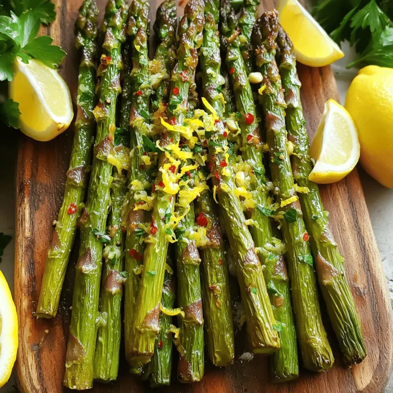 - 1 lb fresh asparagus, trimmed - 3 cloves of garlic, minced - Zest of 1 lemon - 2 tablespoons olive oil - Juice of 1 lemon - Salt and pepper to taste - 1 teaspoon red pepper flakes (optional) - 2 tablespoons grated Parmesan cheese (optional) To make Lemon Garlic Roasted Asparagus, you need fresh asparagus. Look for bright green stalks that are firm and straight. Trim the tough ends to keep the dish tender. For flavor, garlic plays a big role. Use fresh garlic and mince it finely. The lemon adds brightness. Use both the juice and the zest for the best flavor. You will also need olive oil. It helps the asparagus cook evenly and adds richness. Season with salt and pepper to taste. If you like a little heat, add red pepper flakes. They are optional but fun! Lastly, Parmesan cheese gives a nice finish. You can add it in the last moments of roasting. For the full recipe, check the instructions provided earlier. 1. Preheat your oven. Set it to 425°F (220°C). This heat helps to roast the asparagus just right. 2. Prepare the asparagus. Trim the tough ends. You want fresh, green stalks for the best flavor. 3. Mix the ingredients. In a large bowl, combine 1 pound of asparagus, 3 minced garlic cloves, the zest of 1 lemon, 2 tablespoons of olive oil, and the juice of 1 lemon. Add salt and pepper to taste. If you like a kick, toss in 1 teaspoon of red pepper flakes. 4. Toss well. Make sure each piece of asparagus gets a nice coat of oil and seasonings. This is key for great taste. 5. Spread on the baking sheet. Line it with parchment paper for easy cleanup. Lay the asparagus in a single layer, ensuring they roast evenly. 1. Roast the asparagus. Place the baking sheet in the preheated oven. Roast for about 12 to 15 minutes. The asparagus should be tender and slightly caramelized. 2. Add cheese if desired. If you want a cheesy touch, sprinkle 2 tablespoons of grated Parmesan cheese on top in the last 2 minutes of roasting. It will melt and create a delicious layer. 3. Final serving tips. Once done, take the asparagus out and adjust the seasoning if needed. Serve warm on a large platter. Drizzle any pan juices over the top for extra flavor. Garnish with lemon wedges and fresh parsley for a pop of color. You can find the [Full Recipe] for more details and tips on this tasty side dish. How to select fresh asparagus When picking asparagus, look for bright green stalks. The tips should be tightly closed. Avoid any that are limp or have dark spots. Fresh asparagus feels firm and has a nice snap when bent. If you can, buy asparagus in season for the best taste. Adjusting seasoning to taste Seasoning is key for great flavor. Start with the recipe's salt, pepper, and lemon juice. After roasting, taste your asparagus. If it needs more flavor, add a pinch of salt or a squeeze of lemon. You can also add red pepper flakes for heat. Remember, you can always add more, but you can't take it away! Ensuring even roasting To get perfectly roasted asparagus, spread it in a single layer on the baking sheet. If the pieces are too close, they will steam instead of roast. Turn the asparagus halfway through cooking for even browning. This helps achieve that nice crisp texture we all love. Presentation ideas for the dish Serve your lemon garlic roasted asparagus on a large platter. Drizzle any pan juices over the top. For a pop of color, garnish with lemon wedges or fresh parsley. This makes the dish look vibrant and inviting. Pairing with main courses Lemon garlic roasted asparagus pairs well with many dishes. Try it with grilled chicken, fish, or steak. It also goes great with pasta dishes. The fresh flavors of asparagus complement rich meals beautifully. Storing leftover asparagus If you have leftovers, cool the asparagus first. Place it in an airtight container in the fridge. It will stay fresh for up to three days. When reheating, warm it in a pan or the oven. This keeps the asparagus crisp rather than soggy. For the full recipe, check the detailed steps provided. {{image_2}} You can switch up the flavors in Lemon Garlic Roasted Asparagus with simple changes. - Alternative seasoning options: Try using lemon pepper or Italian seasoning instead of garlic. These will add a new twist to the dish. - Using different types of cheese: If you want a creamier texture, use feta or goat cheese. Both melt nicely and add a rich flavor. - Other vegetables that can be roasted: Don't limit yourself to asparagus! You can roast broccoli, Brussels sprouts, or even green beans. Each will soak up the lemon and garlic flavors. To make this dish even more delicious, consider these ideas. - Adding nuts or seeds: Toss in some sliced almonds or sunflower seeds before roasting. They add a nice crunch and a nutty taste. - Using different citrus fruits: Instead of lemon, try lime or orange juice. Each adds a unique flavor that brightens the dish. - Infusing with herbs: Fresh herbs like thyme or basil can enhance the taste. Sprinkle them on right before serving for a fresh burst of flavor. These variations keep the dish exciting and perfect for any meal. For the full recipe, check out Lemon Garlic Roasted Asparagus. To keep your lemon garlic roasted asparagus fresh, store it in the fridge. Place leftovers in an airtight container. This helps seal in the flavor and moisture. Roasted asparagus can last about 3 to 4 days in the fridge. When you want to eat it again, reheating is easy. For reheating, use a microwave or oven. If using a microwave, place the asparagus on a plate. Heat for about 30 seconds. Check if it’s warm enough. You can also reheat in the oven. Preheat to 350°F (175°C). Place asparagus on a baking sheet and heat for 10 minutes. This restores some of the crispiness. If you want to save roasted asparagus for later, freezing is a great option. Start by letting it cool completely. Then, place it in a freezer-safe bag. Squeeze out the air to avoid freezer burn. It can last for up to 3 months in the freezer. When you're ready to use frozen asparagus, thaw it first. The best way to thaw is in the fridge overnight. You can also use a microwave on the defrost setting. Once thawed, you can reheat it like fresh asparagus. Just remember, frozen asparagus might be a bit softer than fresh. Enjoy the flavors of your lemon garlic roasted asparagus from the Full Recipe! Yes, you can make Lemon Garlic Roasted Asparagus ahead of time. Cook it fully and let it cool. Store it in an airtight container in the fridge. You can reheat it later in the oven or microwave. This dish tastes great warm or at room temperature. Watch for the color change. Asparagus should turn bright green and slightly golden at the tips. It should be tender but still have a bit of crunch. You can poke it with a fork to check. If it goes in easily, it’s ready. Roasted asparagus is versatile. You can add it to salads for extra crunch. Toss it into pasta or grain bowls. It also makes a tasty topping on pizza. You can even blend it into soups for a creamy texture. Try these ideas for more flavor! In this post, I covered how to make delicious roasted asparagus. We looked at fresh ingredients like asparagus, garlic, and lemon. The step-by-step guide showed how to prep and cook the dish perfectly. I also shared tips for selecting the best asparagus and ideas for serving it. You can even try tasty variations with different flavors or veggies. Remember, storing leftovers well makes them last longer. Enjoy your cooking, and make this simple dish a part of your meals!