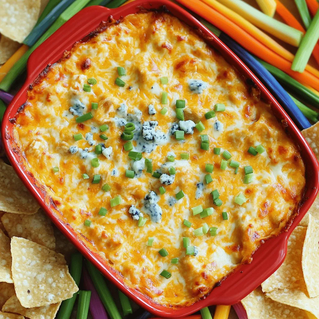 To make Buffalo Chicken Dip, gather these ingredients: - 2 cups shredded cooked chicken - 1 cup cream cheese, softened - 1/2 cup Greek yogurt - 1/2 cup buffalo sauce (adjust to taste) - 1 cup shredded cheddar cheese - 1/4 cup crumbled blue cheese (optional) - 1 tablespoon ranch seasoning mix - 1/2 teaspoon garlic powder - Salt and pepper to taste - Chopped green onions for garnish - Tortilla chips or veggie sticks for serving You can swap some ingredients for different flavors. If you don’t like blue cheese, skip it. Instead, add more cheddar or use feta cheese. For a lighter dip, replace cream cheese with cottage cheese. If you want less fat, use low-fat Greek yogurt. If you prefer a milder taste, choose a mild buffalo sauce. Use fresh, high-quality chicken for the best flavor. Store-bought rotisserie chicken works well and saves time. When choosing cheese, select a block of cheddar and shred it at home for a creamier texture. Look for buffalo sauce with a good balance of heat and flavor. Finally, always pick fresh green onions. They add a nice pop of color and taste. For the full recipe, check out the details above! To make Buffalo Chicken Dip, start by gathering your ingredients. You will need: - 2 cups shredded cooked chicken - 1 cup cream cheese, softened - 1/2 cup Greek yogurt - 1/2 cup buffalo sauce (adjust to taste) - 1 cup shredded cheddar cheese - 1/4 cup crumbled blue cheese (optional) - 1 tablespoon ranch seasoning mix - 1/2 teaspoon garlic powder - Salt and pepper to taste - Chopped green onions for garnish - Tortilla chips or veggie sticks for serving First, preheat your oven to 350°F (175°C). In a large bowl, mix the softened cream cheese and Greek yogurt. Add in the buffalo sauce, ranch seasoning, garlic powder, and a little salt and pepper. Stir until it’s smooth. Next, fold in the shredded chicken and half of the cheddar cheese. Mix it well. Pour the mixture into a baking dish, about 8x8 inches. Spread it evenly. Top it off with the rest of the cheddar cheese and, if you like, the crumbled blue cheese. Bake your dip in the preheated oven for about 20 minutes. You’ll know it’s ready when it’s bubbly and the cheese is melted and slightly golden. After baking, take it out and let it cool for a few minutes. This helps avoid burns when you dig in. Garnish your dip with chopped green onions for some color and flavor. Serve it hot with tortilla chips or veggie sticks for dipping. The heat and creaminess make it a perfect snack for parties. This dish is sure to please everyone! For the full recipe, check out the details above. Enjoy your cooking! To give your dip a kick, add more buffalo sauce. You can also mix in diced jalapeños or hot sauce. If you love heat, try using a spicy ranch dressing. Each of these will amp up the flavor. Just remember, taste as you go! A smooth dip is key. Start with softened cream cheese for easy mixing. Use Greek yogurt for a creamy texture and a slight tang. Mixing in extra cheddar cheese also helps keep it rich. Avoid overcooking, as this can make it dry. You can prepare your Buffalo chicken dip in advance. Mix all the ingredients and store it in the fridge. When you are ready to serve, just bake it. This makes hosting easy and fun! You can also freeze the dip, but be sure to let it thaw in the fridge overnight before cooking. For the full recipe, check out the detailed steps above. {{image_2}} You can make Buffalo chicken dip in a slow cooker. This method keeps the dip warm and creamy. Start by mixing all the ingredients in the slow cooker. Set it on low for two hours. Stir it every so often. When it's hot and bubbly, it’s ready to serve. This is a great option for parties. You can enjoy the dip without worrying about it cooling down. You can easily make a vegetarian version. Instead of chicken, use shredded jackfruit or cooked cauliflower. Both options soak up the spicy buffalo sauce well. Use the same cream cheese and yogurt mix. Add a bit more buffalo sauce for extra flavor. This dip is still creamy and delicious. Your vegetarian friends will love it too. Want to try something different? Add unique ingredients to your dip. Try mixing in diced celery for crunch. You could also add chopped pickles for a tangy twist. For a smoky flavor, sprinkle in some smoked paprika. If you like heat, add diced jalapeños. These small changes can elevate your dip. They add fun flavors that surprise your guests. Try these variations to make your Buffalo chicken dip more exciting! You can find the full recipe to get started. After your party, store any leftover buffalo chicken dip in an airtight container. This keeps it fresh and tasty. Make sure to let it cool first before sealing it up. Place it in the fridge right away. It will stay good for about 3 to 4 days. To reheat buffalo chicken dip, first take it out of the fridge. You can warm it in the oven or microwave. If using the oven, preheat it to 350°F (175°C). Place the dip in a safe dish and heat for about 15 minutes. Stir halfway through to make sure it warms evenly. In the microwave, heat it in short bursts of 30 seconds. Stir after each burst until it's hot. You can freeze buffalo chicken dip for later use. First, make sure it is cool. Transfer it to a freezer-safe container. You can also use freezer bags. Press out as much air as you can before sealing. This will help prevent freezer burn. It can last up to 3 months in the freezer. When you are ready to use it, thaw it overnight in the fridge before reheating. Enjoy your dip again at your next gathering! For the full recipe, check out the details above. Buffalo Chicken Dip can last up to four days in the fridge. Make sure it is in an airtight container. Always check for any signs of spoilage before eating. If it smells off or looks strange, it's best to toss it out. Yes, you can make Buffalo Chicken Dip without cream cheese. You can use Greek yogurt instead. It keeps the dip creamy. You can also try sour cream or cottage cheese. Just note that the flavor will change slightly. You can serve Buffalo Chicken Dip with tortilla chips or veggie sticks. Carrot sticks, celery, or bell pepper slices work great. They add crunch and freshness. You could also use pita chips or crackers for a different twist. This blog post covers the key parts of making Buffalo Chicken Dip. We explored the ingredients, helpful substitutions, and tips for picking the best items. I shared steps for preparation and cooking, along with serving ideas. We also looked at tips for adding spice and creaminess, plus options for making it ahead. Various recipes let you try new flavors, and I explained how to store and reheat leftovers. In conclusion, Buffalo Chicken Dip is fun and easy to customize. Enjoy creating your perfect dish!