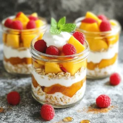 - 1 cup rolled oats - 1 ½ cups almond milk (or any milk of choice) - 1 ripe peach, diced - ½ cup raspberries (fresh or frozen) - 2 tablespoons chia seeds - 2 tablespoons honey or maple syrup (for sweetness) - ½ teaspoon vanilla extract - ¼ teaspoon cinnamon - Pinch of salt - Optional: Greek yogurt for topping To make Peach Melba Overnight Oats, gather these simple ingredients. Rolled oats are the base. They soak up the almond milk and become creamy. I love using almond milk, but you can pick any milk you like. The diced peach brings sweetness and flavor. Raspberries add a tart touch. Chia seeds are a great source of fiber. They help thicken the oats. Honey or maple syrup adds a bit of sweetness. The vanilla extract and cinnamon give a warm taste. The pinch of salt helps balance the flavors. If you want a creamy texture, add Greek yogurt on top. This simple list makes a delicious breakfast. For the complete recipe, check out the Full Recipe section. You’ll be amazed at how easy it is to enjoy this healthy dish. - Step 1: Combine dry ingredients Start by taking a mixing bowl. Add 1 cup of rolled oats, 2 tablespoons of chia seeds, and a pinch of salt. Mix them well. This helps to blend the dry ingredients before adding liquids. - Step 2: Add liquids and mix Pour in 1 ½ cups of almond milk, 2 tablespoons of honey (or maple syrup), and ½ teaspoon of vanilla extract. Stir it all together. Make sure the oats and chia seeds soak up the milk. - Step 3: Incorporate fruit Gently fold in 1 diced ripe peach and ½ cup of raspberries. Be careful not to crush the raspberries. Reserve a few peach pieces for later as a garnish. - Step 4: Transfer to jars Spoon the mixture into individual jars or a large airtight container. Each jar should have enough space for the oats to expand. - Step 5: Refrigerate overnight Cover the jars and place them in the fridge. Let them sit overnight, or at least for 6 hours. This step allows the oats to soften and absorb flavors. - Optional toppings When you're ready to enjoy your oats, stir them well. Add a dollop of Greek yogurt on top if you like. You can also use more peach pieces and raspberries for a fresh look. - Presentation ideas Serve the oats in clear jars. This shows off the beautiful layers of fruit and oats. For an extra touch, add a sprig of mint to brighten the dish. - Measuring ingredients accurately: Use measuring cups for the oats and milk. This step helps you get the right texture. Too much liquid makes it runny. Too little makes it dry. - Ensuring even absorption of liquid: Stir well after adding the liquid. This action helps the oats soak up the milk. If you skip this, some oats may stay hard. - Substituting fruits: You can change the peaches and raspberries. Try strawberries or blueberries for a new taste. Mix in bananas for a creamier texture. - Using different sweeteners: Honey and maple syrup are great, but you can use agave or stevia. Each sweetener gives a unique flavor. Adjust the amount based on your taste. For the complete method, check the Full Recipe. {{image_2}} You can switch up the milk in this recipe. Almond milk works great, but you can try oat, soy, or coconut milk too. Each choice gives a different taste. If you want a creamier texture, use whole milk or regular yogurt. Nut butters also add a nice twist. Try almond, peanut, or sunflower seed butter. Each nut butter changes the flavor and adds healthy fats. Just mix in a spoonful when you combine the oats and liquids. For a tropical twist, add diced mango along with the peach. This brightens the dish and adds a new layer of flavor. The sweet mango pairs well with the tart raspberries. If you love berries, create a berry blast by mixing in blueberries or strawberries. You can use fresh or frozen berries. Just remember to adjust the sweetness if your berries are extra tart. These variations keep your Peach Melba Overnight Oats exciting and fun. Feel free to mix and match! For the full recipe, check out the details above. Storing your Peach Melba Overnight Oats is easy. I recommend using airtight containers. Glass jars work great and allow you to see the layers. You can also use plastic containers if preferred. Make sure the lids seal tightly to keep the oats fresh. For shelf life, these oats can last in the fridge for up to five days. Just remember to give them a good stir before eating. If the oats seem thick, you can add a splash of milk to loosen them up. You can freeze Peach Melba Overnight Oats for a quick breakfast later. Use freezer-safe containers or bags. Portion them out for easy thawing. To thaw your oats, place them in the fridge overnight. If you're in a hurry, you can use the microwave. Just heat them in short intervals, stirring in between. This way, you’ll have a tasty meal ready in no time! How long can you store overnight oats? You can store overnight oats in the fridge for up to five days. They get better with time as the flavors mix. Just make sure your container is airtight to keep them fresh. Can I use frozen peaches instead of fresh? Yes, you can use frozen peaches! Just thaw them first and drain any extra liquid. This keeps your oats from getting soggy. Frozen peaches can be just as tasty as fresh ones. Overview of health benefits Peach Melba overnight oats are full of nutrients. They have fiber from the oats and chia seeds. Peaches and raspberries add vitamins and antioxidants. This dish can help with digestion and keep you full. Caloric breakdown per serving Each serving has around 350 calories. This includes healthy fats, carbs, and protein. Adjust the honey or yogurt to lower calories if needed. Gluten-free options If you need gluten-free oats, look for certified gluten-free rolled oats. Most brands offer this option, making it easy to enjoy this dish safely. Vegan substitutions To make this recipe vegan, swap honey for maple syrup. Use a plant-based yogurt for topping. Almond milk is already a great choice, but any plant milk works well. Peach Melba Overnight Oats are simple and tasty. We covered main ingredients and step-by-step instructions. You can customize flavors, choose toppings, and adjust serving sizes. Remember to store them well for freshness. Enjoy healthy, quick breakfasts with these oats. They fit many diets and flavor preferences. I hope you find joy in making and eating this dish. Your mornings can now be easier and more delicious!