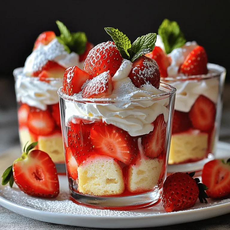 You will need 2 cups of fresh strawberries. These should be hulled and sliced. Fresh strawberries give the parfait a burst of flavor. Choose ripe, sweet berries for the best taste. Let them sit with 2 tablespoons of granulated sugar for 15 minutes. This helps the strawberries release their juices. The sweet juice adds a nice touch to the parfait. For the creamy layer, use 1 cup of heavy whipping cream. Combine it with 1 tablespoon of powdered sugar and 1 teaspoon of vanilla extract. This mix creates a rich and fluffy whipped cream. Beat it with an electric mixer until soft peaks form. The cream adds a light texture and sweet flavor to the dessert. You will also need 1 cup of vanilla sponge cake, cubed. You can use store-bought or homemade cake. The sponge cake gives structure to the parfait and absorbs the juices. For garnish, you can use mint leaves. They add a pop of color and fresh taste. Now that you have the ingredients, you can create your delicious Strawberry Shortcake Parfaits. Check out the Full Recipe for more details! First, you need to prepare the strawberries. Take 2 cups of fresh strawberries and hull them. This means you remove the green tops. Then, slice the strawberries into thin pieces. Place them in a medium bowl. Add 2 tablespoons of granulated sugar on top. Toss the berries gently to coat them in sugar. This helps draw out their juices. Let the strawberries sit for about 15 minutes. You will see them release their sweet juices. This makes them even tastier! While the strawberries sit, it’s time to make the whipped cream. Take a separate bowl and pour in 1 cup of heavy whipping cream. Add 1 tablespoon of powdered sugar and 1 teaspoon of vanilla extract. Use an electric mixer to beat the mixture. Start on low and then speed it up. Beat until soft peaks form. This means the cream should hold its shape but still be soft. It will be light and fluffy, perfect for your parfaits! Now, it’s time to put everything together. Grab your serving glasses or bowls. Start with a layer of cubed sponge cake at the bottom. You can use 1 cup of store-bought or homemade vanilla sponge cake. Next, spoon a generous amount of the macerated strawberries over the cake. Make sure to include some of the yummy juice too. Then, add a layer of the whipped cream on top. Repeat this layering process until the glasses are full. Finish with a layer of whipped cream and a few strawberry slices on top. If you want, add a fresh mint leaf for a pop of color. Chill the parfaits in the fridge for at least 30 minutes before serving. This helps them set and taste even better! For the complete recipe, check the Full Recipe section. Presentation tips Use clear glass cups to show off the layers of your parfait. This makes them look pretty and fun. Drizzle some strawberry juice from the bowl onto the plate. It adds a nice touch and makes the dish pop. You can also add a mint leaf on top. It adds color and a fresh taste. Serving suggestions Serve the parfaits right after chilling them. They taste best when cold and creamy. You can pair them with a cup of tea or coffee. This makes a lovely dessert after dinner. If you're having guests, consider making small parfaits. They are perfect for sharing and make a great impression. Making ahead of time You can prepare the parfaits a few hours before serving. Just layer the cake, strawberries, and cream in the cups. Cover them and place them in the fridge. This helps the flavors mix well. If you make them the night before, they will still taste great. Just add the mint leaves right before serving for a fresh look. For the full recipe, check out the instructions above. {{image_2}} You can make strawberry shortcake parfaits gluten-free. Use gluten-free sponge cake or ladyfingers. Many stores sell these options. You can also make your own with almond flour or coconut flour. This way, everyone can enjoy this treat! Feel free to swap strawberries for other fruits. Ripe peaches or blueberries work well. You can even try raspberries for a tart twist. Just remember to adjust the sugar based on the fruit's sweetness. Mix and match your favorites for fun flavors! You can add different flavors to the whipped cream. Try almond extract or lemon zest for a fresh kick. You can also fold in cocoa powder for a chocolaty treat. These simple changes will keep your parfaits exciting and new. Get creative and have fun! To keep your strawberry shortcake parfaits fresh, store them in the fridge. Use airtight containers or cover the glasses with plastic wrap. This keeps moisture and air out, which helps maintain taste and texture. Avoid letting them sit at room temperature for too long. Always chill them right after making for the best flavor. You don't need to reheat parfaits. They taste great cold. If you have leftover whipped cream, store it separately. You can use it on other desserts or snacks. Just remember to keep it in the fridge in a sealed container. Strawberry shortcake parfaits will stay fresh for about 2 to 3 days in the fridge. After that, the strawberries may get soggy, and the cream might lose its fluffiness. For the best taste and texture, enjoy them within this time. You can find the full recipe above to help you recreate this tasty treat again! Yes, you can use frozen strawberries. Just thaw them first. Drain the extra juice before mixing with sugar. This helps keep the parfait from getting too watery. Frozen strawberries can taste great, too! To make this recipe dairy-free, swap heavy cream for coconut cream. Use a dairy-free whipped topping instead. You can also choose a dairy-free sponge cake. These swaps keep the taste rich and creamy without dairy. The best cake for parfaits is a light sponge cake. Vanilla sponge cake works perfectly. You can use store-bought or homemade cake. Other good options include angel food cake or pound cake. These cakes layer well and soak up flavors nicely. For the full recipe, check the details above! This post covered how to make delicious parfaits with fresh strawberries, cream, and sponge cake. I shared step-by-step instructions and handy tips for great presentation. You can also explore gluten-free options and other fruit choices to mix things up. Remember, proper storage keeps your parfaits fresh longer. Enjoy crafting this simple yet tasty dessert. You’ll impress your friends and family with your skills!