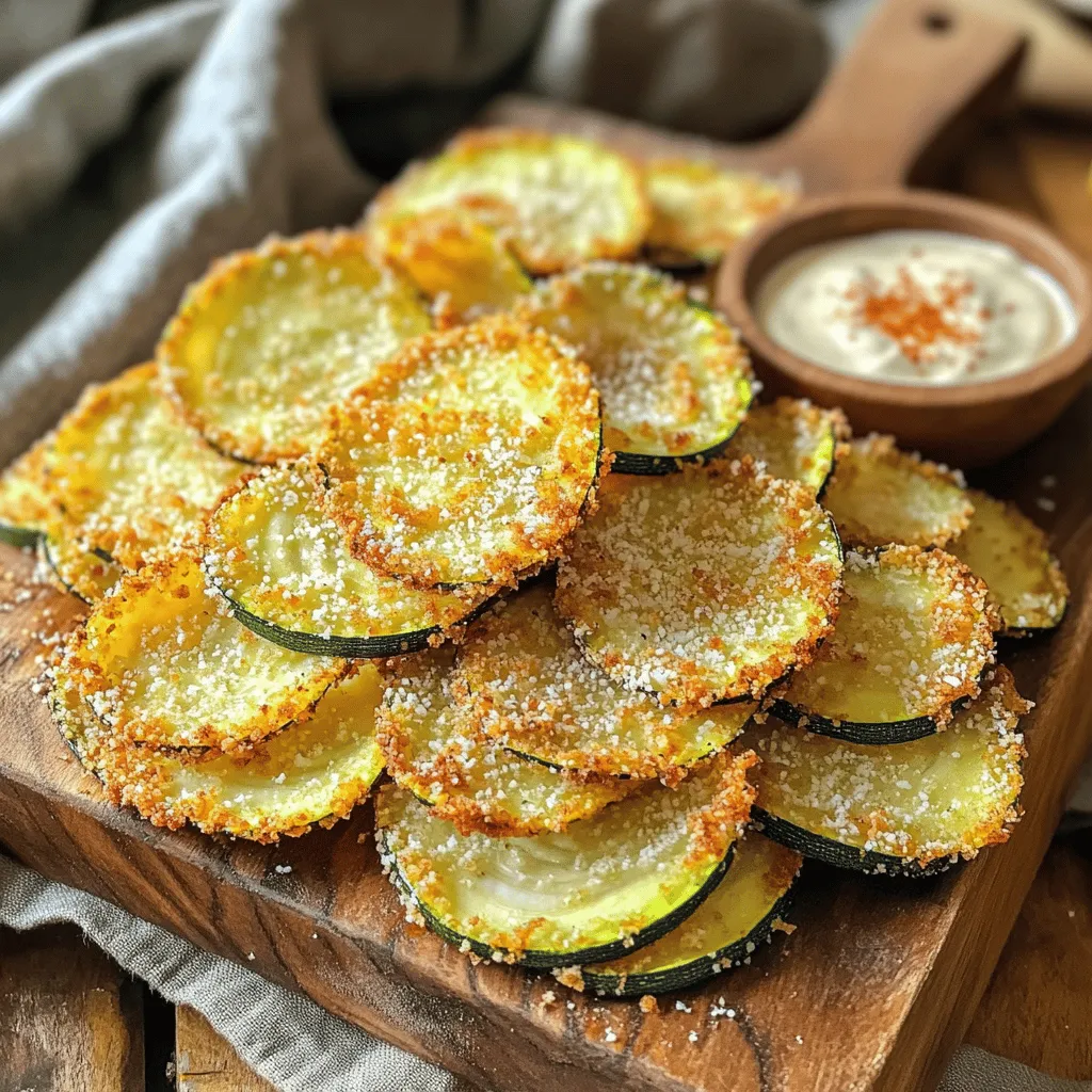 To make crispy air fryer zucchini chips, gather these simple ingredients: - 2 medium zucchinis, thinly sliced - 1 cup breadcrumbs (preferably whole grain or panko) - 1/2 cup grated Parmesan cheese - 1 teaspoon garlic powder - 1 teaspoon onion powder - 1/2 teaspoon paprika - Salt and pepper to taste - 1 egg, beaten - Cooking spray or olive oil spray Using fresh ingredients really makes a difference in flavor. Fresh zucchinis taste better and hold their shape well. They also give your chips a nice crunch. When you use fresh breadcrumbs, they stick better and add a lovely texture. Always choose the best ingredients you can find. This will help your zucchini chips shine! You can switch things up if you want. Try using different cheeses, like cheddar or mozzarella. For a gluten-free option, use gluten-free breadcrumbs. You can also add spices like cayenne for heat or Italian seasoning for a twist. Feel free to get creative with flavors! Try adding herbs like basil or oregano to personalize your chips. Start with fresh zucchinis. Choose medium-sized ones for the best crunch. Wash them well and slice them thinly. Aim for about 1/4 inch thick slices. This size helps them cook evenly and stay crispy. Place the slices on a clean towel or paper towel. Pat them dry to remove excess moisture. This step is key for crispy chips. In a bowl, mix the breadcrumbs and grated Parmesan cheese. Add garlic powder, onion powder, paprika, salt, and pepper. Stir this mixture until it’s well combined. In a second bowl, beat one egg. Take a zucchini slice, dip it in the egg, and let the excess drip off. Next, roll the slice in the breadcrumb mix. Make sure both sides are covered. Repeat this for all the slices. This process creates that tasty, crunchy coating. Preheat your air fryer to 375°F (190°C). Arrange the breaded zucchini chips in a single layer in the basket. You might need to cook in batches if your fryer is small. Lightly spray the chips with cooking spray or olive oil for extra crispiness. Cook them for 12-15 minutes. Flip them halfway through for even browning. When they turn golden brown, they are done! Let them cool slightly before serving. Enjoy your crispy zucchini chips as a snack or side dish! For the full recipe, check the earlier section. To make crispy air fryer zucchini chips, slicing is key. Cut the zucchini into thin, even rounds. Aim for about 1/8-inch thickness. This helps them cook uniformly. Preheat your air fryer to 375°F (190°C) before adding the zucchini slices. A hot air fryer makes a huge difference in crispiness. Lightly spray the chips with cooking spray for extra crunch. Flip them halfway through cooking to ensure all sides crisp up. One common mistake is overcrowding the air fryer basket. If you pile too many chips, they won’t cook evenly. Cook in batches if needed. Another mistake is not drying the zucchini slices after washing. Excess moisture leads to soggy chips. Finally, don’t skip the egg wash. It helps the breadcrumbs stick and adds flavor to the chips. Seasoning makes your chips pop! Besides salt and pepper, try adding garlic powder and paprika. You can also mix in dried herbs like oregano or thyme for a fresh taste. For a cheesy kick, sprinkle extra Parmesan on top before air frying. Feel free to experiment with your favorite spices. This way, you’ll craft your perfect flavor profile. For the full recipe, check out the detailed steps above. {{image_2}} You can switch up the cheese in this recipe. Instead of Parmesan, try cheddar or mozzarella. Both add a nice flavor and melt well. If you want a stronger taste, go for aged Gouda or blue cheese. Each cheese gives the chips a unique twist. Experiment to find your favorite! If you need a gluten-free snack, there are great options. Use gluten-free breadcrumbs instead of regular ones. You can also crush gluten-free crackers for a tasty coating. Almond flour works well too and adds a nutty flavor. These swaps keep your chips crispy and delicious. Adding herbs can really boost the taste. Try mixing in dried oregano or basil with the breadcrumbs. Fresh herbs like rosemary or thyme also work great. Crush them finely to release their oils. This will give your chips a fresh and tasty kick. Don't be afraid to get creative! For the full recipe, check out the Crispy Air Fryer Zucchini Chips section. To keep your crispy air fryer zucchini chips fresh, store them in an airtight container. Line the bottom of the container with paper towels. This will help absorb any moisture and keep them crispy. Place a paper towel between layers of zucchini chips. This will prevent them from sticking together. Store them in the fridge for up to three days. When you're ready to enjoy leftovers, reheating is key. Use your air fryer for the best results. Preheat it to 350°F (175°C). Place the zucchini chips in a single layer. Reheat for about 5 minutes. This will make them crispy again. Avoid using the microwave, as it can make them soggy. If you want to save some chips for later, freezing is an option. First, allow the chips to cool completely. Arrange them in a single layer on a baking sheet. Freeze them for about 2 hours. Once frozen, transfer them to a freezer bag. Remove as much air as possible before sealing. These chips can last up to three months in the freezer. When you're ready to eat, cook them straight from frozen in the air fryer for 10-12 minutes. For the full recipe, check out the detailed steps above. To make your air fryer zucchini chips extra crispy, follow these steps: - Slice thinly: Cut zucchini into thin, even slices. This helps them cook well. - Remove moisture: Pat the slices dry with a paper towel. Less moisture means more crunch. - Use enough breadcrumbs: Coat each slice well with breadcrumbs. This adds a nice crunch. - Spray oil: Lightly spray the chips with cooking spray or olive oil. This helps them crisp up. - Don't overcrowd: Place chips in a single layer in the air fryer. This allows hot air to circulate. By following these tips, you'll enjoy crispy, golden zucchini chips every time! Yes, you can use many vegetables for air frying! Some great options include: - Eggplant: Slice thinly and coat like zucchini. - Sweet potatoes: Cut into sticks or rounds for a sweet crunch. - Carrots: Slice thinly and season to taste. - Bell peppers: Cut into strips and air fry for a tasty snack. Each vegetable has a unique flavor and texture. Experiment with your favorites! Serving zucchini chips can be fun and creative. Here are some ideas: - Dipping sauces: Pair them with ranch, tzatziki, or hummus for added flavor. - Plating: Use a rustic wooden board or a bright white plate for a nice look. - Garnishes: Add fresh herbs or a sprinkle of extra cheese on top. These ideas make your zucchini chips look great and taste even better! Enjoy your snack with friends or family. In this blog post, we explored making crispy air fryer zucchini chips. We covered key ingredients and their freshness. I guided you through each prep step and the breading process. You learned tips for achieving crispiness and avoiding common mistakes. We discussed various flavors and storage tips to keep your chips fresh. In closing, perfecting these chips is simple and fun. Enjoy experimenting with your favorite flavors!