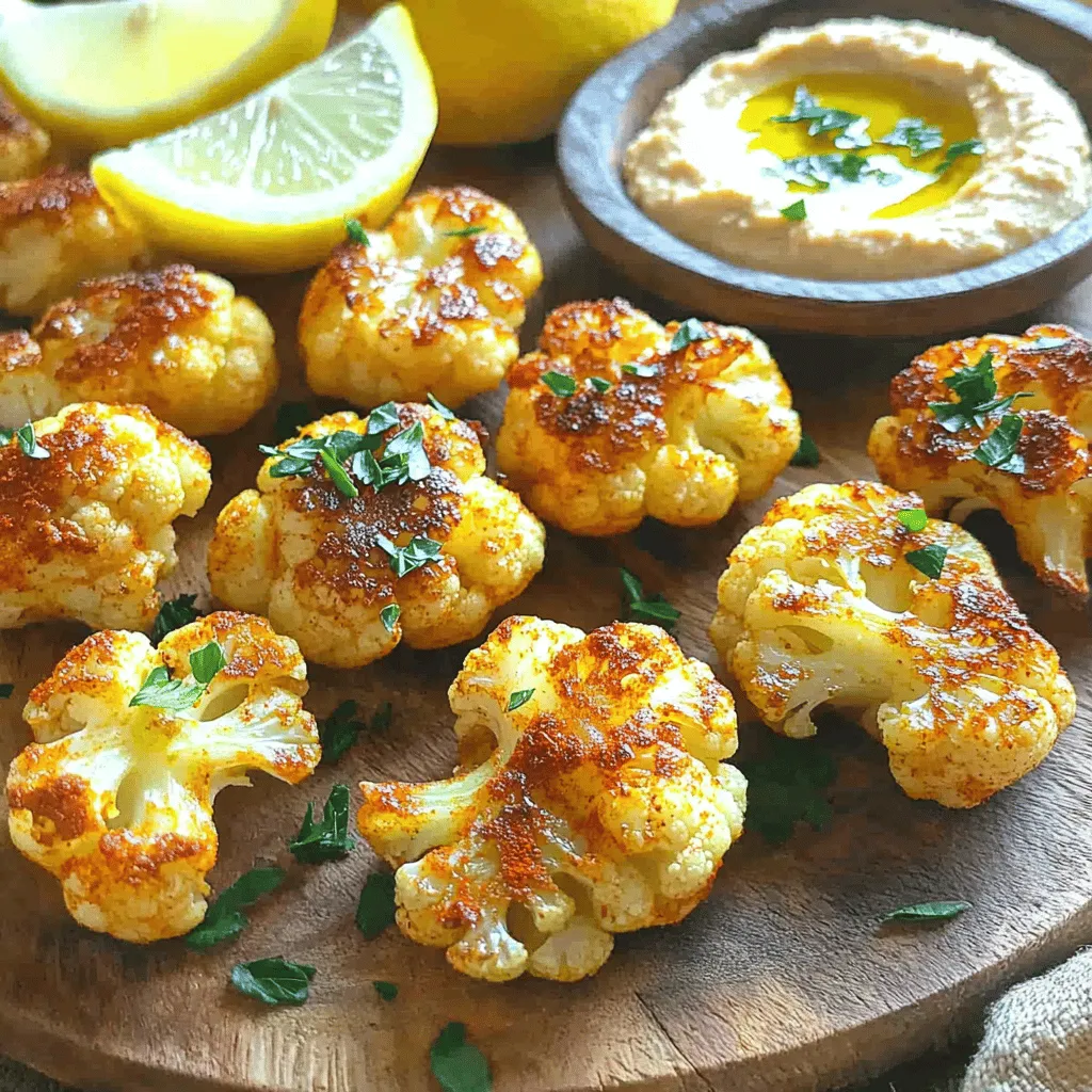 To make spicy roasted cauliflower bites, you need the following ingredients: - 1 large head of cauliflower, cut into bite-sized florets - 3 tablespoons olive oil - 2 teaspoons smoked paprika - 1 teaspoon cayenne pepper (adjust to taste) - 1 teaspoon garlic powder - 1 teaspoon onion powder - 1 teaspoon ground cumin - Salt and pepper to taste - 2 tablespoons nutritional yeast (optional) - Fresh parsley, chopped (for garnish) These ingredients come together to create a tasty, crunchy snack. The cauliflower provides a great base. Olive oil helps the spices stick and adds richness. The smoked paprika gives a warm, smoky flavor. Cayenne pepper adds heat, while garlic and onion powders bring depth. Ground cumin adds an earthy note. If you want a cheesy taste, try adding the nutritional yeast. Fresh parsley adds color and freshness when you garnish your bites. This recipe is simple and lets you enjoy healthy snacking without guilt. For the full recipe, check the details earlier in the article. - Preheat your oven to 425°F (220°C). - Line a large baking sheet with parchment paper. Starting with a hot oven makes the cauliflower crispy. The parchment paper helps with easy cleanup. - Combine cauliflower florets with olive oil and spices. - Toss well to ensure even coating. Add the cauliflower to a big bowl. Pour in the olive oil and spices: smoked paprika, cayenne pepper, garlic powder, onion powder, cumin, salt, and pepper. Toss everything together until the cauliflower is covered. If you like cheese, add nutritional yeast for extra flavor. - Spread florets on the baking sheet. - Roast for 25-30 minutes, flipping halfway. Make sure to spread the cauliflower in a single layer on the sheet. This helps them roast evenly and get that crunchy texture. Halfway through, flip the florets. This ensures both sides get golden brown. When they are done, the bites should be crispy on the edges. Remove the baking sheet from the oven and let the bites cool for a few minutes. Sprinkle with fresh parsley for a pop of color before serving. For a full guide, check out the Full Recipe. To get those spicy roasted cauliflower bites nice and crispy, you must follow a few steps. First, ensure that the florets are in a single layer on the baking sheet. This allows hot air to circulate around each piece. If they are crowded, they will steam instead of roast. Second, I recommend roasting at 425°F (220°C). This high heat helps to brown the edges and create that crunch we all love. You can adjust the seasonings to fit your taste. If you want a milder flavor, use less cayenne pepper. For more kick, add a touch more. One of my favorite tips is to include nutritional yeast. It adds a nice cheesy flavor without any dairy. Just toss it in with the other spices before roasting. These bites are great on their own, but they shine with a dip. Pair them with hummus or tahini for extra flavor. For presentation, sprinkle fresh parsley on top. You can also add lemon wedges for a zesty touch. They not only look good but also enhance the flavors with each bite. {{image_2}} You can add your own flair to these spicy roasted cauliflower bites. Try different hot spices or sauces. For example, sriracha or chili flakes add a nice kick. You can also mix in cayenne pepper for more heat. Don't be afraid to experiment with various herbs. Fresh thyme or oregano can brighten the flavor. If you need vegan or gluten-free options, this recipe is easy to adapt. The ingredients are already plant-based. Just skip any cheese for a vegan version. For gluten-free, ensure any sauces or spices are certified gluten-free. If you want a cheesy taste, try alternatives for nutritional yeast. You can use cashew cheese or even a sprinkle of Parmesan cheese. Scaling the recipe is simple. You can double or triple the amounts for larger gatherings. Just spread the cauliflower evenly on more baking sheets. Changing serving methods adds fun, too. Serve the bites in tacos for a tasty twist. You can also place them in bowls with dips for a shareable snack. To keep your spicy roasted cauliflower bites fresh, use airtight containers. Glass containers work well, as they do not stain and hold odors. You can also use plastic containers, but ensure they seal tightly. Store in the fridge for 3 to 5 days. If you notice any signs of spoilage, it's best to throw them away. For long-term storage, freezing is a great option. Place the cooled cauliflower bites in a single layer on a baking sheet. Freeze for about an hour, then transfer to freezer bags. This prevents them from sticking together. When you want to enjoy them again, reheat in the oven or air fryer for best results. Heat at 400°F (200°C) until hot and crispy, about 10-15 minutes. Spicy roasted cauliflower bites last about 3 to 5 days in the fridge. Store them in a sealed container to keep them fresh. They will taste best when eaten soon after roasting, but refrigeration helps maintain flavor. Yes, you can prep the cauliflower ahead of time. Cut the cauliflower and season it with the spices. Store it in the fridge for up to 24 hours before roasting. This saves time and makes it easy to enjoy these tasty bites on a busy day. Spicy roasted cauliflower bites pair well with various dishes. You can serve them with hummus or tahini for dipping. They also go great with salads or as a side dish for grilled meats. Consider adding a fresh salad or some warm pita bread for a complete meal. For more ideas, check out the Full Recipe. We covered how to make tasty spicy roasted cauliflower bites. You learned the ingredients, steps, and tips for perfect results. Storing leftovers helps keep them fresh, too. Feel free to experiment with flavors and serving ideas. Cooking can be fun and easy. Enjoy your new dish, and share it with friends!