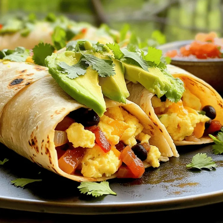 To make easy breakfast burritos, gather these simple ingredients: - 4 large flour tortillas - 4 large eggs - 1/2 cup black beans, drained and rinsed - 1/2 cup shredded cheddar cheese - 1/4 cup diced red bell pepper - 1/4 cup diced onion - 2 tablespoons fresh cilantro, chopped - 1/2 teaspoon cumin - 1/2 teaspoon paprika - Salt and pepper to taste - 1 avocado, sliced (for garnish) - Salsa (optional, for serving) With these ingredients, you create a filling and tasty meal. The black beans add fiber, while the eggs provide protein. The fresh veggies bring flavor and color. Cumin and paprika enhance the taste with warmth. You can customize the garnishes with avocado and salsa, making each bite special. This recipe is perfect for busy mornings or a cozy weekend brunch. For the full recipe, check the earlier section. Enjoy creating these easy breakfast burritos! 1. Sautéing vegetables Heat a little oil in a skillet over medium heat. Add diced onion and red bell pepper. Cook them for 3-4 minutes. Stir until they soften and smell great. 2. Preparing the egg mixture Crack the eggs into a bowl. Add cumin, paprika, salt, and pepper. Whisk it all together until mixed well. 3. Cooking and combining ingredients Pour the egg mixture into the skillet with the softened veggies. Stir gently while cooking. Keep stirring until the eggs are fully cooked, about 3-5 minutes. Then, add black beans and half of the shredded cheese. Mix well until heated through. 4. Assembling the burritos Take flour tortillas and lay them flat on a clean surface. Spoon an equal amount of the egg mixture onto each tortilla's center. Sprinkle the rest of the cheese and chopped cilantro on top. 5. Optional toasting step Fold the sides of each tortilla over the filling, then roll from the bottom up. Place the burritos seam-side down in the skillet. Toast them lightly for 1-2 minutes until golden brown. You can follow the Full Recipe for more details. Enjoy your tasty and quick breakfast burritos! To make your breakfast burrito great, start with fluffy scrambled eggs. Use fresh eggs for the best taste. Whisk them well to add air. This helps make them light and fluffy. Cook them on medium heat. Stir gently to keep them soft. Choosing fresh ingredients is key. Look for bright, firm veggies. Fresh cilantro adds a lovely flavor. Check the tortillas too. They should be soft and pliable. This makes wrapping easy. Cooking techniques matter. Sauté your onions and peppers first. This brings out their sweetness. When you add the eggs, stir often. This helps cook everything evenly. If you want a crispy outside, toast the burritos in a skillet. Just a minute or two will do. For more details, check the Full Recipe. Enjoy your tasty breakfast burritos! {{image_2}} You can easily customize your breakfast burritos to match your taste. Here are some ideas: - Vegetarian options: Skip the eggs and use tofu or tempeh. You can also add more veggies like spinach or mushrooms. These options keep it healthy and delicious. - Adding proteins like sausage or bacon: For meat lovers, add cooked sausage or crispy bacon. Just chop them up and mix them into the egg mixture. This will give your burritos a hearty flavor. - Spicy twist ideas: Want some heat? Add jalapeños or hot sauce. You can also use pepper jack cheese instead of cheddar. This will turn your breakfast into a spicy fiesta! Remember to check out the Full Recipe for more details on making these tasty burritos! To keep your breakfast burritos fresh, follow these tips: - Refrigeration guidelines: Place your burritos in an airtight container. They can stay in the fridge for up to 3 days. Make sure to let them cool before sealing. - Freezing instructions: For longer storage, freeze the burritos. Wrap each burrito tightly in plastic wrap and then place them in a freezer bag. They can last up to 3 months in the freezer. When you are ready to eat, thaw them in the fridge overnight. - Reheating tips for best results: To reheat, take a burrito and unwrap it. Place it on a microwave-safe plate. Heat on high for 1-2 minutes, or until hot. For a crispy outside, you can also use an oven. Preheat the oven to 350°F (175°C) and bake for 10-15 minutes. This keeps the tortilla crisp and tasty. Storing your breakfast burritos properly helps maintain their flavor and texture, making them a quick meal option anytime. Enjoy your delicious breakfast fiesta burritos again and again! You can find the Full Recipe to make these tasty treats. How to make breakfast burritos ahead of time? To make breakfast burritos ahead, cook the filling first. Let it cool completely. Then, fill the tortillas and wrap them tightly. Place them in a container and store in the fridge. You can easily heat them when ready to eat. Can I freeze breakfast burritos? Yes, you can freeze breakfast burritos! Wrap each burrito in plastic wrap and place them in a freezer bag. They can last up to three months. Just thaw them overnight in the fridge before reheating. What else can I add to my breakfast burrito? You can add many tasty ingredients! Try diced tomatoes, spinach, or cooked potatoes. Sausage or bacon can give it a meaty flavor. Cheese lovers can mix in different types of cheese for extra richness. How long do breakfast burritos last in the fridge? Breakfast burritos will last about 3-4 days in the fridge. Make sure they are stored in an airtight container. If you notice any odd smells or colors, it’s best to toss them out. You now have all the tools to make great breakfast burritos. We covered the best ingredients, easy steps, and handy tips. You learned how to customize your burritos and store extras safely. Enjoy making these delicious meals at home. Experiment with flavors and find your favorite mix. Breakfast burritos are fun, tasty, and simple to prepare. Get started and make your mornings better!
