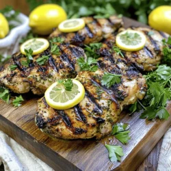 - 4 boneless, skinless chicken breasts - 3 tablespoons olive oil - 2 lemons (zest and juice) - 3 cloves of garlic, minced - 1 tablespoon fresh rosemary, chopped - 1 tablespoon fresh thyme, chopped - 1 teaspoon dried oregano - Salt and pepper to taste - Fresh parsley, for garnish Importance of fresh herbs: Fresh herbs make a big difference. They add bright flavors that dried herbs can’t match. For this recipe, use fresh rosemary and thyme. They give the chicken a lovely taste. Suggested oil alternatives: Olive oil is my go-to, but you can use canola or avocado oil. Both work well and have high smoke points. Chicken breast substitutes: If you want, you can swap chicken breasts for thighs. They stay moist and have great flavor. You could also try turkey cutlets for a leaner option. Start by making the marinade. In a bowl, whisk together these ingredients: - 3 tablespoons olive oil - Juice and zest of 2 lemons - 3 cloves of minced garlic - 1 tablespoon chopped fresh rosemary - 1 tablespoon chopped fresh thyme - 1 teaspoon dried oregano - Salt and pepper to taste Mix well until you see a uniform blend. This helps the flavors mix better. The acid from the lemon adds brightness and tenderizes the chicken. Place your chicken breasts in a resealable bag or shallow dish. Pour the marinade over the chicken. Seal the bag tightly or cover the dish. It’s key to ensure the chicken is well coated for even flavor. Let the chicken marinate in the fridge for at least 30 minutes. You can let it sit for up to 2 hours. The longer it marinates, the more flavor it absorbs. Preheat your grill to medium-high heat. This step is crucial for good cooking. A hot grill gives you nice grill marks and a flavorful sear. Remove the chicken from the marinade. Let any extra marinade drip off. Discard the leftover marinade to avoid contamination. Grill each breast for 6-8 minutes on each side. Use a meat thermometer to check the internal temperature. It should reach 165°F (75°C) for safe eating. When done, let the chicken rest for 5 minutes before slicing. This helps keep it juicy. For a nice finish, garnish with fresh parsley just before serving. You can find the full recipe for more details. Enjoy your delicious Lemon Herb Grilled Chicken! To get great grill marks on your chicken, start with a hot grill. Heat your grill to medium-high before adding the chicken. This helps with searing. Place the chicken on the grill and do not move it for a few minutes. This gives it time to sear and form those nice grill lines. Timing is important too. Grill each side for about 6-8 minutes. Flip the chicken only once. This helps keep the juices in and gives you those perfect marks. You can boost the flavor of your Lemon Herb Grilled Chicken with more herbs and spices. Consider basil or tarragon for a different taste. You can also add a pinch of paprika for a little kick. For more brightness, try adding a splash of vinegar or a bit more lemon juice. This can really lift the dish. To make your meal more complete, serve your grilled chicken with tasty side dishes. Roasted vegetables or a crisp salad go well. You can also pair it with rice or quinoa for extra filling. For a nice presentation, plate the chicken on a wooden board. Add lemon wedges and sprinkle fresh herbs on top. This makes your dish look as good as it tastes. For the full recipe, see the details above. {{image_2}} You can switch up the herbs in this recipe to change the flavor. For a fresh taste, try basil or cilantro. Both add a bright kick. If you want something more earthy, consider using sage or tarragon. You can mix and match these herbs to find what you like best. If you do not have fresh herbs, dried ones work too. Use about one-third the amount of dried herbs when compared to fresh. So, if the recipe calls for one tablespoon of fresh rosemary, use one teaspoon of dried rosemary. Grilling is great, but there are other ways to cook this chicken. You can use an oven for a more hands-off method. Preheat your oven to 400°F (200°C) and bake the chicken for around 20-25 minutes. You can also cook it on a stovetop. Just heat some oil in a pan and cook the chicken for about 6-8 minutes per side. If you want a fun twist, try using a grilling basket or skewers. This keeps the chicken pieces together and makes flipping easier. Just cut the chicken into chunks, marinate them, and thread them onto the skewers. Then grill as normal. You can adapt this recipe for different diets. For low-fat options, use skinless chicken thighs or even turkey breasts. These cuts are leaner but still tasty. If you're cutting carbs, skip any sugary marinades and stick to herbs and spices. For gluten-free needs, this recipe is already safe. All the ingredients are naturally gluten-free. Just double-check any store-bought items, like mustard or sauces, to ensure they fit your dietary needs. For more details on the full recipe, check the recipe section. To keep your Lemon Herb Grilled Chicken fresh, store it in the fridge. Place the chicken in an airtight container. This helps block air and keeps the chicken moist. Make sure to cool the chicken before sealing it. You can store it for up to four days. For the best taste, eat it within two days. If you want to maximize freshness, avoid adding sauces until you're ready to serve. You can freeze grilled chicken if you need to store it longer. Wrap each piece in plastic wrap. Then, place it in a freezer bag or container. This keeps the chicken safe from freezer burn. It will stay good for up to three months. When you’re ready to eat, thaw it in the fridge overnight. For quick thawing, place it in cold water for about an hour. Reheating your chicken correctly is key to keeping it juicy. You can use a microwave, oven, or stovetop. - Microwave: Place the chicken on a plate. Cover it with a damp paper towel. Heat it for 1-2 minutes, checking often. - Oven: Preheat the oven to 350°F (175°C). Place the chicken in a baking dish and cover it with foil. Heat for about 15-20 minutes. - Stovetop: Heat a skillet over medium heat. Add a splash of water or broth. Cover and heat for 5-7 minutes, turning once. No matter how you reheat it, check that it reaches 165°F (75°C) inside. This ensures it is safe to eat. To check if grilled chicken is done, use a meat thermometer. The safe internal temperature is 165°F (75°C). You can also look for clear juices when you cut into the chicken. If the juices run clear, your chicken is cooked well. The outside should be golden brown with nice grill marks. Yes, you can marinate the chicken overnight. This allows the flavors to soak in deeper. Just make sure to keep it in the fridge. If you marinate too long, the chicken may become too soft. A good time is 4 to 6 hours for the best flavor. Lemon Herb Grilled Chicken pairs well with many sides. Some popular choices are: - Roasted vegetables - Garlic mashed potatoes - Quinoa salad - Grilled corn on the cob - A fresh green salad with lemon vinaigrette These sides complement the bright flavors of the chicken. Leftover grilled chicken can last in the fridge for up to 4 days. Store it in an airtight container to keep it fresh. If you want to keep it longer, you can freeze it. Frozen chicken will stay good for about 3 months. Just make sure to thaw it in the fridge before reheating. We've covered how to make a delicious Lemon Herb Grilled Chicken, focusing on key ingredients and helpful tips. You learned the best ways to marinate, grill, and enhance flavors. Remember to use fresh herbs for the best taste and try different cooking techniques. Whether you're grilling or storing, these tips help maintain quality. Enjoy your tasty meal and share it with others. Happy cooking!
