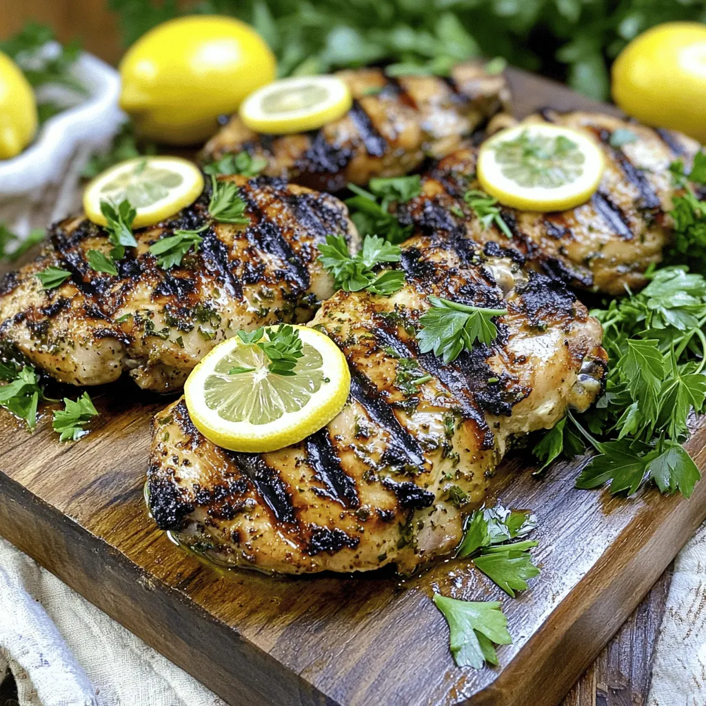 - 4 boneless, skinless chicken breasts - 3 tablespoons olive oil - 2 lemons (zest and juice) - 3 cloves of garlic, minced - 1 tablespoon fresh rosemary, chopped - 1 tablespoon fresh thyme, chopped - 1 teaspoon dried oregano - Salt and pepper to taste - Fresh parsley, for garnish Importance of fresh herbs: Fresh herbs make a big difference. They add bright flavors that dried herbs can’t match. For this recipe, use fresh rosemary and thyme. They give the chicken a lovely taste. Suggested oil alternatives: Olive oil is my go-to, but you can use canola or avocado oil. Both work well and have high smoke points. Chicken breast substitutes: If you want, you can swap chicken breasts for thighs. They stay moist and have great flavor. You could also try turkey cutlets for a leaner option. Start by making the marinade. In a bowl, whisk together these ingredients: - 3 tablespoons olive oil - Juice and zest of 2 lemons - 3 cloves of minced garlic - 1 tablespoon chopped fresh rosemary - 1 tablespoon chopped fresh thyme - 1 teaspoon dried oregano - Salt and pepper to taste Mix well until you see a uniform blend. This helps the flavors mix better. The acid from the lemon adds brightness and tenderizes the chicken. Place your chicken breasts in a resealable bag or shallow dish. Pour the marinade over the chicken. Seal the bag tightly or cover the dish. It’s key to ensure the chicken is well coated for even flavor. Let the chicken marinate in the fridge for at least 30 minutes. You can let it sit for up to 2 hours. The longer it marinates, the more flavor it absorbs. Preheat your grill to medium-high heat. This step is crucial for good cooking. A hot grill gives you nice grill marks and a flavorful sear. Remove the chicken from the marinade. Let any extra marinade drip off. Discard the leftover marinade to avoid contamination. Grill each breast for 6-8 minutes on each side. Use a meat thermometer to check the internal temperature. It should reach 165°F (75°C) for safe eating. When done, let the chicken rest for 5 minutes before slicing. This helps keep it juicy. For a nice finish, garnish with fresh parsley just before serving. You can find the full recipe for more details. Enjoy your delicious Lemon Herb Grilled Chicken! To get great grill marks on your chicken, start with a hot grill. Heat your grill to medium-high before adding the chicken. This helps with searing. Place the chicken on the grill and do not move it for a few minutes. This gives it time to sear and form those nice grill lines. Timing is important too. Grill each side for about 6-8 minutes. Flip the chicken only once. This helps keep the juices in and gives you those perfect marks. You can boost the flavor of your Lemon Herb Grilled Chicken with more herbs and spices. Consider basil or tarragon for a different taste. You can also add a pinch of paprika for a little kick. For more brightness, try adding a splash of vinegar or a bit more lemon juice. This can really lift the dish. To make your meal more complete, serve your grilled chicken with tasty side dishes. Roasted vegetables or a crisp salad go well. You can also pair it with rice or quinoa for extra filling. For a nice presentation, plate the chicken on a wooden board. Add lemon wedges and sprinkle fresh herbs on top. This makes your dish look as good as it tastes. For the full recipe, see the details above. {{image_2}} You can switch up the herbs in this recipe to change the flavor. For a fresh taste, try basil or cilantro. Both add a bright kick. If you want something more earthy, consider using sage or tarragon. You can mix and match these herbs to find what you like best. If you do not have fresh herbs, dried ones work too. Use about one-third the amount of dried herbs when compared to fresh. So, if the recipe calls for one tablespoon of fresh rosemary, use one teaspoon of dried rosemary. Grilling is great, but there are other ways to cook this chicken. You can use an oven for a more hands-off method. Preheat your oven to 400°F (200°C) and bake the chicken for around 20-25 minutes. You can also cook it on a stovetop. Just heat some oil in a pan and cook the chicken for about 6-8 minutes per side. If you want a fun twist, try using a grilling basket or skewers. This keeps the chicken pieces together and makes flipping easier. Just cut the chicken into chunks, marinate them, and thread them onto the skewers. Then grill as normal. You can adapt this recipe for different diets. For low-fat options, use skinless chicken thighs or even turkey breasts. These cuts are leaner but still tasty. If you're cutting carbs, skip any sugary marinades and stick to herbs and spices. For gluten-free needs, this recipe is already safe. All the ingredients are naturally gluten-free. Just double-check any store-bought items, like mustard or sauces, to ensure they fit your dietary needs. For more details on the full recipe, check the recipe section. To keep your Lemon Herb Grilled Chicken fresh, store it in the fridge. Place the chicken in an airtight container. This helps block air and keeps the chicken moist. Make sure to cool the chicken before sealing it. You can store it for up to four days. For the best taste, eat it within two days. If you want to maximize freshness, avoid adding sauces until you're ready to serve. You can freeze grilled chicken if you need to store it longer. Wrap each piece in plastic wrap. Then, place it in a freezer bag or container. This keeps the chicken safe from freezer burn. It will stay good for up to three months. When you’re ready to eat, thaw it in the fridge overnight. For quick thawing, place it in cold water for about an hour. Reheating your chicken correctly is key to keeping it juicy. You can use a microwave, oven, or stovetop. - Microwave: Place the chicken on a plate. Cover it with a damp paper towel. Heat it for 1-2 minutes, checking often. - Oven: Preheat the oven to 350°F (175°C). Place the chicken in a baking dish and cover it with foil. Heat for about 15-20 minutes. - Stovetop: Heat a skillet over medium heat. Add a splash of water or broth. Cover and heat for 5-7 minutes, turning once. No matter how you reheat it, check that it reaches 165°F (75°C) inside. This ensures it is safe to eat. To check if grilled chicken is done, use a meat thermometer. The safe internal temperature is 165°F (75°C). You can also look for clear juices when you cut into the chicken. If the juices run clear, your chicken is cooked well. The outside should be golden brown with nice grill marks. Yes, you can marinate the chicken overnight. This allows the flavors to soak in deeper. Just make sure to keep it in the fridge. If you marinate too long, the chicken may become too soft. A good time is 4 to 6 hours for the best flavor. Lemon Herb Grilled Chicken pairs well with many sides. Some popular choices are: - Roasted vegetables - Garlic mashed potatoes - Quinoa salad - Grilled corn on the cob - A fresh green salad with lemon vinaigrette These sides complement the bright flavors of the chicken. Leftover grilled chicken can last in the fridge for up to 4 days. Store it in an airtight container to keep it fresh. If you want to keep it longer, you can freeze it. Frozen chicken will stay good for about 3 months. Just make sure to thaw it in the fridge before reheating. We've covered how to make a delicious Lemon Herb Grilled Chicken, focusing on key ingredients and helpful tips. You learned the best ways to marinate, grill, and enhance flavors. Remember to use fresh herbs for the best taste and try different cooking techniques. Whether you're grilling or storing, these tips help maintain quality. Enjoy your tasty meal and share it with others. Happy cooking!