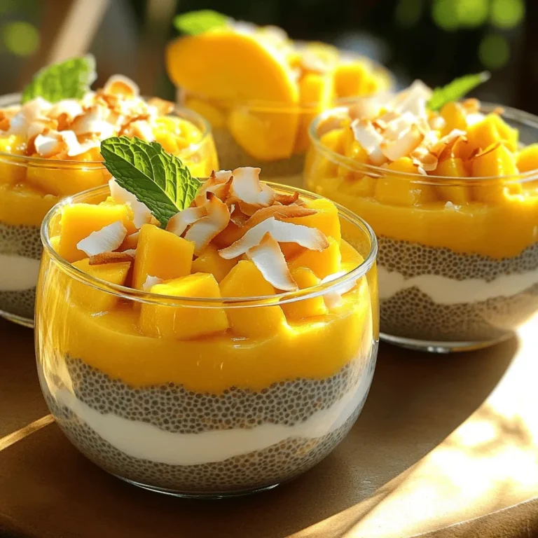 To make a tasty mango coconut chia pudding, you need a few key items: - 1/2 cup chia seeds - 2 cups coconut milk (canned or carton) - 1 ripe mango, diced - 2 tablespoons honey or maple syrup (adjust for sweetness) - 1 teaspoon vanilla extract - A pinch of sea salt Chia seeds are tiny but mighty. They soak up liquid and create a thick texture. Coconut milk brings a creamy taste and tropical vibe. The mango adds sweetness and freshness. You can use honey or maple syrup to sweeten it up. Vanilla extract adds a nice touch, while sea salt balances the flavors. You can make your pudding even more special with these extras: - Toasted coconut flakes - Fresh mint leaves Toasted coconut flakes add crunch and flavor. Fresh mint leaves give a bright touch. You can mix and match these toppings to suit your taste. Each variation makes your pudding unique and fun. For the full recipe, check out the complete instructions! In a mixing bowl, combine the chia seeds and coconut milk. Use 1/2 cup of chia seeds and 2 cups of coconut milk. Mix in 2 tablespoons of honey or maple syrup for sweetness. Add 1 teaspoon of vanilla extract and a pinch of sea salt. Whisk until the chia seeds blend well into the coconut milk. The mixture should feel smooth and creamy. Cover the bowl with plastic wrap. Place it in the refrigerator for at least 4 hours, or overnight for best results. This time allows the chia seeds to soak up the liquid. They will expand and form a pudding-like texture. Skipping this step may leave your pudding runny. After the pudding has set, take it out of the fridge. Give it a good stir to break up any clumps. Gently fold in half of the diced mango, which is about half of a ripe mango. Save the other half for the top. To serve, spoon the chia pudding into bowls or glasses. Top it with the remaining mango, a sprinkle of toasted coconut flakes, and a few fresh mint leaves for a colorful touch. Serve in clear glasses to show off the layers. - Not mixing chia seeds well: It’s key to stir the chia seeds into the coconut milk properly. If you skip this step, your pudding may have clumps. The seeds will not absorb the liquid evenly, which affects the texture. - Insufficient refrigeration time: Chia seeds need time to expand. If you don’t refrigerate long enough, your pudding will be runny. I recommend at least four hours, but overnight is best. The longer the chill, the thicker it gets. - Adjusting sweetness levels: You have full control over how sweet your pudding is. Start with two tablespoons of honey or maple syrup. Taste it and add more if you like. Remember, the mango adds natural sweetness too. - Adding other fruits or spices: Don’t stop at mango! You can mix in berries, bananas, or even a pinch of cinnamon. Try adding pineapple for a tropical twist or ginger for a spicy kick. The options are endless! - Pairing with other tropical fruits: This pudding shines next to fruits like kiwi or passion fruit. Their bright colors and flavors will enhance your dish. You can create a colorful fruit salad on the side. - Creating a layered dessert: Use clear glasses to show off the beautiful layers. Alternate spoonfuls of chia pudding and diced mango. Top with toasted coconut and mint leaves for a stunning finish. This not only looks great but tastes heavenly too. For the complete step-by-step instructions, check out the Full Recipe. {{image_2}} You can switch up the milk in this recipe. Almond milk works great for a nutty taste. Just use the same amount as coconut milk. Oat milk is another option. It adds a creamy texture without nuts. Both options keep your chia pudding delicious and light. Want to have fun with flavors? Try adding cocoa powder for a chocolate twist. Just a tablespoon can change the whole dish. You can also mix in other fruits. Pineapple or passion fruit adds a bright zing. These fruits enhance the tropical vibe of your pudding. This recipe can fit many diets. To make it vegan-friendly, just use maple syrup instead of honey. It keeps the sweetness without dairy. If you need it gluten-free, you are in luck! Chia seeds and coconut milk are naturally gluten-free. This dessert is perfect for everyone. For the full recipe, you can check out the provided link. Enjoy making your Mango Coconut Chia Pudding! Store your mango coconut chia pudding in the fridge. Always use an airtight container. This keeps the pudding fresh and prevents it from absorbing other odors. Glass jars work well. They are easy to clean and let you see the layers. In the fridge, your chia pudding lasts about five days. After that, it may lose its taste and texture. If you notice any off smell or change in color, it's best to throw it out. Always trust your senses! You can freeze chia pudding for longer storage. Use freezer-safe containers to avoid freezer burn. When ready to eat, thaw it in the fridge overnight. Stir well before serving to restore its creamy texture. Enjoy your mango coconut chia pudding anytime! For the full recipe, check out the earlier section. To get thicker chia pudding, adjust the chia seeds to liquid ratio. Use more chia seeds. A good starting point is 1/4 cup of chia seeds to 1 cup of coconut milk. Mix well and let it sit longer. This lets the seeds absorb more liquid. You can always test the thickness. If it's not thick enough, add more chia seeds next time. You can use both fresh and frozen mango for this recipe. Fresh mango gives a nice texture and taste. Make sure it is ripe for the best flavor. Frozen mango is also great if fresh is not available. Just thaw the frozen mango before using it. Cut it into small pieces to mix in easily. You can store mango coconut chia pudding in the fridge for up to 5 days. Keep it in a sealed container for freshness. Just remember to stir it well before serving. The mango on top may brown after a few days. If this happens, remove it and add fresh mango before serving. Yes, this recipe is perfect for meal prep! You can make it in advance and store it in the fridge. Prepare several servings at once. Just layer the pudding and mango in jars. This makes it easy to grab for breakfast or a snack. You can also customize each jar with different toppings. Mango coconut chia pudding is easy to make and delicious. You learned about key ingredients, like chia seeds, coconut milk, and fresh mango. I shared tips to avoid common mistakes and ways to enhance flavors. You can also play with variations, like different milks or fruits. Remember to store your pudding well for the best taste. This recipe is not only tasty but also packed with nutrition. Give it a try and enjoy a fresh treat.