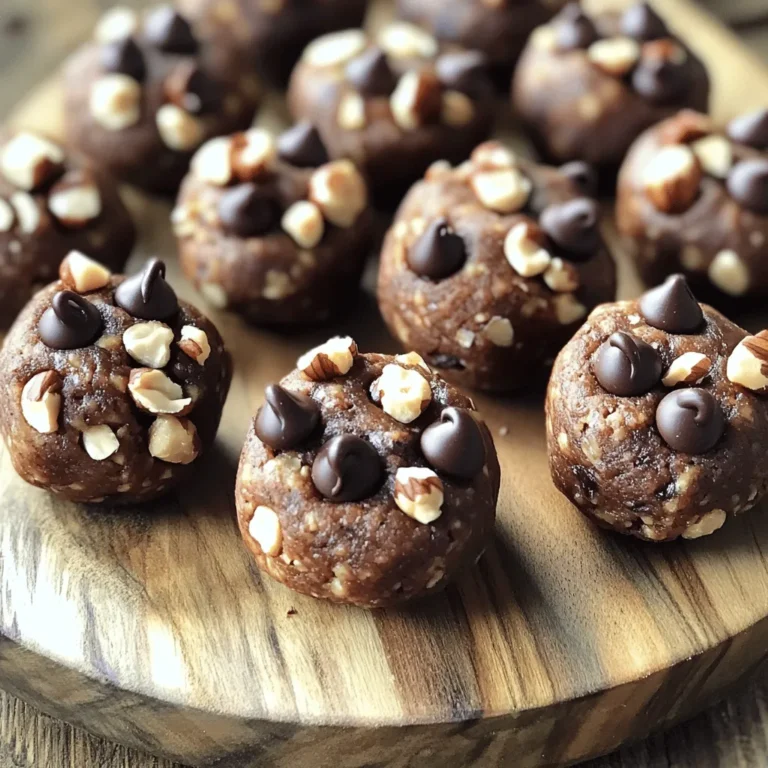 Creating Chocolate Hazelnut Protein Bites is easy and fun. Here is what you need: - 1 cup raw hazelnuts - 1/2 cup rolled oats - 1/4 cup cocoa powder - 1/2 cup natural peanut butter or almond butter - 1/4 cup maple syrup or honey - 1/4 cup chocolate protein powder - 1/4 teaspoon salt - 1 teaspoon vanilla extract - 1/4 cup dark chocolate chips (optional) These ingredients come together to make a delicious and healthy snack. The hazelnuts bring a rich flavor and crunch, while the oats add a nice texture. Cocoa powder gives that deep chocolate taste we all love. You can choose either peanut butter or almond butter based on your taste. Sweetness comes from maple syrup or honey, making it just right. Adding chocolate protein powder boosts the nutrition, making these bites great for a quick energy boost. The optional dark chocolate chips add even more flavor. If you love chocolate, do not skip them! Each ingredient plays a role in making these bites both tasty and nutritious. You can find the full recipe below to guide you through the process. Enjoy making these bites as a healthy treat! First, preheat your oven to 350°F (175°C). This step is important for roasting the hazelnuts. Spread the raw hazelnuts evenly on a baking sheet. Roast them for about 10-12 minutes until they smell great. Once they are done, let them cool down. You can chop them finely or pulse them in a food processor until they are coarsely ground. This gives your protein bites a nice texture. Grab a large bowl for the next step. Combine the ground hazelnuts, rolled oats, cocoa powder, chocolate protein powder, and salt. Mixing these dry ingredients well is key. This step ensures even flavor and texture in every bite. In a separate bowl, mix the natural peanut butter or almond butter, maple syrup or honey, and vanilla extract. Stir until you have a smooth and creamy mixture. This part adds sweetness and richness to your bites. Now, it's time to merge the wet and dry mixtures. Pour the smooth wet mixture into the bowl with the dry ingredients. Stir until everything is well combined. If you want a bit of extra chocolatey goodness, fold in the dark chocolate chips at this point. They add a nice surprise in each bite. Next, scoop out tablespoon-sized portions of the mixture. Roll each portion into a ball using your hands. Place the balls on a parchment-lined baking sheet. This helps them keep their shape. After shaping, refrigerate the protein bites for at least 30 minutes. This chilling time helps them firm up before you enjoy them. For the full recipe, check out the complete guide on making these delightful bites. To get the best texture in your Chocolate Hazelnut Protein Bites, choose your nut butter wisely. You can use peanut butter or almond butter. Each one gives a slightly different taste. If you want a creamier bite, almond butter works great. For a richer flavor, stick with peanut butter. Next, you can adjust the sweetness level. If you like a sweeter snack, add more maple syrup or honey. Start with the suggested amount, then taste the mixture. You can always add more if needed. Just keep in mind that too much sweetness can mask the rich chocolate flavor. These bites are great on their own, but you can make them even better. Pair them with fresh fruits like bananas or strawberries. The fruity taste balances the rich chocolate well. You can also serve them with yogurt for a creamy treat. This adds protein and makes for a fun snack. Using high-quality ingredients makes all the difference. Look for organic and raw nuts. They are fresher and healthier. Raw hazelnuts keep their nutrients better than roasted ones. You can also check the labels on your nut butter and protein powder. Choose options with no added sugars or unhealthy fats. Quality matters, especially in a healthy snack. {{image_2}} To make these bites vegan, you can swap honey for maple syrup. Maple syrup adds sweetness without animal products. You might also try agave nectar as another option. Both choices keep the flavor rich and delicious. Using certified gluten-free oats is key for a gluten-free version. Many oats may have gluten due to cross-contamination. So, always check the label to ensure they're safe. This way, you can enjoy these bites without worry. You can experiment with extra flavors to make these bites even better. Try adding a pinch of cinnamon or nutmeg for warmth. Dried fruits like cranberries or apricots also add a nice touch. Get creative and find your favorite combo! To keep your chocolate hazelnut protein bites fresh, store them in an airtight container. This method helps lock in moisture and flavors. It also prevents them from absorbing other smells from your fridge. Make sure the container is clean and dry before adding the bites. These protein bites will last about one week in the fridge. If you want to enjoy them longer, you can freeze them. Just make sure they are in an airtight container or freezer bag to avoid freezer burn. When you're ready to eat, let them thaw in the fridge overnight. For longer-term storage, freezing is a great option. You can freeze the bites for up to three months. To freeze, place them in a single layer on a baking sheet. Once they are frozen solid, transfer them to a freezer-safe bag or container. This way, you can grab one or two whenever you want a tasty snack. For the full recipe and more tips, refer to the section above! To make these bites gluten-free, simply swap the rolled oats for certified gluten-free oats. This small change keeps the texture and taste intact while ensuring everyone can enjoy them safely. Always check the labels on your oats to be sure they meet gluten-free standards. Yes, you can use different protein powders based on your needs. If you prefer plant-based options, try pea protein or rice protein. For those who want whey, that's a great choice too. Each powder adds its unique flavor and nutrition. Just ensure it blends well with the other ingredients for the best texture. These protein bites provide many health advantages. They are rich in protein, which helps build and repair muscles. Hazelnuts offer healthy fats, fiber, and vitamins. The oats contribute energy and more fiber. With natural sweeteners like honey or maple syrup, you avoid refined sugars. Overall, these bites are a smart snack option. For the full recipe, check out the Chocolate Hazelnut Protein Bites section. You learned how to make Chocolate Hazelnut Protein Bites with simple ingredients and steps. Start by prepping and mixing your dry and wet components, then combine them. Shape the mixture into balls, chill, and enjoy! Experiment with flavors and textures for a personal touch. These bites are easy to store and perfect for snacks. With these tips, you can create delicious treats that fit your diet and taste. Enjoy your cooking journey!