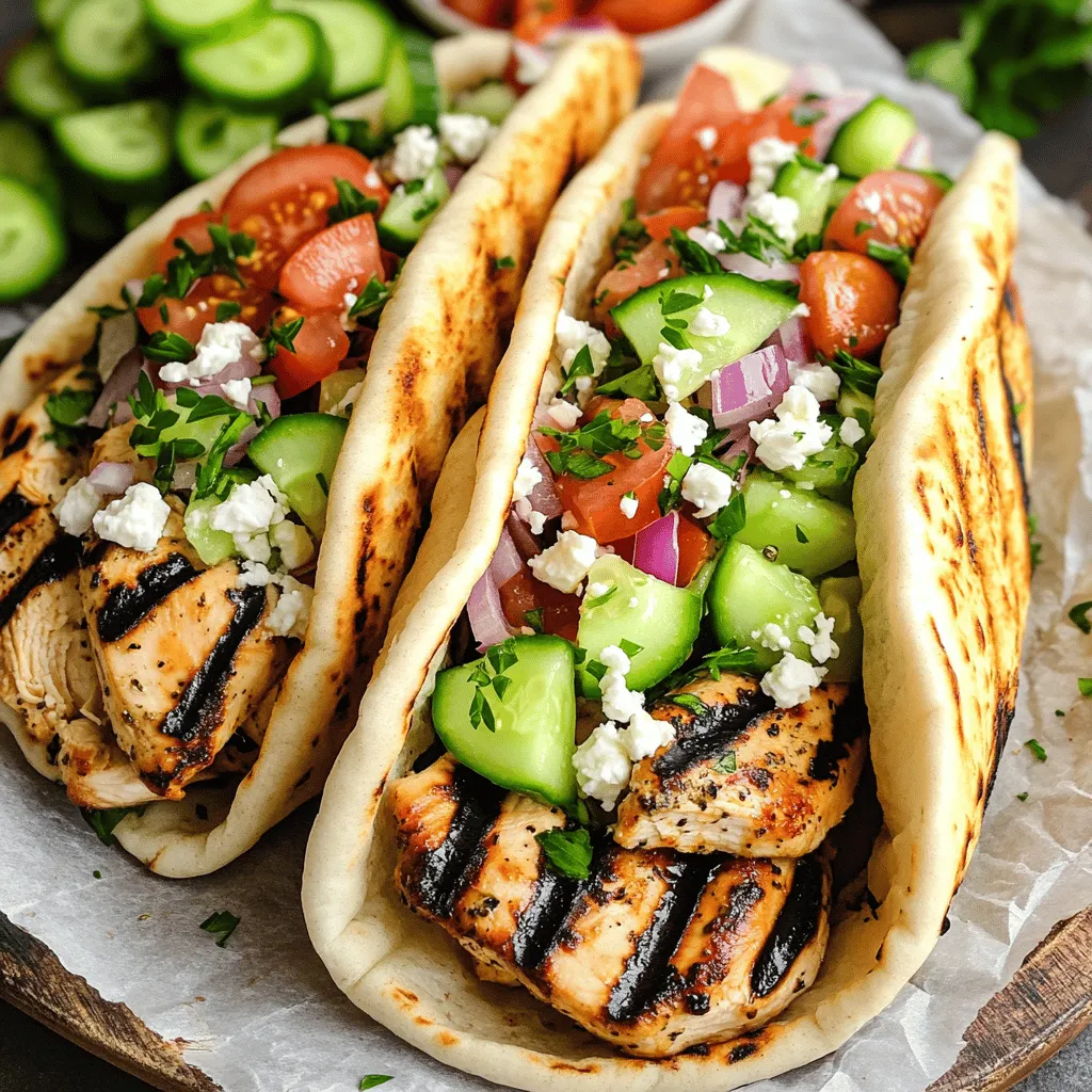 - 1 lb chicken breast, thinly sliced - 3 tablespoons olive oil - 2 tablespoons Greek yogurt - 1 tablespoon lemon juice - 2 cloves garlic, minced - 1 tablespoon dried oregano - Salt and pepper to taste To make Greek chicken gyros, start with fresh chicken breast. I love using thinly sliced chicken. It cooks quickly and soaks up flavors. Olive oil adds richness while Greek yogurt gives creaminess. Lemon juice brightens the dish, making it fresh and zesty. Garlic and dried oregano bring in that classic Greek flavor. Season with salt and pepper to enhance everything. - 4 pita breads - 1 cucumber, diced - 1 tomato, diced - 1/2 red onion, thinly sliced - 1/4 cup feta cheese, crumbled - Fresh parsley for garnish Now, for the fresh ingredients. Pita bread is perfect for wrapping. It holds all the goodness inside. Cucumber and tomato add crunch and color. Red onion gives a nice bite. Don’t forget the feta cheese! It adds a salty, creamy touch. Fresh parsley makes everything look pretty and adds a pop of flavor. - Grill pan or outdoor grill - Mixing bowls - Cutting board - Knife - Serving platter - Parchment paper You will need some basic tools. A grill pan or an outdoor grill works great for cooking the chicken. Mixing bowls help combine the marinade. A cutting board and knife make chopping easy. For serving, a platter lined with parchment paper looks nice. It also keeps everything tidy. For the full recipe, check out the instructions linked above. Enjoy your cooking! To make your chicken gyros flavorful, start with the marinade. In a bowl, combine: - 3 tablespoons olive oil - 2 tablespoons Greek yogurt - 1 tablespoon lemon juice - 2 cloves garlic, minced - 1 tablespoon dried oregano - Salt and pepper to taste Mix these ingredients until they blend well. This marinade adds great taste to the chicken. Next, take your 1 lb chicken breast, thinly sliced, and coat it in the marinade. Make sure every piece gets covered. Cover the bowl and refrigerate for at least 1 hour. If you have time, let it marinate overnight for even more flavor. Now it’s time to grill. Preheat your grill or grill pan over medium-high heat. Once hot, remove the chicken from the marinade. Grill the chicken for 5-7 minutes on each side. Look for a nice char and check the internal temperature. It should reach 165°F (75°C) to be safe to eat. While the chicken grills, warm your pita bread. You can do this on a skillet or directly on the grill. Heat it for about 1 minute on each side. Once the chicken is done, let it rest for a few minutes. Then slice it into bite-sized pieces. To assemble your gyros, take a warm pita bread and lay it flat. Start with a good portion of grilled chicken. Then, add toppings: - Diced cucumber - Diced tomato - Thinly sliced red onion - Crumbled feta cheese Finally, garnish with fresh parsley. Wrap the pita around your filling. Enjoy your delicious Greek chicken gyros! For the full recipe, check out the complete guide. For the best flavor, marinate the chicken for at least one hour. If you have time, let it sit overnight. This allows the chicken to soak up all the tasty flavors. To balance the flavors, adjust the ingredients based on your taste. If you like it tangy, add more lemon juice. If you prefer richer flavors, increase the olive oil or yogurt. To achieve a perfect char, preheat your grill to medium-high heat. Place the chicken on the grill and leave it alone for a few minutes. This helps form those nice grill marks. If you don’t have a grill, you can use a grill pan on the stove. You can also bake the chicken in the oven at 400°F for about 20 minutes. When wrapping your gyros, lay the pita flat and add the chicken first. Then, layer your veggies and feta cheese. This keeps everything from falling out. For presentation, serve the gyros on a platter with parchment paper. Add a side of cucumber and tomato salad for color and freshness. This makes your dish look more appealing and adds a nice crunch! For the full recipe, check out the Full Recipe section. {{image_2}} You can switch up the protein in your gyros. Pork and lamb are classic choices in Greece. They offer rich flavors that pair well with the spices. If you prefer plant-based meals, try marinated tofu or tempeh. These options are tasty and satisfying. Toppings can make your gyros special. You might want to add more veggies like bell peppers or spinach. You can also try different sauces, like a spicy mayo or hummus. A must-have is tzatziki sauce. It’s cool and creamy, made with Greek yogurt, cucumber, and garlic. To make it, mix: - 1 cup Greek yogurt - 1/2 cucumber, grated - 1 clove garlic, minced - 1 tablespoon lemon juice - Salt to taste This sauce adds a bright taste to your gyros. Think about what to serve with your gyros. A Greek salad is a great side. It’s fresh and healthy, with tomatoes, cucumbers, and olives. Roasted veggies also fit well. They add color and flavor to your plate. For drinks, consider serving a light white wine or sparkling water. These drinks will enhance the meal without overpowering it. After enjoying your Greek chicken gyros, store any leftovers properly. Place leftover chicken in an airtight container. You can keep it in the fridge for up to three days. For longer storage, freeze the chicken. It can last for about three months in the freezer. Just make sure to label the container with the date. This way, you'll know when it was stored. When it’s time to eat your leftovers, you have two great options. You can use a microwave or an oven. For the microwave, place the chicken on a microwave-safe plate. Heat it in short bursts, checking often to avoid drying it out. Alternatively, for the oven, preheat to 350°F (175°C). Place the chicken on a baking sheet and cover it with foil. Heat for about 10-15 minutes, until warm throughout. How long can you keep marinated chicken and assembled gyros? Marinated chicken can stay fresh in the fridge for up to two days. If you assemble the gyros, it's best to eat them the same day. The pita can become soggy if stored too long. If you need to prepare ahead, keep the fillings separate. This helps keep everything fresh and tasty. For the best flavor experience, enjoy them soon after making! The best type of chicken for gyros is chicken breast. It cooks well and stays juicy. You can also use chicken thighs if you want more flavor. Just remember to cut it into thin slices for even cooking. This helps each piece soak up the marinade well. Yes, you can make Greek Chicken Gyros in advance! You can marinate the chicken overnight. This will enhance the flavor. Once grilled, you can store the chicken in the fridge for up to three days. Just reheat it before serving. I love serving Greek Chicken Gyros with fresh sides. Here are some great options: - Greek salad with tomatoes and cucumbers - Roasted vegetables for added flavor - Hummus and pita chips for a crunchy snack - Tzatziki sauce for dipping and extra taste Enjoy your gyros with a side of your choice! Greek chicken gyros are a tasty meal that you can make at home. We covered the key ingredients, from chicken and olive oil to fresh veggies and feta. You learned how to marinate, grill, and assemble your gyros for the best flavor. Plus, there are great tips for perfecting your meal and suggestions for storage. Feel free to mix things up with different proteins and toppings. Enjoy your gyros and get creative with variations. You now have the tools to impress your family and friends with this delicious dish.