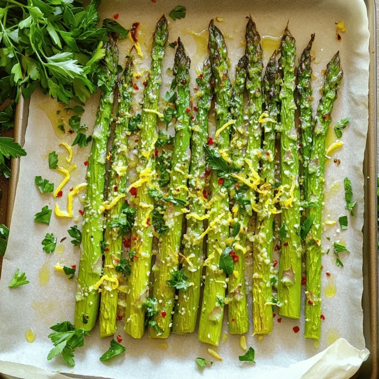 To make Lemon Parmesan Roasted Asparagus, you need a few simple items. Here’s the list: - 1 pound fresh asparagus, trimmed - 2 tablespoons olive oil - Zest of 1 lemon - 2 tablespoons fresh lemon juice - 1/2 cup freshly grated Parmesan cheese - 1 teaspoon garlic powder - 1/2 teaspoon salt - 1/4 teaspoon black pepper You can add extra flavor with these optional items: - 1/4 teaspoon red pepper flakes (for a little heat) - Fresh parsley, chopped (for garnish) Asparagus is not just tasty; it’s also good for you. Here are some benefits: - Rich in vitamins: Asparagus is high in vitamins A, C, E, and K. - High in fiber: It helps with digestion and keeps you full. - Low in calories: This makes it a great choice for healthy eating. - Antioxidants: Asparagus contains antioxidants, which can help fight disease. Using fresh asparagus in your meals adds flavor and nutrition. This recipe combines these benefits with the zesty taste of lemon and the richness of cheese. You can find the [Full Recipe] above for details on how to prepare this dish. Start with fresh asparagus. Look for bright green stalks with tight tips. Trim the tough ends, about one inch off. This helps make each bite tender. Rinse the asparagus under cold water to clean it. Pat them dry with a towel. This step is key to getting a nice roast. In a large bowl, combine the olive oil, lemon zest, and lemon juice. Add garlic powder, salt, black pepper, and red pepper flakes if you like some heat. Whisk these ingredients together until they blend well. This mixture gives the asparagus a bright flavor. Toss the asparagus in the bowl until each piece is coated evenly. The lemon and oil mix clings well to the stalks. Preheat your oven to 425°F (220°C). Line a baking sheet with parchment paper for easy cleanup. Spread the coated asparagus in a single layer on the sheet. This helps them roast evenly. Bake for 12 minutes. After this time, take them out and sprinkle the Parmesan cheese over the top. Return to the oven for another 3-5 minutes, until the cheese is melted and golden. Watch them closely. Oven times can vary. When done, let the asparagus cool for a minute. Serve warm, garnished with fresh parsley. For the full recipe, check the complete instructions above. Enjoy this bright and tasty side dish! To get the best flavor from your asparagus, choose fresh, bright green stalks. They should be firm and not limp. Trim the tough ends, about one inch, to ensure they cook well. Spread the asparagus in a single layer on your baking sheet. This helps them roast evenly. Leave space between each stalk for air to flow. You can boost the taste of your Lemon Parmesan Roasted Asparagus. Add lemon zest for a bright kick. Fresh herbs like thyme or rosemary also work well. For heat, sprinkle on more red pepper flakes. If you love garlic, use fresh minced garlic instead of powder. This gives a more robust flavor. Lemon Parmesan Roasted Asparagus pairs well with many dishes. It complements grilled chicken or fish perfectly. Serve it next to rice or quinoa for a complete meal. You can also add it to salads for extra crunch. Don't forget to drizzle a bit of extra lemon juice on top before serving. Check out the Full Recipe for more ideas! {{image_2}} You can switch up the cheese if you want. Try using feta or goat cheese. Both add a tangy kick. A sharp cheddar can also work well, giving a different taste. Each cheese brings its own flavor, so feel free to experiment. If you need to avoid dairy, use nutritional yeast instead of Parmesan. It adds a cheesy taste without the milk. For a vegan option, use olive oil with a mix of herbs. This will keep your dish flavorful while meeting dietary needs. In spring and summer, add fresh herbs like basil or thyme. These herbs enhance the lemon flavor. In fall, try adding roasted nuts for crunch. They add texture and a nutty taste. During winter, pair with a sprinkle of pomegranate seeds for color and sweetness. Each season offers unique flavors to try. For the full recipe, check out the Lemon Parmesan Roasted Asparagus section above. To store leftovers, let the asparagus cool down first. Place it in an airtight container. You can keep it in the fridge for up to three days. This keeps the flavors fresh. Make sure to seal it tightly to avoid moisture. When you're ready to enjoy the leftovers, preheat your oven to 350°F (175°C). Spread the asparagus on a baking sheet. Heat for about 10 minutes or until warm. This helps keep the cheese nice and melty. You can also use a microwave, but the oven is best. If you want to freeze the asparagus, it's best to do so before cooking. Blanch the asparagus in boiling water for two minutes. Then, place it in an ice bath to stop cooking. Drain and pack it in freezer bags. Remove as much air as possible. You can freeze it for up to three months. When ready to use, thaw in the fridge overnight. For cooking, roast straight from frozen, adding a few extra minutes to cooking time. You can find the full recipe [here](#). To make your asparagus crispy, start by using fresh asparagus. Trim the ends to keep them tender. Next, toss the asparagus in olive oil and seasonings well. Spread them out on a baking sheet. Avoid crowding the pan. This helps the heat circulate. Roast at 425°F for 12 minutes first. Then add the Parmesan and roast for 3-5 more minutes. You want the cheese to melt and turn golden. Crispiness comes from high heat and less moisture. You can use frozen asparagus, but fresh is best. Frozen asparagus has more water. This might make it less crispy. If you use frozen, thaw and dry them well. Roast them for a longer time to help remove moisture. You might need to adjust the cooking time. Keep an eye on them to avoid overcooking. The flavor will still be good, but the texture may differ. Lemon Parmesan roasted asparagus pairs well with many dishes. Here are a few great ideas: - Grilled chicken or fish for a light, healthy meal. - Quinoa or rice for a hearty side. - Mashed potatoes for a comforting touch. - A fresh salad to add crunch. These pairings balance the flavors and make a complete meal. Enjoy your delicious asparagus with any of these sides! For the complete cooking process, check out the Full Recipe. This blog post covered how to make delicious lemon parmesan roasted asparagus. We discussed the key ingredients and their benefits. You learned the steps for prepping and roasting the asparagus perfectly. I shared tips to enhance flavor and suggested ways to serve it. We explored variations, storage methods, and answered common questions. In summary, enjoy experimenting with this simple dish. It can fit many tastes and diets. You’ll love how easy it is to make and share.
