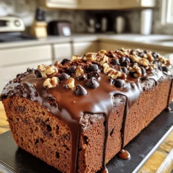 - 3 ripe bananas, mashed - 1/3 cup melted coconut oil - 1 teaspoon vanilla extract - 1 teaspoon baking soda - Pinch of salt - 1/2 cup brown sugar - 1 large egg, beaten - 1 cup all-purpose flour - 1/2 cup dark chocolate chips - 1/4 cup chopped walnuts (optional) These ingredients come together to create a moist, sweet, and chocolatey banana bread. Each one plays a key role in the final product. The ripe bananas add natural sweetness and moisture. The coconut oil keeps the bread tender. You can use any oil you like if you don't have coconut oil. The brown sugar adds depth of flavor. You can swap brown sugar with granulated sugar, but the bread will taste different. The egg gives structure to the bread. If you want a vegan option, you can replace the egg with 1/4 cup of applesauce or mashed banana. - Coconut oil alternatives: You can use canola oil or melted butter if you prefer. - Sugar options: Brown sugar gives a richer flavor. Granulated sugar will make it lighter. - Vegan substitutes for egg: Use 1/4 cup of unsweetened applesauce or mashed banana instead of egg. This recipe is flexible and allows for personal touches. You can adjust it based on what you have at home. You can find the full recipe for Chocolate Chip Banana Bread in this article. Enjoy making this delightful treat! 1. Preheat your oven to 350°F (175°C). Grease a 9x5-inch loaf pan. You can also line it with parchment paper for easy removal later. 2. In a large mixing bowl, mash 3 ripe bananas with a fork. Then, add 1/3 cup of melted coconut oil. Mix well until both are smooth. 3. Next, stir in 1 teaspoon of vanilla extract and 1 beaten egg. Make sure everything is blended nicely. 4. In another bowl, mix 1 teaspoon of baking soda and a pinch of salt. Slowly add this to your banana mixture. Stir gently. 5. Now, mix in 1/2 cup of brown sugar. Keep stirring until it blends fully into the banana mix. 6. Gradually add 1 cup of all-purpose flour. Stir until just combined. Be careful not to overmix! 7. Fold in 1/2 cup of dark chocolate chips and, if you want, add 1/4 cup of chopped walnuts. Make sure they are spread evenly in the batter. 8. Pour the batter into your prepared loaf pan. Use a spatula to smooth the top. 9. Bake in your preheated oven for about 60 minutes. To check if it's done, insert a toothpick into the center. It should come out clean. 10. Let the banana bread cool in the pan for about 10 minutes. Then, move it to a wire rack to cool completely. You can find the Full Recipe for more details. How to choose ripe bananas for maximum flavor Select bananas that are dark yellow with brown spots. These bananas are sweet and flavorful. Avoid green bananas, as they are not sweet enough. Overripe bananas give the best taste for your bread. Avoiding common baking mistakes Make sure you measure ingredients correctly. Too much flour can make the bread dry. Always check that your baking soda is fresh. Old baking soda won't help the bread rise. Best practices for mixing to prevent overmixing Mix the batter gently. Combine wet and dry ingredients until just blended. Overmixing can make the bread tough. Stir in chocolate chips and walnuts lightly. Adding spices like cinnamon or nutmeg A pinch of cinnamon or nutmeg adds warmth to your banana bread. These spices work well with the sweetness of the bananas. Just a little can elevate the taste. Tips for balancing moisture If your bread seems too wet, add a bit more flour. If it’s too dry, try more bananas or a splash of milk. This balance keeps the bread soft and moist. Enjoy a slice of chocolate chip banana bread with a drizzle of chocolate for extra flavor. Check out the Full Recipe for details. {{image_2}} For a gluten-free version, you can swap regular flour for gluten-free flour. I recommend using almond flour or a gluten-free all-purpose blend. These options give great flavor and texture. You might need to adjust moisture levels. Gluten-free flours can absorb more liquid. Add a bit of extra banana or a splash of milk to keep it moist. To make this banana bread vegan, replace the egg with a flax egg. Mix one tablespoon of ground flaxseed with three tablespoons of water. Let it sit until it thickens. For milk, use almond, soy, or oat milk. Coconut oil works well as a butter substitute. Vegan baking can be tricky, so remember to check your batter. It should be thick but pourable. You can add your favorite nuts, seeds, or fruits to this recipe. Chopped pecans or walnuts add crunch. You can also mix in dried fruit like cranberries or raisins for sweetness. If you love chocolate, try different types of chocolate chips. White chocolate or milk chocolate can change the taste and make it unique. You could even add a swirl of peanut butter for an extra kick! For the full recipe, check the earlier section. To keep your chocolate chip banana bread fresh, store it in an airtight container. This helps to block out air and moisture. Place a paper towel in the container to absorb extra moisture. This keeps the bread moist and soft. A cool, dark place is ideal for storage. Avoid direct sunlight or hot areas. For short-term storage, the bread lasts about 3 days at room temperature. If you want it to last longer, refrigerate it. In the fridge, it stays fresh for up to a week. Just be aware that refrigeration can make it a bit dry. Freezing banana bread is a great way to enjoy it later. First, let the bread cool completely. Wrap it tightly in plastic wrap or foil. Then, place it in a freezer-safe bag. This helps to prevent freezer burn. When you want to eat it, take it out of the freezer. Let it thaw in the fridge overnight. You can also thaw it at room temperature for a few hours. Frozen banana bread can last about 3 months. After this time, it may lose flavor or texture. So, mark the date on your bag to keep track. Enjoy your homemade treat whenever you like! For the complete recipe, check out the Full Recipe section. To check if your banana bread is done, look for a few signs: - The edges should pull away from the pan. - The top will be golden brown. - A toothpick inserted in the center comes out clean. If the toothpick has wet batter, bake it a bit longer. Keep checking every few minutes. Yes, you can use frozen bananas! Here are some tips: - Thaw the bananas in the fridge or at room temperature. - Drain any extra liquid before mixing. - If they are very mushy, that’s fine! It adds flavor. Using frozen bananas can make your bread even sweeter. You can enjoy banana bread in many ways. Here are some ideas: - Serve warm with butter or cream cheese. - Drizzle with melted chocolate for extra sweetness. - Pair with coffee or tea for a cozy treat. Banana bread also goes well with ice cream for dessert! Homemade banana bread can last: - About 2-3 days at room temperature. - Up to a week in the fridge, if wrapped well. To keep it fresh, store it in an airtight container. Freezing it can extend its life to about three months. Chocolate chip banana bread is easy and fun to make. You need ripe bananas and simple ingredients. We covered essential tips for getting the best flavor and texture. I also shared ways to store it and even freeze leftovers. Now you can bake with confidence! Enjoy your warm, sweet bread with family and friends. Experiment with new flavors, or stick to the classic. Happy baking!