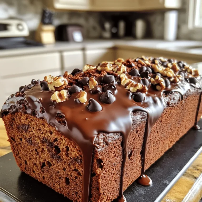 - 3 ripe bananas, mashed - 1/3 cup melted coconut oil - 1 teaspoon vanilla extract - 1 teaspoon baking soda - Pinch of salt - 1/2 cup brown sugar - 1 large egg, beaten - 1 cup all-purpose flour - 1/2 cup dark chocolate chips - 1/4 cup chopped walnuts (optional) These ingredients come together to create a moist, sweet, and chocolatey banana bread. Each one plays a key role in the final product. The ripe bananas add natural sweetness and moisture. The coconut oil keeps the bread tender. You can use any oil you like if you don't have coconut oil. The brown sugar adds depth of flavor. You can swap brown sugar with granulated sugar, but the bread will taste different. The egg gives structure to the bread. If you want a vegan option, you can replace the egg with 1/4 cup of applesauce or mashed banana. - Coconut oil alternatives: You can use canola oil or melted butter if you prefer. - Sugar options: Brown sugar gives a richer flavor. Granulated sugar will make it lighter. - Vegan substitutes for egg: Use 1/4 cup of unsweetened applesauce or mashed banana instead of egg. This recipe is flexible and allows for personal touches. You can adjust it based on what you have at home. You can find the full recipe for Chocolate Chip Banana Bread in this article. Enjoy making this delightful treat! 1. Preheat your oven to 350°F (175°C). Grease a 9x5-inch loaf pan. You can also line it with parchment paper for easy removal later. 2. In a large mixing bowl, mash 3 ripe bananas with a fork. Then, add 1/3 cup of melted coconut oil. Mix well until both are smooth. 3. Next, stir in 1 teaspoon of vanilla extract and 1 beaten egg. Make sure everything is blended nicely. 4. In another bowl, mix 1 teaspoon of baking soda and a pinch of salt. Slowly add this to your banana mixture. Stir gently. 5. Now, mix in 1/2 cup of brown sugar. Keep stirring until it blends fully into the banana mix. 6. Gradually add 1 cup of all-purpose flour. Stir until just combined. Be careful not to overmix! 7. Fold in 1/2 cup of dark chocolate chips and, if you want, add 1/4 cup of chopped walnuts. Make sure they are spread evenly in the batter. 8. Pour the batter into your prepared loaf pan. Use a spatula to smooth the top. 9. Bake in your preheated oven for about 60 minutes. To check if it's done, insert a toothpick into the center. It should come out clean. 10. Let the banana bread cool in the pan for about 10 minutes. Then, move it to a wire rack to cool completely. You can find the Full Recipe for more details. How to choose ripe bananas for maximum flavor Select bananas that are dark yellow with brown spots. These bananas are sweet and flavorful. Avoid green bananas, as they are not sweet enough. Overripe bananas give the best taste for your bread. Avoiding common baking mistakes Make sure you measure ingredients correctly. Too much flour can make the bread dry. Always check that your baking soda is fresh. Old baking soda won't help the bread rise. Best practices for mixing to prevent overmixing Mix the batter gently. Combine wet and dry ingredients until just blended. Overmixing can make the bread tough. Stir in chocolate chips and walnuts lightly. Adding spices like cinnamon or nutmeg A pinch of cinnamon or nutmeg adds warmth to your banana bread. These spices work well with the sweetness of the bananas. Just a little can elevate the taste. Tips for balancing moisture If your bread seems too wet, add a bit more flour. If it’s too dry, try more bananas or a splash of milk. This balance keeps the bread soft and moist. Enjoy a slice of chocolate chip banana bread with a drizzle of chocolate for extra flavor. Check out the Full Recipe for details. {{image_2}} For a gluten-free version, you can swap regular flour for gluten-free flour. I recommend using almond flour or a gluten-free all-purpose blend. These options give great flavor and texture. You might need to adjust moisture levels. Gluten-free flours can absorb more liquid. Add a bit of extra banana or a splash of milk to keep it moist. To make this banana bread vegan, replace the egg with a flax egg. Mix one tablespoon of ground flaxseed with three tablespoons of water. Let it sit until it thickens. For milk, use almond, soy, or oat milk. Coconut oil works well as a butter substitute. Vegan baking can be tricky, so remember to check your batter. It should be thick but pourable. You can add your favorite nuts, seeds, or fruits to this recipe. Chopped pecans or walnuts add crunch. You can also mix in dried fruit like cranberries or raisins for sweetness. If you love chocolate, try different types of chocolate chips. White chocolate or milk chocolate can change the taste and make it unique. You could even add a swirl of peanut butter for an extra kick! For the full recipe, check the earlier section. To keep your chocolate chip banana bread fresh, store it in an airtight container. This helps to block out air and moisture. Place a paper towel in the container to absorb extra moisture. This keeps the bread moist and soft. A cool, dark place is ideal for storage. Avoid direct sunlight or hot areas. For short-term storage, the bread lasts about 3 days at room temperature. If you want it to last longer, refrigerate it. In the fridge, it stays fresh for up to a week. Just be aware that refrigeration can make it a bit dry. Freezing banana bread is a great way to enjoy it later. First, let the bread cool completely. Wrap it tightly in plastic wrap or foil. Then, place it in a freezer-safe bag. This helps to prevent freezer burn. When you want to eat it, take it out of the freezer. Let it thaw in the fridge overnight. You can also thaw it at room temperature for a few hours. Frozen banana bread can last about 3 months. After this time, it may lose flavor or texture. So, mark the date on your bag to keep track. Enjoy your homemade treat whenever you like! For the complete recipe, check out the Full Recipe section. To check if your banana bread is done, look for a few signs: - The edges should pull away from the pan. - The top will be golden brown. - A toothpick inserted in the center comes out clean. If the toothpick has wet batter, bake it a bit longer. Keep checking every few minutes. Yes, you can use frozen bananas! Here are some tips: - Thaw the bananas in the fridge or at room temperature. - Drain any extra liquid before mixing. - If they are very mushy, that’s fine! It adds flavor. Using frozen bananas can make your bread even sweeter. You can enjoy banana bread in many ways. Here are some ideas: - Serve warm with butter or cream cheese. - Drizzle with melted chocolate for extra sweetness. - Pair with coffee or tea for a cozy treat. Banana bread also goes well with ice cream for dessert! Homemade banana bread can last: - About 2-3 days at room temperature. - Up to a week in the fridge, if wrapped well. To keep it fresh, store it in an airtight container. Freezing it can extend its life to about three months. Chocolate chip banana bread is easy and fun to make. You need ripe bananas and simple ingredients. We covered essential tips for getting the best flavor and texture. I also shared ways to store it and even freeze leftovers. Now you can bake with confidence! Enjoy your warm, sweet bread with family and friends. Experiment with new flavors, or stick to the classic. Happy baking!