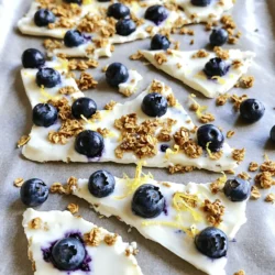 For this tasty treat, gather these simple ingredients: - 2 cups plain Greek yogurt - 1/4 cup honey or maple syrup - Zest of 1 lemon - 2 tablespoons lemon juice - 1 cup fresh blueberries - 1/2 cup granola (for topping) - A pinch of sea salt These ingredients come together to create a creamy, refreshing snack. The Greek yogurt gives a rich base, while the honey or maple syrup adds just the right sweetness. The lemon zest and juice bring a bright, tangy flavor that pairs perfectly with the blueberries. You can mix things up by adding some optional ingredients. Consider trying: - Sliced almonds or walnuts for extra crunch - Shredded coconut for a tropical twist - Chopped strawberries or raspberries for more fruity flavors - A sprinkle of cinnamon for warmth These add-ins let you personalize the bark to your taste. They also make it more fun and exciting. If you have specific dietary needs, you can easily swap some ingredients. Here are a few ideas: - Use dairy-free yogurt for a vegan option. - Replace honey with agave syrup for a plant-based sweetener. - Use a sugar-free yogurt if you want to cut down on sugar. These substitutions keep the bark delicious while fitting your lifestyle. Enjoy making this snack your own! To make Lemon Blueberry Greek Yogurt Bark, you need to prepare your tools and ingredients. First, gather a baking sheet and parchment paper. You will also need a large mixing bowl and a spatula. 1. Line your baking sheet with parchment paper. Make sure some paper hangs over the edges. This helps with easy removal later. 2. In your mixing bowl, add 2 cups of plain Greek yogurt. Then, pour in 1/4 cup of honey or maple syrup. 3. Add the zest of 1 lemon and 2 tablespoons of lemon juice. Don't forget a pinch of sea salt. Mix everything well until it's smooth and creamy. 4. Next, pour the yogurt mix onto the baking sheet. Use the spatula to spread it evenly. Aim for about 1/2 inch thick. 5. Now, sprinkle 1 cup of fresh blueberries on top. Gently press them down, so they stick in the yogurt. 6. For extra crunch, add 1/2 cup of granola on top. Spread it evenly across the surface. 7. Place the baking sheet in the freezer. Let it freeze for at least 3 hours. You want it completely frozen. 8. After freezing, take the bark out. Peel it off the parchment paper. You can break it into pieces or cut it into squares. To get a creamy texture, use full-fat Greek yogurt. This keeps the bark smooth and rich. When spreading the yogurt, make sure it's even. This helps it freeze uniformly. If you want a bit more crunch, add more granola. Enjoy your refreshing Lemon Blueberry Greek Yogurt Bark! For detailed ingredient measurements, check the Full Recipe. To get a creamy yogurt bark, use full-fat Greek yogurt. It has more fat and gives a richer taste. Mix your yogurt well with honey or maple syrup. This helps create a smooth base. Adding lemon zest and juice adds flavor and brightness. When freezing your yogurt bark, ensure it’s spread evenly. Aim for about 1/2 inch thick. This thickness helps it freeze well. Use parchment paper for easy removal. Leave some paper hanging over the edges. This makes it easier to lift out later. Serve your yogurt bark as a snack or dessert. It pairs nicely with fresh fruit or nuts. You can also drizzle chocolate on top for extra sweetness. Enjoy it with a cup of tea or coffee for a refreshing treat. For the complete steps, check out the Full Recipe. {{image_2}} You can swap blueberries for other fruits. Strawberries add sweetness and color. Raspberries give a tart kick. Sliced peaches offer a juicy bite. Bananas bring creaminess, too. Feel free to mix and match for fun flavors. Just remember to keep the fruit fresh and ripe. Try adding a splash of vanilla for warmth. A pinch of cinnamon can add spice. If you want some crunch, add nuts or seeds. For a tropical twist, use coconut flakes or mango. Mixing in a bit of chocolate can make it extra special. Be creative and find what you love. To make this bark dairy-free, use coconut yogurt. Almond or cashew yogurt also works well. Replace honey with maple syrup for a vegan option. You can add nut butter for extra creaminess. With these swaps, you can enjoy this treat without dairy. To keep your lemon blueberry Greek yogurt bark fresh, store it in an airtight container. This helps prevent freezer burn and keeps the bark from absorbing other odors. Make sure to layer parchment paper between pieces if stacking. This way, the pieces won’t stick together. When stored properly, your yogurt bark will last for up to two months in the freezer. After this time, it may lose some flavor and texture. To enjoy the best taste, aim to eat it within four weeks. To enjoy your yogurt bark, take it out of the freezer. Let it sit at room temperature for about 5 to 10 minutes. If you want, you can also place it in the fridge overnight to thaw. Avoid using a microwave, as this can make the bark too soft. Instead, let it thaw naturally for the best texture. For the full recipe, check the earlier section. You can use any yogurt you like, but Greek yogurt works best. It has a thick and creamy texture. This makes the bark rich and satisfying. Other yogurts may not hold their shape well when frozen. The yogurt bark needs about 3 hours to freeze fully. If it is too soft, let it freeze longer. Check it after 3 hours. It should be hard and ready to break into pieces. To cut the frozen bark, use a sharp knife. Warm the knife in hot water for easier cutting. Clean the knife after each cut to keep the edges neat. You can also break it into pieces with your hands for a rustic look. Yes, you can make it a few days in advance. Just store it in an airtight container in the freezer. This way, you can enjoy a refreshing snack whenever you want. Absolutely! Kids love the sweet taste and fun texture. It's a great way to get them to eat yogurt and fruit. You can even let them help with adding toppings for added fun. For the full recipe, check the earlier sections. Lemon Blueberry Greek Yogurt Bark is simple and fun to make. We explored its main ingredients and how to customize your bark. I shared tips for a great texture and discussed storage options. Remember, you can mix flavors and fruits for variety. This treat is not only tasty but also healthy. Try it out and enjoy a refreshing snack you can make with ease. It’s a fun way to get creative in the kitchen!
