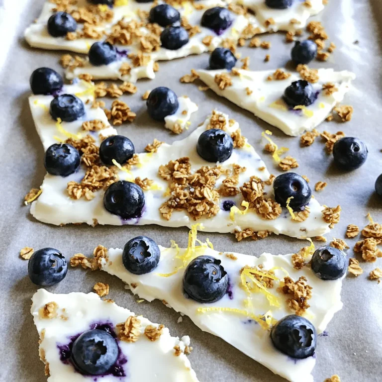 For this tasty treat, gather these simple ingredients: - 2 cups plain Greek yogurt - 1/4 cup honey or maple syrup - Zest of 1 lemon - 2 tablespoons lemon juice - 1 cup fresh blueberries - 1/2 cup granola (for topping) - A pinch of sea salt These ingredients come together to create a creamy, refreshing snack. The Greek yogurt gives a rich base, while the honey or maple syrup adds just the right sweetness. The lemon zest and juice bring a bright, tangy flavor that pairs perfectly with the blueberries. You can mix things up by adding some optional ingredients. Consider trying: - Sliced almonds or walnuts for extra crunch - Shredded coconut for a tropical twist - Chopped strawberries or raspberries for more fruity flavors - A sprinkle of cinnamon for warmth These add-ins let you personalize the bark to your taste. They also make it more fun and exciting. If you have specific dietary needs, you can easily swap some ingredients. Here are a few ideas: - Use dairy-free yogurt for a vegan option. - Replace honey with agave syrup for a plant-based sweetener. - Use a sugar-free yogurt if you want to cut down on sugar. These substitutions keep the bark delicious while fitting your lifestyle. Enjoy making this snack your own! To make Lemon Blueberry Greek Yogurt Bark, you need to prepare your tools and ingredients. First, gather a baking sheet and parchment paper. You will also need a large mixing bowl and a spatula. 1. Line your baking sheet with parchment paper. Make sure some paper hangs over the edges. This helps with easy removal later. 2. In your mixing bowl, add 2 cups of plain Greek yogurt. Then, pour in 1/4 cup of honey or maple syrup. 3. Add the zest of 1 lemon and 2 tablespoons of lemon juice. Don't forget a pinch of sea salt. Mix everything well until it's smooth and creamy. 4. Next, pour the yogurt mix onto the baking sheet. Use the spatula to spread it evenly. Aim for about 1/2 inch thick. 5. Now, sprinkle 1 cup of fresh blueberries on top. Gently press them down, so they stick in the yogurt. 6. For extra crunch, add 1/2 cup of granola on top. Spread it evenly across the surface. 7. Place the baking sheet in the freezer. Let it freeze for at least 3 hours. You want it completely frozen. 8. After freezing, take the bark out. Peel it off the parchment paper. You can break it into pieces or cut it into squares. To get a creamy texture, use full-fat Greek yogurt. This keeps the bark smooth and rich. When spreading the yogurt, make sure it's even. This helps it freeze uniformly. If you want a bit more crunch, add more granola. Enjoy your refreshing Lemon Blueberry Greek Yogurt Bark! For detailed ingredient measurements, check the Full Recipe. To get a creamy yogurt bark, use full-fat Greek yogurt. It has more fat and gives a richer taste. Mix your yogurt well with honey or maple syrup. This helps create a smooth base. Adding lemon zest and juice adds flavor and brightness. When freezing your yogurt bark, ensure it’s spread evenly. Aim for about 1/2 inch thick. This thickness helps it freeze well. Use parchment paper for easy removal. Leave some paper hanging over the edges. This makes it easier to lift out later. Serve your yogurt bark as a snack or dessert. It pairs nicely with fresh fruit or nuts. You can also drizzle chocolate on top for extra sweetness. Enjoy it with a cup of tea or coffee for a refreshing treat. For the complete steps, check out the Full Recipe. {{image_2}} You can swap blueberries for other fruits. Strawberries add sweetness and color. Raspberries give a tart kick. Sliced peaches offer a juicy bite. Bananas bring creaminess, too. Feel free to mix and match for fun flavors. Just remember to keep the fruit fresh and ripe. Try adding a splash of vanilla for warmth. A pinch of cinnamon can add spice. If you want some crunch, add nuts or seeds. For a tropical twist, use coconut flakes or mango. Mixing in a bit of chocolate can make it extra special. Be creative and find what you love. To make this bark dairy-free, use coconut yogurt. Almond or cashew yogurt also works well. Replace honey with maple syrup for a vegan option. You can add nut butter for extra creaminess. With these swaps, you can enjoy this treat without dairy. To keep your lemon blueberry Greek yogurt bark fresh, store it in an airtight container. This helps prevent freezer burn and keeps the bark from absorbing other odors. Make sure to layer parchment paper between pieces if stacking. This way, the pieces won’t stick together. When stored properly, your yogurt bark will last for up to two months in the freezer. After this time, it may lose some flavor and texture. To enjoy the best taste, aim to eat it within four weeks. To enjoy your yogurt bark, take it out of the freezer. Let it sit at room temperature for about 5 to 10 minutes. If you want, you can also place it in the fridge overnight to thaw. Avoid using a microwave, as this can make the bark too soft. Instead, let it thaw naturally for the best texture. For the full recipe, check the earlier section. You can use any yogurt you like, but Greek yogurt works best. It has a thick and creamy texture. This makes the bark rich and satisfying. Other yogurts may not hold their shape well when frozen. The yogurt bark needs about 3 hours to freeze fully. If it is too soft, let it freeze longer. Check it after 3 hours. It should be hard and ready to break into pieces. To cut the frozen bark, use a sharp knife. Warm the knife in hot water for easier cutting. Clean the knife after each cut to keep the edges neat. You can also break it into pieces with your hands for a rustic look. Yes, you can make it a few days in advance. Just store it in an airtight container in the freezer. This way, you can enjoy a refreshing snack whenever you want. Absolutely! Kids love the sweet taste and fun texture. It's a great way to get them to eat yogurt and fruit. You can even let them help with adding toppings for added fun. For the full recipe, check the earlier sections. Lemon Blueberry Greek Yogurt Bark is simple and fun to make. We explored its main ingredients and how to customize your bark. I shared tips for a great texture and discussed storage options. Remember, you can mix flavors and fruits for variety. This treat is not only tasty but also healthy. Try it out and enjoy a refreshing snack you can make with ease. It’s a fun way to get creative in the kitchen!